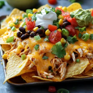 - 1 pound boneless, skinless chicken breasts - 1 bag tortilla chips - 1 cup shredded cheddar cheese - 2 tablespoons chipotle powder - 1 teaspoon smoked paprika - 1 teaspoon garlic powder - 1 teaspoon onion powder - Salt and pepper to taste - 1 cup black beans, rinsed and drained - ½ cup corn kernels (fresh, frozen, or canned) - 1 medium jalapeño, sliced (optional) - ½ cup diced tomatoes - ¼ cup sliced green onions - Fresh cilantro for garnish When I make these Sheet Pan Chipotle Chicken Nachos, I start with the main ingredients. The chicken forms the base, giving you protein and flavor. I choose boneless, skinless chicken breasts for a lean option. The tortilla chips provide that wonderful crunch. I love a solid layer of shredded cheddar cheese. It melts beautifully over everything. Next, I focus on the spices and seasonings. Chipotle powder brings in that smoky heat. I also add smoked paprika for deep flavor. Garlic and onion powder give a savory kick. Salt and pepper balance the dish, enhancing all the flavors. Lastly, I love to pile on the additional toppings. Black beans add fiber and creaminess. Corn gives a touch of sweetness. If you like heat, slice the jalapeño to add some spice. Diced tomatoes bring freshness, while green onions add a nice crunch. Finally, I finish everything with fresh cilantro for a pop of color and flavor. - Preheat the oven to 400°F (200°C). - In a bowl, mix 2 tablespoons of chipotle powder, 1 teaspoon of smoked paprika, 1 teaspoon of garlic powder, 1 teaspoon of onion powder, 2 tablespoons of olive oil, and salt and pepper to taste. - Rub this mix on 1 pound of boneless, skinless chicken breasts. - Place the chicken in a baking dish and bake for 20-25 minutes. - Check if the chicken is fully cooked; it should reach an internal temperature of 165°F (75°C). - After baking, let it cool for a few minutes, then shred it with two forks. - Spread a bag of tortilla chips evenly on a sheet pan. - Layer the toppings: add half of the shredded cheddar cheese, then the shredded chicken, 1 cup of rinsed black beans, ½ cup of corn kernels, jalapeño slices (if using), and ½ cup of diced tomatoes. - Finish by adding the rest of the cheddar cheese on top. - Bake the nachos for an additional 10-15 minutes until the cheese is melted and bubbly. - Once out of the oven, garnish with ¼ cup of sliced green onions and fresh cilantro. - Serve hot with sour cream and guacamole on the side for dipping. To make the best nachos, cook the chicken to an internal temperature of 165°F (75°C). This ensures the chicken is safe to eat. Use a meat thermometer for accuracy. After cooking, let the chicken cool for a few minutes. Cooling helps the juices settle. This keeps the chicken moist when you shred it. Shredding warm chicken can lead to dry meat. For the best melt, use shredded cheddar cheese. Cheddar melts well and adds a rich flavor. You can mix it with Monterey Jack for extra creaminess. To get crispy cheese, use the broiler. After baking your nachos, turn on the broiler for 1-2 minutes. Watch closely to avoid burning. This step gives your nachos a nice golden top. Serve your nachos right on the sheet pan. This makes for a fun, casual meal. To make it pop, add fresh garnishes. Use cilantro and lime wedges for color. Squeeze lime over the nachos for a zesty kick. This not only looks great but also enhances the flavor. {{image_2}} You can switch up the protein in your nachos. Ground turkey or beef works great. Simply cook the meat with the same spices. For a meatless option, try roasted veggies or tofu. Tofu has a great texture and soaks up flavors well. Roasted peppers, zucchini, or mushrooms add a tasty twist. Cheese is key for flavor. Mixing different cheeses adds depth. Try pepper jack for a kick or mozzarella for stretch. If you need dairy-free options, look for dairy-free cheeses. Many brands offer great substitutes that melt well. Just make sure to check the labels for taste and texture. Toppings can make your nachos unique. Add sliced olives for a briny touch or fresh avocado for creaminess. Salsa brings freshness and a little heat. You can also change the spice level by using different peppers. Consider adding diced jalapeños for heat or sweet bell peppers for crunch. The choices are endless! After enjoying your nachos, storing leftovers is key. Allow the nachos to cool down first. Place them in an airtight container. Try to separate the toppings from the chips. This helps keep the chips crunchy. You can store nachos in the fridge for up to three days. If the nachos sit longer, they may become soggy. Reheating nachos can be tricky. You want to keep them crispy. The oven is your best friend here. Preheat it to 350°F (175°C). Spread the nachos on a sheet pan and bake for about 10 minutes. This method crisps the chips and melts the cheese nicely. The microwave works too, but it can make the chips soft. If you use the microwave, heat in short bursts. Check every 30 seconds to avoid sogginess. Can you freeze nachos? Yes, but it’s best to freeze them without toppings. Prepare the nachos with just chips and cheese. Wrap them tightly in plastic wrap and foil. Store them in the freezer for up to three months. When you're ready to eat, thaw in the fridge overnight. Reheat in the oven using the method above. This way, you get that fresh taste again! To spice up your nachos, add extra chipotle powder. You can also mix in cayenne pepper or use a spicy salsa. If you like fresh heat, top with more sliced jalapeños. For a smoky flavor, try adding diced green chiles. These choices will give your nachos a zesty kick. Yes, you can prep ingredients ahead. Cook the chicken and shred it earlier in the day. Store it in the fridge until you are ready to assemble. You can also chop the veggies and measure out the cheese. Just keep everything in airtight containers. This way, your nacho-making will be quick and easy. Nachos pair well with many sides. Serve with a fresh salad or guacamole for balance. You could also add a side of black bean soup. For drinks, try a cold beer or a fruity mocktail. These options will round out your nacho feast nicely. In this post, we explored how to make delicious Sheet Pan Chipotle Chicken Nachos. We covered key ingredients like chicken, cheese, and spices, plus how to assemble and bake them perfectly. I shared tips for cooking chicken and melting cheese that will help you create a great dish. Remember, you can customize with different proteins and toppings. Enjoy your nachos fresh but don't forget to store leftovers properly. With these guidelines, you can make nachos that impress every time. Get creative in the kitchen and make them your own!