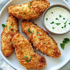 - 1 pound chicken tenderloins - 1 cup buttermilk - 1 teaspoon garlic powder - 1 teaspoon onion powder - 1 teaspoon paprika - 1 teaspoon salt - ½ teaspoon black pepper - 1 cup breadcrumbs (panko preferred for extra crunch) - ½ cup all-purpose flour - Cooking spray - ½ cup ranch dressing (for dipping) The heart of this recipe is the chicken tenderloins. These pieces are juicy and tender. Using buttermilk in the marinade makes the chicken extra moist. It also adds great flavor. The spices like garlic powder, onion powder, paprika, salt, and black pepper give the chicken a bold taste. The coating is key for that crunchy bite. I prefer panko breadcrumbs for a crispy finish. All-purpose flour helps the breadcrumbs stick better. Don’t forget cooking spray! This little step ensures your chicken turns out golden and crisp. Lastly, ranch dressing is a must for dipping. It adds a creamy touch that pairs perfectly with the crispy chicken. With these ingredients ready, you’re on your way to making tasty air fryer crispy chicken tenders. Start by mixing buttermilk with garlic powder, onion powder, paprika, salt, and black pepper. This mix will add great flavor. Take your chicken tenderloins and toss them in the buttermilk mixture. Make sure they are fully coated. Cover the bowl and put it in the fridge for at least 30 minutes. This marinating time helps the chicken soak up all those tasty spices. Now, let’s set up our coating stations. Take a shallow dish and spread out the all-purpose flour. In another dish, pour in the panko breadcrumbs. Keep these stations close. You will need them soon to coat the chicken. Once the chicken has marinated, take it out of the fridge. Let any extra buttermilk drip off. First, dredge each tenderloin in the flour. Make sure they are fully coated. Next, dip them back in the buttermilk for a moment. Finally, roll them in the panko breadcrumbs. Press the breadcrumbs onto the chicken so they stick well. Before cooking, preheat your air fryer. Set it to 400°F (200°C) and let it heat up for about 5 minutes. This step is key for getting that nice, crispy texture. Lightly spray the air fryer basket with cooking spray. Place the chicken tenders in a single layer. Do not overcrowd them, as they need space to cook. Spray the tops of the tenders lightly with cooking spray for extra crispiness. Cook them for 10 to 12 minutes. Flip them halfway through. Keep an eye on them until they turn golden brown and crisp. Ensure the chicken reaches an internal temperature of 165°F (75°C). Once your chicken tenders are done, take them out of the air fryer. Let them cool for a moment. Serve them hot with a side of ranch dressing for dipping. This adds a nice creaminess that pairs perfectly with the crispy chicken. Enjoy your delicious creation! To get that perfect crunch, use panko breadcrumbs. Panko is lighter and airier than regular breadcrumbs. This helps create a crispy texture that you will love. When you coat the chicken, make sure to press the panko onto the chicken. This helps it stick better. Cooking spray plays a big role too. Lightly spray the tops of the chicken tenders just before cooking. This adds more crispiness while keeping the chicken moist inside. Marinating the chicken is crucial. I recommend letting it sit for at least 30 minutes. This helps the chicken soak up all the flavors from the buttermilk and spices. Longer marination can make it even tastier. If you can, marinate for a few hours. The chicken will turn out juicy and full of flavor. When air frying, do not overcrowd the basket. Cook in small batches instead. This allows hot air to circulate around each piece. If the chicken is too close, it won’t crisp up well. After cooking one batch, keep the tenders warm in the oven. Set it to a low temperature. This way, they stay warm and ready to serve! {{image_2}} To make your chicken tenders even tastier, try adding spices and herbs. Here are some great options: - Cayenne pepper for heat - Dried oregano for an Italian twist - Chili powder for a smoky flavor - Thyme for a fresh taste Mix and match these to create your flavor profile. You can also try lemon zest for brightness or smoked paprika for depth. If you want a gluten-free meal, you can swap the flour and breadcrumbs. Use almond flour or coconut flour instead of regular flour. For the coating, try gluten-free panko or crushed cornflakes. These options give the same crunch without the gluten. Always check labels to ensure they are certified gluten-free. Pair your crispy chicken tenders with delicious sides and dips. Here are some ideas: - Sweet potato fries for a tasty contrast - Coleslaw for a crunchy side - Fresh veggies like carrots or celery sticks For dipping, ranch dressing is a classic choice. You can also try honey mustard or BBQ sauce. These pairs will make your meal even more enjoyable! To keep your chicken tenders fresh, let them cool first. Place them in an airtight container. Store them in the fridge for up to three days. Make sure to separate layers with parchment paper. This helps prevent sticking and keeps them nice. Reheating can be tricky. You want them crispy again. Use your air fryer to reheat. Set it to 350°F (175°C). Heat for about 5-7 minutes. This method keeps them crunchy. You can also use an oven. Set it to 375°F (190°C) and bake for 10-12 minutes. Freezing is a great way to save extras. Allow cooked chicken tenders to cool completely. Place them in a freezer bag. Remove as much air as possible. They can stay frozen for up to three months. When ready to eat, thaw them in the fridge overnight before reheating. I recommend marinating the chicken for at least 30 minutes. This time helps the chicken soak up the flavors. For even better results, try marinating for 1-2 hours. The longer marination makes the chicken tender and tasty. Yes, you can use frozen chicken tenderloins! However, make sure to thaw them first. You can thaw them overnight in the fridge or use the defrost setting on your microwave. Once thawed, proceed with the buttermilk marinade. Chicken tenders should reach an internal temperature of 165°F (75°C). Use a meat thermometer to check. This ensures they are safe to eat and perfectly cooked. Making ranch dressing is simple! Mix together: - 1/2 cup mayonnaise - 1/2 cup sour cream - 1 tablespoon dried dill - 1 teaspoon garlic powder - 1 teaspoon onion powder - Salt and pepper to taste Whisk until smooth, then serve with the chicken tenders. Yes, you can cook chicken tenders without breadcrumbs. For a lighter option, skip the coating. Marinate the chicken and cook it directly in the air fryer. The tenders will still be juicy and flavorful without the crunch. In this blog post, we covered how to make crispy air-fried chicken tenders. You learned about key ingredients, including a buttermilk marinade, seasonings, and the right coating. Followed by step-by-step instructions, I highlighted tips to achieve the perfect crunch. Variations and storage information ensure you can adapt recipes to your taste and keep leftovers fresh. Enjoy your delicious chicken tenders, and remember that small tweaks can lead to big flavors!
