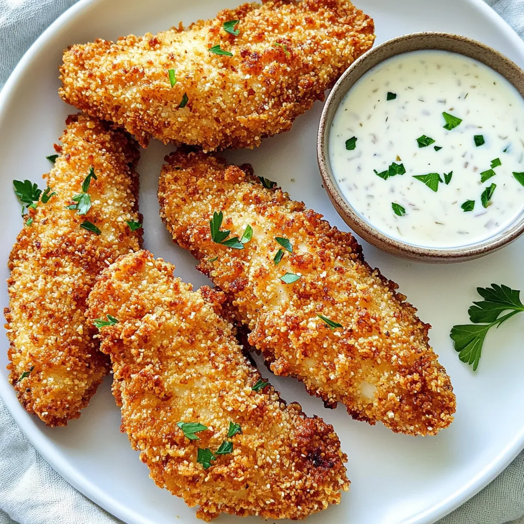 - 1 pound chicken tenderloins - 1 cup buttermilk - 1 teaspoon garlic powder - 1 teaspoon onion powder - 1 teaspoon paprika - 1 teaspoon salt - ½ teaspoon black pepper - 1 cup breadcrumbs (panko preferred for extra crunch) - ½ cup all-purpose flour - Cooking spray - ½ cup ranch dressing (for dipping) The heart of this recipe is the chicken tenderloins. These pieces are juicy and tender. Using buttermilk in the marinade makes the chicken extra moist. It also adds great flavor. The spices like garlic powder, onion powder, paprika, salt, and black pepper give the chicken a bold taste. The coating is key for that crunchy bite. I prefer panko breadcrumbs for a crispy finish. All-purpose flour helps the breadcrumbs stick better. Don’t forget cooking spray! This little step ensures your chicken turns out golden and crisp. Lastly, ranch dressing is a must for dipping. It adds a creamy touch that pairs perfectly with the crispy chicken. With these ingredients ready, you’re on your way to making tasty air fryer crispy chicken tenders. Start by mixing buttermilk with garlic powder, onion powder, paprika, salt, and black pepper. This mix will add great flavor. Take your chicken tenderloins and toss them in the buttermilk mixture. Make sure they are fully coated. Cover the bowl and put it in the fridge for at least 30 minutes. This marinating time helps the chicken soak up all those tasty spices. Now, let’s set up our coating stations. Take a shallow dish and spread out the all-purpose flour. In another dish, pour in the panko breadcrumbs. Keep these stations close. You will need them soon to coat the chicken. Once the chicken has marinated, take it out of the fridge. Let any extra buttermilk drip off. First, dredge each tenderloin in the flour. Make sure they are fully coated. Next, dip them back in the buttermilk for a moment. Finally, roll them in the panko breadcrumbs. Press the breadcrumbs onto the chicken so they stick well. Before cooking, preheat your air fryer. Set it to 400°F (200°C) and let it heat up for about 5 minutes. This step is key for getting that nice, crispy texture. Lightly spray the air fryer basket with cooking spray. Place the chicken tenders in a single layer. Do not overcrowd them, as they need space to cook. Spray the tops of the tenders lightly with cooking spray for extra crispiness. Cook them for 10 to 12 minutes. Flip them halfway through. Keep an eye on them until they turn golden brown and crisp. Ensure the chicken reaches an internal temperature of 165°F (75°C). Once your chicken tenders are done, take them out of the air fryer. Let them cool for a moment. Serve them hot with a side of ranch dressing for dipping. This adds a nice creaminess that pairs perfectly with the crispy chicken. Enjoy your delicious creation! To get that perfect crunch, use panko breadcrumbs. Panko is lighter and airier than regular breadcrumbs. This helps create a crispy texture that you will love. When you coat the chicken, make sure to press the panko onto the chicken. This helps it stick better. Cooking spray plays a big role too. Lightly spray the tops of the chicken tenders just before cooking. This adds more crispiness while keeping the chicken moist inside. Marinating the chicken is crucial. I recommend letting it sit for at least 30 minutes. This helps the chicken soak up all the flavors from the buttermilk and spices. Longer marination can make it even tastier. If you can, marinate for a few hours. The chicken will turn out juicy and full of flavor. When air frying, do not overcrowd the basket. Cook in small batches instead. This allows hot air to circulate around each piece. If the chicken is too close, it won’t crisp up well. After cooking one batch, keep the tenders warm in the oven. Set it to a low temperature. This way, they stay warm and ready to serve! {{image_2}} To make your chicken tenders even tastier, try adding spices and herbs. Here are some great options: - Cayenne pepper for heat - Dried oregano for an Italian twist - Chili powder for a smoky flavor - Thyme for a fresh taste Mix and match these to create your flavor profile. You can also try lemon zest for brightness or smoked paprika for depth. If you want a gluten-free meal, you can swap the flour and breadcrumbs. Use almond flour or coconut flour instead of regular flour. For the coating, try gluten-free panko or crushed cornflakes. These options give the same crunch without the gluten. Always check labels to ensure they are certified gluten-free. Pair your crispy chicken tenders with delicious sides and dips. Here are some ideas: - Sweet potato fries for a tasty contrast - Coleslaw for a crunchy side - Fresh veggies like carrots or celery sticks For dipping, ranch dressing is a classic choice. You can also try honey mustard or BBQ sauce. These pairs will make your meal even more enjoyable! To keep your chicken tenders fresh, let them cool first. Place them in an airtight container. Store them in the fridge for up to three days. Make sure to separate layers with parchment paper. This helps prevent sticking and keeps them nice. Reheating can be tricky. You want them crispy again. Use your air fryer to reheat. Set it to 350°F (175°C). Heat for about 5-7 minutes. This method keeps them crunchy. You can also use an oven. Set it to 375°F (190°C) and bake for 10-12 minutes. Freezing is a great way to save extras. Allow cooked chicken tenders to cool completely. Place them in a freezer bag. Remove as much air as possible. They can stay frozen for up to three months. When ready to eat, thaw them in the fridge overnight before reheating. I recommend marinating the chicken for at least 30 minutes. This time helps the chicken soak up the flavors. For even better results, try marinating for 1-2 hours. The longer marination makes the chicken tender and tasty. Yes, you can use frozen chicken tenderloins! However, make sure to thaw them first. You can thaw them overnight in the fridge or use the defrost setting on your microwave. Once thawed, proceed with the buttermilk marinade. Chicken tenders should reach an internal temperature of 165°F (75°C). Use a meat thermometer to check. This ensures they are safe to eat and perfectly cooked. Making ranch dressing is simple! Mix together: - ½ cup mayonnaise - ½ cup sour cream - 1 tablespoon dried dill - 1 teaspoon garlic powder - 1 teaspoon onion powder - Salt and pepper to taste Whisk until smooth, then serve with the chicken tenders. Yes, you can cook chicken tenders without breadcrumbs. For a lighter option, skip the coating. Marinate the chicken and cook it directly in the air fryer. The tenders will still be juicy and flavorful without the crunch. In this blog post, we covered how to make crispy air-fried chicken tenders. You learned about key ingredients, including a buttermilk marinade, seasonings, and the right coating. Followed by step-by-step instructions, I highlighted tips to achieve the perfect crunch. Variations and storage information ensure you can adapt recipes to your taste and keep leftovers fresh. Enjoy your delicious chicken tenders, and remember that small tweaks can lead to big flavors!