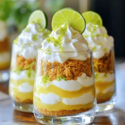 For my Key Lime Pie Parfaits, I focus on a few key ingredients. Each one plays a role in creating that creamy delight. Here’s what you need: - 1 cup key lime juice (freshly squeezed, if possible) - 1 (8 oz) package cream cheese, softened - 1 (14 oz) can sweetened condensed milk - 1 teaspoon vanilla extract - 1 cup whipped topping (like Cool Whip) - 1 cup graham cracker crumbs - 2 tablespoons melted butter - Zest of 2 limes (for garnish) - Lime slices (for garnish) The key lime juice gives that tart flavor we love. The cream cheese and sweetened condensed milk bring creaminess. The whipped topping adds lightness, while the graham cracker crumbs give a crunchy base. You can swap some ingredients if needed. Here are my go-to options: - Key lime juice: Bottled key lime juice works but may lack freshness. - Cream cheese: Use mascarpone for a different cream flavor. - Sweetened condensed milk: Try coconut milk for a dairy-free version. - Whipped topping: You could use homemade whipped cream instead. - Graham cracker crumbs: Use crushed cookies or nuts for variety. These swaps help keep the taste close to the classic while allowing flexibility based on what you have on hand. To make these parfaits, you’ll need a few simple tools: - Mixing bowls - Electric mixer - Measuring cups and spoons - Serving glasses or bowls - Spatula for folding These tools make the process smooth and easy. You can make these parfaits in just a few steps with the right setup. To start, take one cup of graham cracker crumbs and two tablespoons of melted butter. In a medium bowl, mix the crumbs and butter until the crumbs are well coated. Grab your serving glasses or bowls for the parfaits. Spoon a layer of the graham cracker mixture into the bottom of each glass. Press it down gently to form a solid crust layer. This crust is the base of your parfait and adds that classic key lime pie crunch. Now for the creamy, zesty filling! In a large mixing bowl, beat one package of softened cream cheese until it is smooth. This step is key for a creamy texture. Next, add one can of sweetened condensed milk slowly while mixing. Then, pour in one cup of freshly squeezed key lime juice and one teaspoon of vanilla extract. Mix everything together well until it’s all blended into a creamy filling. Finally, gently fold in one cup of whipped topping. This will give the filling a light and fluffy texture that tastes heavenly. It’s time to put everything together! Start with a spoonful of the graham cracker crust in each glass. Then add a layer of the key lime filling on top. Smooth it out with a spatula for a nice finish. Repeat this process: add more graham cracker crust, followed by more key lime filling. Keep layering until the glasses are full, making sure the last layer is the creamy filling. Once you’ve finished layering, place the parfaits in the refrigerator for at least two hours. This chilling time helps the flavors meld and sets the filling. Before serving, add a sprinkle of lime zest and a slice of lime on top for a lovely touch. To get a smooth and creamy filling, start with soft cream cheese. If it’s too cold, your mixture will be lumpy. Use an electric mixer to beat the cream cheese well before adding other ingredients. Gradually mix in the sweetened condensed milk and key lime juice. This helps to combine everything better. Lastly, gently fold in the whipped topping. This keeps your filling light and fluffy, which is key for parfaits. Chilling is very important for these parfaits. After you layer the filling and crust, place them in the fridge. Let them chill for at least two hours. This helps the flavors blend and the filling to set. If you can wait longer, try to chill overnight. The longer they sit, the better they taste. Just remember to cover them with plastic wrap to keep them fresh. For a great presentation, use clear glasses. This shows off the pretty layers of crust and filling. You can add a sprinkle of lime zest on top for color. A slice of lime on the edge adds a nice touch too. You may even serve with colorful straws for fun. These parfaits are perfect for parties or as a sweet treat after dinner. Enjoy! {{image_2}} Mini parfaits are a fun twist. Use small cups or shot glasses. They look cute and are easy to grab. Layer the graham cracker crumbs and key lime filling just like the larger version. Each guest can enjoy their own little treat. This idea is perfect for parties, picnics, or any gathering. You can even set up a parfait bar with toppings. You can add fruits for a new taste. Try strawberries, blueberries, or mango. These fruits add color and sweetness. Just chop them up and layer them with the key lime filling. The fresh fruit pairs well with the tart lime. It creates a bright and fruity variation. Mix and match your favorite fruits for a fun twist. For a gluten-free option, swap the graham crackers. Use gluten-free cookies instead. You can also use crushed nuts for a nutty flavor. Make sure to check the labels on your ingredients. Ensure all are gluten-free. This version still tastes great and works for those with gluten allergies. Enjoying key lime parfaits is now possible for everyone! To store leftover parfaits, cover them tightly with plastic wrap or a lid. Place them in the fridge. This keeps them fresh for a few days. Try to eat them within three days for the best taste. For the best flavor, store your key lime juice in an airtight container. Keep it in the fridge, where it can last up to one week. If you have extra graham cracker crumbs, seal them in a bag and store them in a cool, dry place. This keeps them crunchy and ready to use. Since this recipe does not require baking, reheating is not needed. Just enjoy the parfaits cold from the fridge. If you want a warm treat, consider making a key lime pie instead. Yes, you can use bottled key lime juice. However, fresh juice gives the best flavor. Fresh limes have a bright taste that enhances the parfait. If you use bottled juice, check for quality. Some brands may have added sugars or preservatives. This can change the overall sweetness and tanginess of your dessert. Key Lime Pie Parfaits last about 3 to 4 days in the fridge. Store them in airtight containers to keep them fresh. Over time, the graham cracker crust may soften. For the best texture, enjoy them within the first couple of days. If you notice any off smells or changes in texture, it's best to discard them. Absolutely! You can make these parfaits a day ahead. Just layer and chill them in the fridge. This helps the flavors blend and the filling set perfectly. Keep the garnishes, like lime zest and slices, until just before serving. This keeps them fresh and vibrant for a lovely presentation. In this blog post, we explored the key ingredients for Key Lime Pie Parfaits, along with substitutes and equipment needed. We provided step-by-step instructions for preparing the crust, filling, and assembling the parfaits. Helpful tips ensured a creamy texture and proper chilling. We also discussed fun variations like mini parfaits and gluten-free options. Finally, I shared storage tips to keep your parfaits fresh. Enjoy creating these treats, and don't hesitate to experiment with flavors to make them your own!