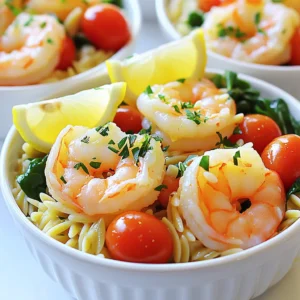 - 1 pound large shrimp, peeled and deveined - 1 cup orzo pasta - 4 tablespoons olive oil, divided - 4 cloves garlic, minced - Zest and juice of 1 large lemon - 1 teaspoon red pepper flakes (adjust to taste) - 1 cup cherry tomatoes, halved - 2 cups baby spinach - Salt and pepper to taste - Fresh parsley, chopped (for garnish) - Lemon wedges (for serving) - Large pot for boiling water - Large skillet for sautéing - Colander for draining orzo - Measuring cups and spoons - Knife and cutting board - Tongs or spatula for stirring - If you cannot find large shrimp, use medium shrimp. - You can swap orzo for any small pasta like couscous. - For a gluten-free option, try rice or quinoa. - Use garlic powder if fresh garlic is not available. - If you prefer less heat, reduce red pepper flakes or skip them. - Spinach can be replaced with kale or arugula for a twist. To start, bring a large pot of salted water to a boil. Add 1 cup of orzo pasta once the water is bubbling. Cook the orzo according to the package instructions until it is al dente, which usually takes about 8-10 minutes. Stir occasionally to keep it from sticking. Once it’s cooked, drain the orzo and set it aside. This pasta will be the base of your dish and soak up all those tasty flavors. Next, grab a large skillet and heat 2 tablespoons of olive oil over medium-high heat. Once the oil is hot, add 4 minced garlic cloves and 1 teaspoon of red pepper flakes. Sauté them for about 30 seconds until the garlic smells amazing. Then, add the 1 pound of peeled and deveined shrimp. Season the shrimp with salt and pepper. Cook the shrimp for about 2-3 minutes on each side. They should turn pink and opaque. Cooking shrimp too long will make them tough, so keep an eye on them! Now it’s time to bring everything together. Add the cooked orzo, 1 cup of halved cherry tomatoes, and 2 cups of baby spinach to the skillet. Zest and juice 1 large lemon, then add that in too. Drizzle the remaining 2 tablespoons of olive oil over the mixture. Toss everything gently to combine. Cook for another 2 minutes until the spinach wilts and everything is hot. This step is where all the flavors blend together. Once done, remove the skillet from heat. Serve the orzo mixture in bowls, and don’t forget to garnish with fresh chopped parsley. Add lemon wedges on the side for an extra burst of flavor. Enjoy your delicious Lemon Garlic Shrimp Orzo Bowls! To cook shrimp well, start with fresh or thawed shrimp. Heat your skillet over medium-high heat. Use two tablespoons of olive oil for a great sear. When the oil is hot, add minced garlic and red pepper flakes. Cook them for about 30 seconds. This step adds flavor. Next, add the shrimp. Cook them for 2-3 minutes on each side. They should turn pink and opaque. Avoid overcooking. Overcooked shrimp can become tough. Remember, they cook quickly! If you like spice, add more red pepper flakes. Start with the teaspoon in the recipe. You can always add more later. For a milder dish, cut the flakes to half a teaspoon. The lemon juice and zest balance the spice well. You can also add a pinch of salt and pepper to enhance the taste. Taste as you cook. Adjust the flavors to your liking. This dish is all about your preferences. Presentation makes a meal more inviting. Use deep bowls for serving. This allows you to layer the orzo and shrimp nicely. Start with a base of orzo. Add shrimp, spinach, and tomatoes on top. Finish with a sprinkle of fresh parsley. Place lemon wedges on the side. This adds color and zest. You can also add a drizzle of olive oil for shine. Serve warm for the best experience. Enjoy your vibrant, tasty meal! {{image_2}} You can easily change the flavor by adding different vegetables. Try bell peppers for sweetness. Zucchini adds a nice crunch. Broccoli or asparagus brings a fresh taste. For a colorful dish, use a mix of these veggies. Just add them when you toss the orzo. This way, they cook lightly but keep their texture. If you want a simple clean-up, make this a one-pot meal. Start by cooking the orzo in the same pot. After you drain it, use the same pot for the shrimp. This saves time and dishes. Just follow the same steps and enjoy all the flavors in one pot. It’s a great way to keep the cooking process quick and easy. Don’t feel tied to shrimp. You can use chicken or tofu instead. For chicken, cut it into small pieces and cook until golden. Tofu can be cubed and sautéed until crisp. Adjust cooking times to make sure everything is cooked through. This gives you more choices while keeping the dish delicious. To keep your Lemon Garlic Shrimp Orzo Bowls fresh, first let them cool. Store them in an airtight container. Make sure to keep leftovers in the fridge. They will stay good for up to three days. If you want to keep them longer, freezing is a great option. When reheating, I suggest using a skillet. Add a splash of water or olive oil. Heat over medium-low until warmed through. Stir often to avoid sticking. You can also use a microwave. Place in a microwave-safe bowl and cover it. Heat in short bursts, stirring in between. To freeze, place the cooled orzo bowls in freezer bags. Squeeze out all the air before sealing. Label the bags with the date. They can last up to three months in the freezer. When you’re ready to eat, thaw them overnight in the fridge. Reheat as mentioned above for the best taste. Yes, you can use frozen shrimp. Just thaw them first. Place them in cold water for about 15 minutes. This makes them easier to cook. Frozen shrimp can taste great in this dish. If you do not have orzo, you can use other small pasta shapes. Options include ditalini, couscous, or even quinoa. These work well and still give a nice texture to the dish. The spice level depends on the red pepper flakes. Start with one teaspoon for mild heat. You can add more if you like it spicy. Always taste as you go to get the heat right. Yes, you can prepare this dish ahead of time. Cook the orzo and shrimp, then mix them. Store in the fridge for up to two days. Just reheat before serving. Adding fresh spinach at the end keeps it bright and tasty. In this blog post, I covered how to cook a tasty shrimp and orzo dish. I went over key ingredients, tools, and useful substitutions. You also learned step-by-step cooking instructions, tips for perfect shrimp, and ideas for variations. Finally, I shared how to store leftovers and answered common questions. Cooking can be fun and easy. With these tips, you can create a great meal and impress your friends. Enjoy your cooking journey!