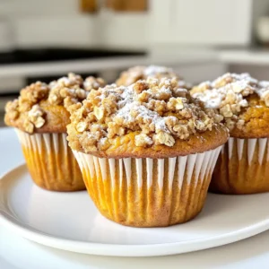 To make pumpkin streusel muffins, you need a few key items. Here’s what you will need: - 1 cup canned pumpkin puree - 1/2 cup vegetable oil - 3/4 cup brown sugar, packed - 1/2 cup granulated sugar - 2 large eggs - 1 teaspoon vanilla extract - 1 1/2 cups all-purpose flour - 1 teaspoon baking soda - 1 teaspoon baking powder - 1 teaspoon ground cinnamon - 1/2 teaspoon ground nutmeg - 1/4 teaspoon ground ginger - 1/4 teaspoon salt These ingredients create a moist and flavorful muffin. The pumpkin puree gives a rich taste and a lovely color. The streusel topping adds a crunchy texture. You will need the following for it: - 1/2 cup rolled oats - 1/3 cup all-purpose flour - 1/4 cup brown sugar, packed - 1/4 cup unsalted butter, melted - 1 teaspoon ground cinnamon Mix these ingredients to create a crumbly blend. This topping is what makes your muffins feel like a treat from a bakery. You can enhance your muffins with fun add-ins. Here are some great options: - Chopped nuts like walnuts or pecans - Chocolate chips for a sweet twist - Dried fruit like cranberries or raisins These add-ins can bring new flavors and textures to your muffins. Feel free to get creative! To start, preheat your oven to 350°F (175°C). Line a muffin tin with paper liners or grease it with cooking spray. In a big bowl, mix together: - 1 cup canned pumpkin puree - 1/2 cup vegetable oil - 3/4 cup brown sugar, packed - 1/2 cup granulated sugar - 2 large eggs - 1 teaspoon vanilla extract Stir until everything looks smooth. In another bowl, whisk these dry ingredients: - 1 1/2 cups all-purpose flour - 1 teaspoon baking soda - 1 teaspoon baking powder - 1 teaspoon ground cinnamon - 1/2 teaspoon ground nutmeg - 1/4 teaspoon ground ginger - 1/4 teaspoon salt Now, slowly add the dry mix to the wet mix. Stir gently until just combined. Be careful not to overmix. This can make your muffins tough. In a separate bowl, prepare the streusel topping. Combine: - 1/2 cup rolled oats - 1/3 cup all-purpose flour - 1/4 cup brown sugar, packed - 1/4 cup unsalted butter, melted - 1 teaspoon ground cinnamon Mix until it looks crumbly. This topping adds a sweet crunch to your muffins. Now, scoop the muffin batter into your lined muffin tin. Fill each cup about 2/3 full. Sprinkle the streusel topping generously over each muffin. Bake in your preheated oven for 18 to 22 minutes. Use a toothpick to check if they are done. When the toothpick comes out clean, they are ready. Once baked, remove the muffins from the oven. Let them cool in the pan for about 5 minutes. Then, transfer them to a wire rack to cool completely. Enjoy the warm, sweet smell as they cool. To get that perfect bakery-style muffin, focus on mixing. First, mix your wet and dry ingredients separately. When you combine them, mix gently. Stop as soon as you see no dry flour. Overmixing makes muffins tough. Also, fill your muffin cups 2/3 full for the right rise. One big mistake is using old baking powder and baking soda. Always check their freshness. Another mistake is skipping the streusel topping. It adds a nice crunch and flavor. Lastly, don't open the oven too soon. This can cause your muffins to sink in the middle. For precise measuring, use dry measuring cups for flour and sugar. Spoon the flour into the cup, then level it off with a knife. Avoid packing it down. For liquids, use a liquid measuring cup. Check the measurement at eye level for accuracy. This ensures your muffins turn out just right every time. {{image_2}} You can add nutmeg or cloves for a warm taste. Simply use one teaspoon of ground nutmeg. This spice deepens the pumpkin flavor. If you prefer cloves, add a quarter teaspoon. Cloves give a bold, cozy note. Mix these spices into the dry ingredients before combining them with the wet mixture. To make these muffins gluten-free, swap all-purpose flour for a gluten-free blend. Check that the blend contains xanthan gum. For a vegan option, replace eggs with flax eggs. Use one tablespoon of ground flaxseed mixed with three tablespoons of water per egg. Let it sit until it thickens. Also, use a plant-based oil in place of vegetable oil. Adding nuts or chocolate chips can enhance the muffins. Chopped walnuts or pecans add crunch and flavor. Gently fold in half a cup of nuts into the batter. For a sweet twist, add chocolate chips. Use the same amount; half a cup works well. This creates a delightful surprise in each bite. To keep your pumpkin streusel muffins fresh, place them in an airtight container. This helps lock in moisture and keeps them soft. You can store them at room temperature for up to three days. If you need them to last longer, consider refrigeration. Just remember to let them come back to room temp before serving. Freezing these muffins is easy. First, let them cool completely. Next, wrap each muffin in plastic wrap or place them in a freezer bag. Be sure to remove as much air as possible. Label the bag with the date. You can freeze them for up to three months. When you’re ready to enjoy, just thaw them overnight in the fridge. To reheat your muffins, you can use the microwave or the oven. If using the microwave, heat them for about 15-20 seconds. For the oven, preheat it to 350°F (175°C) and warm the muffins for 5-10 minutes. This will bring back their fresh-baked taste and aroma. Enjoy your muffins warm for the best flavor! Yes, you can use fresh pumpkin. First, cook the pumpkin until soft. Then, blend it into a smooth puree. This can give your muffins a fresh taste and texture. Just make sure to drain any excess water to keep the muffins from getting soggy. Pumpkin muffins last about 3 to 5 days at room temperature. Store them in an airtight container. For longer storage, you can refrigerate them for up to a week. Always check for mold or off smells before eating. Yes, you can make mini muffins! Use a mini muffin tin and adjust the baking time. Bake them for about 10 to 15 minutes. Check for doneness with a toothpick. They should be golden and spring back when lightly touched. You can serve pumpkin streusel muffins with various treats. A hot cup of coffee or tea pairs well. For a fun twist, try spreading cream cheese or butter on warm muffins. You can also serve them with a scoop of vanilla ice cream for a dessert option. You now have all you need to make perfect pumpkin streusel muffins. We covered key ingredients, step-by-step instructions, and helpful tips. You learned about variations to suit your taste and how to store your muffins for later. In making them, keep it simple. Enjoy the process and share your muffins with others. They are perfect for any occasion. Happy baking!