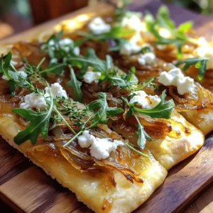 - Flatbread options: You can use store-bought or homemade flatbread. Store-bought saves time, while homemade offers more control over texture and flavor. If you make it yourself, you can choose the thickness you like best. - Types of onions: I recommend using yellow or sweet onions. Yellow onions are great for caramelizing. They become sweet and rich when cooked. Sweet onions, like Vidalia, add a nice touch if you prefer a milder taste. - Goat cheese specifics: Choose soft goat cheese for a creamy texture. It melts beautifully and blends with the onions. Aged goat cheese gives a stronger flavor, which can add depth to the dish. - Balsamic vinegar variations: You can use regular balsamic vinegar or try flavored options. A dark balsamic adds sweetness, while white balsamic gives a lighter taste. - Spices and seasonings: Add red pepper flakes if you want some heat. Fresh herbs like thyme elevate the flavor. Feel free to mix in other herbs, like rosemary or oregano, for a twist. - Dietary alternatives: If you want a vegan option, use plant-based cheese. Many brands make great substitutes that melt nicely. You can also skip the cheese and add more veggies for flavor. To start, heat olive oil in a large skillet over medium heat. Add your sliced onions and a pinch of salt. Stir them often to ensure even cooking. This step takes about 15-20 minutes. You'll know they are done when they turn soft and golden brown. Add balsamic vinegar and cook for another 2-3 minutes. This gives a sweet and tangy flavor. Make sure to watch the heat; too high, and they can burn. Keep it steady for perfect caramelization. Next, preheat your oven to 400°F (200°C). Take a baking sheet and line it with parchment paper. This helps the flatbread cook evenly and prevents sticking. Place the flatbread on the sheet. You can use store-bought or homemade. For shape, feel free to make it round or rectangular. Just make sure it's about ¼ inch thick for the best texture. Now comes the fun part: assembling! Spread the caramelized onions evenly across the flatbread. Then, sprinkle the crumbled goat cheese on top. Add fresh thyme leaves, salt, and pepper. If you like a little heat, toss in some red pepper flakes. Once it's all layered, put the flatbread in the oven. Bake for 10-12 minutes. Look for crispy edges and warm cheese. When done, take it out and let it cool for a minute. Enjoy your delicious flatbread! To get sweet, golden onions, choose good oils. I like olive oil for its flavor. It adds richness to the onions. You can also try butter for a creamier taste. Avoid common mistakes while caramelizing. Don’t rush the heat. Keep it medium to low. High heat burns the onions. Stir them often, but not too much. You want them to stick just a little. This helps build flavor. Pair this flatbread with a fresh salad. A simple arugula or mixed greens salad works well. Add a light vinaigrette to balance the rich cheese. For drinks, a crisp white wine like Sauvignon Blanc is great. It cuts through the creamy goat cheese. For fun presentation, serve on a wooden board. Add a sprig of thyme on top. Drizzle with olive oil for a rustic look. This makes it pop on your table. {{image_2}} You can easily change up the flavors of your flatbread. Try using different cheeses. If you want a sharper taste, use feta cheese. For a creamier texture, go with ricotta. Both can work well with caramelized onions. You can also add other vegetables. Try roasted red peppers for sweetness. Spinach can add a fresh touch. Mushrooms will bring an earthy flavor. These swaps let you make the dish your own. Adding proteins can make your flatbread heartier. Grilled chicken brings a nice flavor. Crispy bacon gives a smoky touch. Both pair well with the goat cheese and onions. Herbs and spices can boost the taste too. Fresh basil or oregano can add depth. A sprinkle of garlic powder can give it a kick. If you like heat, red pepper flakes are a great option. These enhancements will take your flatbread to the next level. To keep your flatbread fresh, seal it well. Use plastic wrap or an airtight container. Store it in the fridge for up to three days. When you want to enjoy it again, reheat it in the oven. Set the oven to 350°F (175°C) and bake for about 5-7 minutes. This keeps the flatbread crispy. You can also use a toaster oven for this step. If you want to save your flatbread for later, freezing is a great choice. First, let the cooked flatbread cool completely. Wrap it tightly in plastic wrap and then in aluminum foil. This prevents freezer burn. It can last in the freezer for up to three months. When you're ready to eat it, take it out and thaw it in the fridge overnight. Reheat it in the oven at 350°F (175°C) for about 10-15 minutes. This method ensures it stays delicious. To caramelize onions fast, use a wide skillet. Heat the skillet on medium heat and add olive oil. Thinly slice your onions and add them to the pan. Stir in a pinch of salt. This helps draw out moisture. Cook for about 10-15 minutes, stirring often. If they start to brown too fast, lower the heat. You can add a splash of water to help soften them. This method makes sweet, soft onions in less time. Yes, you can prepare flatbread ahead. If you use store-bought flatbread, keep it in its package until you need it. If you make homemade flatbread, let it cool completely. Then, wrap it tightly in plastic wrap or foil. Store it in the fridge for up to three days. You can also freeze it for longer storage. Just thaw it in the fridge before baking. Many side dishes pair well with caramelized onion goat cheese flatbread. You can serve a fresh arugula salad with lemon vinaigrette. A light tomato salad adds color and flavor too. Roasted vegetables bring a nice contrast. For a heartier option, try a warm soup like tomato or butternut squash. These sides balance the rich flavors of the flatbread. To sum up, we explored the key ingredients for flatbread, including onions and goat cheese. I shared step-by-step tips for caramelizing onions and preparing flatbread. We discussed various flavor enhancements, optional ingredients, and how to serve your dish. Remember, perfecting each step makes your meal even tastier. Don't forget those simple storage tips for leftovers. Enjoy your tasty flatbread adventures, and let your creativity shine with every bite!