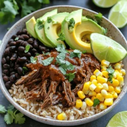 To make tasty chipotle barbacoa beef, gather these key ingredients: - 2 lbs beef chuck roast, cut into large chunks - 3 tablespoons chipotle peppers in adobo sauce, minced - 4 cloves garlic, minced - 1 onion, diced - 1 tablespoon ground cumin - 1 tablespoon ground coriander - 2 teaspoons dried oregano - ½ teaspoon black pepper - 1 cup beef broth - ¼ cup apple cider vinegar - Salt to taste You can make your barbacoa bowls even better with these tasty toppings: - 1 can (15 oz) black beans, rinsed and drained - 2 cups cooked brown rice - 1 cup corn kernels (fresh or frozen) - 1 ripe avocado, sliced - Fresh cilantro, chopped (for garnish) - Lime wedges (for serving) If you need to swap some ingredients, consider these options: - Use pork shoulder instead of beef for a different flavor. - Try lime juice instead of apple cider vinegar for a zesty twist. - Use vegetable broth for a lighter, meat-free option. - Quinoa can replace brown rice for a protein boost. These ingredients make a base for a meal that is both filling and flavorful. You can mix and match toppings to fit your taste. Enjoy the process of creating your own perfect barbacoa beef bowl! To start, you need to make a marinade. In a large mixing bowl, combine these ingredients: - 3 tablespoons minced chipotle peppers in adobo sauce - 4 cloves minced garlic - 1 tablespoon ground cumin - 1 tablespoon ground coriander - 2 teaspoons dried oregano - ½ teaspoon black pepper - Salt to taste - ¼ cup apple cider vinegar Mix these well to create a zesty blend. Then, take 2 lbs of beef chuck roast, cut into large chunks. Add the beef to the marinade, making sure each piece is well coated. For the best flavor, let it sit for at least 30 minutes. If you have time, refrigerate it for up to 2 hours or even overnight. Next, you will sear the beef. Preheat a large skillet over medium-high heat. Add a bit of olive oil. Once hot, add the marinated beef chunks. Sear for about 4-5 minutes on each side until they are browned. After browning, remove the beef from the skillet and set it aside. In the same skillet, add 1 diced onion. Sauté it for about 3-4 minutes until it turns translucent. This step adds depth to your dish. Now, return the browned beef to the skillet and pour in 1 cup of beef broth. Bring the mixture to a simmer, cover it, and reduce the heat to low. Cook for about 3 hours. The beef should become tender and easy to shred. Once it’s cooked, remove the beef from the skillet. Use two forks to shred the beef. Return it to the skillet and stir it into the sauce. This allows the beef to soak up all those rich flavors. Now comes the fun part: assembling your bowls! Start with a base of 2 cups of cooked brown rice. Then, add a generous helping of the shredded barbacoa beef. Next, include a scoop of 1 can of rinsed and drained black beans and 1 cup of corn kernels, either fresh or frozen. Top your bowl with sliced avocado from 1 ripe avocado. Garnish with fresh chopped cilantro and serve with lime wedges on the side. The lime adds a fresh kick that really brings the dish alive! To boost the taste of your barbacoa beef, use fresh herbs. Cilantro adds brightness. You can also squeeze lime juice over your bowl before eating. This adds a fresh zing that wakes up the dish. Use high-quality beef broth for a richer flavor. If you like heat, add more chipotle peppers to the marinade. Letting the beef marinate overnight gives it time to absorb all the flavors. After cooking, let the beef rest for a few minutes. This keeps the juices from running out. Use two forks to shred the beef. Pull apart the meat against the grain for the best texture. Shredding while the beef is warm makes it easier. Mix the shredded beef back into the sauce for extra flavor. This way, each bite is juicy and packed with taste. Store leftovers in airtight containers in the fridge. They will stay fresh for up to three days. When you’re ready to eat, reheat the beef gently on the stove. Add a splash of beef broth to keep it moist. You can also microwave it in short intervals. Cover it to trap steam and heat evenly. For best results, avoid reheating more than once to keep the texture nice. {{image_2}} If you want a vegetarian twist, try using jackfruit. Jackfruit has a meat-like texture. It absorbs flavors well, making it a great alternative. Cook it with the same spices as the beef. You can also use lentils or mushrooms for a hearty choice. Both options will give you a tasty and filling meal. While brown rice is a great base, you can mix it up. Quinoa offers a nutty flavor and more protein. Cauliflower rice is a low-carb option. It adds a nice crunch and is very healthy. You could also use white rice or farro for a different bite. Choose what you like best! Adding sauces and salsas can bring your bowls to life. A zesty pico de gallo adds freshness. A spicy salsa verde can kick up the heat. For creaminess, try a chipotle crema made from sour cream and chipotle peppers. These toppings will enhance flavors and make your meal even more enjoyable! To keep your leftover ingredients fresh, store them in airtight containers. Make sure the beef and any cooked grains cool down first. For herbs like cilantro, wrap them in a damp paper towel before placing them in a sealed bag. This helps them stay fresh longer. Store beans and corn in their own containers. Label each container with the date to track freshness. You can freeze leftover barbacoa beef for later meals. First, let it cool completely. Then, place it in a freezer-safe bag or container. Remove as much air as possible to prevent freezer burn. Barbacoa beef can last up to three months in the freezer. When you're ready to eat, thaw it in the fridge overnight. Reheat it on the stovetop or in the microwave until it’s hot. It is best to store assembled bowls separately. The rice can get mushy if left with the beef. Store the beef in one container and the rice in another. Keep toppings like avocado and cilantro in separate bags. This way, each ingredient stays fresh and tasty. When ready to eat, just combine everything on a plate. It will taste just as good as when you first made it! Barbacoa beef is a flavorful meat dish. It comes from cooking beef slowly until it's tender. You usually use beef chuck roast for this recipe. The meat absorbs spices and sauces, making it rich and tasty. Traditionally, barbacoa is made with various spices, like cumin and coriander. The dish often includes chipotle peppers, which add a smoky kick. People enjoy it in tacos, burritos, or bowls, like our Chipotle Barbacoa Beef Bowl. To make barbacoa beef spicier, add more chipotle peppers in adobo sauce. You can also mix in cayenne pepper or jalapeños for extra heat. Start with a small amount and taste as you go. If you want a different flavor, try adding fresh chiles during cooking. You can even serve hot salsa or hot sauce on the side. This way, everyone can adjust the spice level to their liking. Barbacoa bowls pair well with many delicious sides. Here are some great options: - Guacamole: Creamy and rich, it balances the spice. - Corn Salsa: Adds sweetness and crunch. - Pickled Red Onions: They give a tangy pop. - Queso Fresco: This crumbly cheese adds creaminess. - Fresh Lime Wedges: A squeeze of lime brightens the flavors. - Mexican Street Corn: A great side for a hearty meal. These sides not only taste good but also add color to your plate. Barbacoa beef is rich in flavor and easy to make. We discussed ingredients, cooking methods, and tips to boost taste. You learned about vegetarian options and how to store leftovers. Use this guide to create delicious barbacoa bowls that suit your tastes. Remember, cooking is about having fun and experimenting. Enjoy creating meals that bring joy to your table!