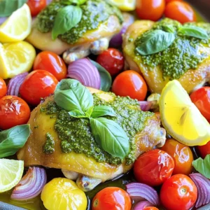 The main protein in this dish is 4 boneless, skinless chicken thighs. I love using thighs because they stay moist during cooking. They also absorb flavor well, making them perfect for this recipe. You’ll need 1 cup of fresh basil pesto. You can buy it at the store or make your own. I often opt for store-bought to save time. If you choose to make it, blend fresh basil, garlic, nuts, cheese, and olive oil together for a fresh taste. This recipe calls for 2 cups of cherry tomatoes, halved, and 1 medium red onion, sliced into wedges. The tomatoes add sweetness and color. The onions provide a nice bite. Together, they create a great balance with the chicken and pesto. Don’t forget 2 tablespoons of olive oil, salt, and pepper. These enhance the dish’s flavor. For garnish, use fresh basil leaves. They add a pop of color and a fresh taste. Lemon wedges are perfect for serving, bringing a bright zing to each bite. Start by preheating your oven to 400°F (200°C). This step is key for even cooking. In a large bowl, mix the chicken thighs with the basil pesto. Make sure every piece is well-coated. Let the chicken marinate for 15 minutes. This helps the flavors blend well into the meat. While the chicken marinates, take a large baking sheet. Arrange the halved cherry tomatoes and sliced red onion on it. Drizzle with olive oil and sprinkle with salt and pepper. Toss them gently to coat. After marinating, place the pesto-coated chicken among the tomatoes and onions. Spread them out evenly. This allows all the ingredients to roast nicely. Roast everything in the preheated oven for 25-30 minutes. Make sure the chicken reaches an internal temperature of 165°F (75°C). The tomatoes should get nice and caramelized. Once done, take the sheet pan out of the oven. Let it rest for a few minutes. Garnish with fresh basil leaves. Serve with lemon wedges for a fresh taste. Enjoy your meal! I prefer using boneless, skinless chicken thighs for this dish. They stay juicy and tender during cooking. If you use chicken breasts, they may dry out. Thighs absorb flavors well, especially from the pesto. Make sure to check for freshness when buying your chicken. You can boost the flavor of store-bought pesto by adding a squeeze of lemon juice. This adds brightness and tang. If you make your own, try adding a pinch of salt or extra garlic. Fresh basil enhances the taste, so don’t skip it. A little grated Parmesan can also add depth to your pesto. Roasting at 400°F (200°C) gives the best results. This temperature cooks the chicken through while caramelizing the tomatoes. Set a timer for 25-30 minutes. Always check the chicken's internal temperature. It should reach 165°F (75°C) to ensure it’s safe to eat. Don’t open the oven too often; this lets heat escape. To caramelize tomatoes well, choose ripe cherry tomatoes. Halving them helps with even cooking. Toss them with olive oil, salt, and pepper before roasting. This step draws out their natural sugars. Keep them in a single layer on the baking sheet. Don’t overcrowd them; this helps them brown nicely. {{image_2}} You can swap chicken thighs for other meats. Chicken breasts work well, too. If you like beef, use thin slices of flank steak. For pork lovers, try pork chops. Each protein brings its own flavor. Just adjust cooking times to ensure everything cooks through. For a meatless meal, replace chicken with hearty veggies. Try using eggplant or zucchini slices. Tofu cubes marinated in pesto add protein and flavor. You can also use chickpeas for a nice crunch. This keeps the dish filling and tasty. Feel free to mix up your veggies. Bell peppers add sweetness and color. Broccoli florets or asparagus bring a nice crunch. You can even add spinach or kale for extra nutrients. Just remember to cut them into even pieces for even cooking. While pesto is a star, other sauces can shine, too. Try chimichurri or a garlic herb sauce. A lemon herb dressing adds freshness. Don’t forget spices! A sprinkle of smoked paprika or Italian herbs can change the taste completely. Experiment and find your favorite flavor combo! After you enjoy your meal, let the leftovers cool. Place the chicken and veggies in an airtight container. Store in the fridge for up to 3 days. This dish tastes great even after a day or two. To freeze, pack the leftovers in a freezer-safe container. Make sure to leave space for expansion. You can freeze it for up to 3 months. When you're ready to eat, thaw it in the fridge overnight. To reheat, preheat your oven to 350°F (175°C). Place the chicken and veggies on a baking tray. Heat for about 15-20 minutes, or until warm. You can also use a microwave if you’re in a hurry. Just heat for 1-2 minutes, stirring halfway through. Enjoy your tasty meal again! Yes, you can use chicken breasts. They will cook faster than thighs. Adjust the cooking time to 20-25 minutes. The chicken should still reach 165°F for safety. Chicken thighs are juicier, but breasts are leaner. Choose what you prefer for your meal. If you lack pesto, consider using a mix of olive oil and garlic. You can also blend fresh herbs like cilantro or parsley with nuts and olive oil. This will give you a fresh flavor. Store-bought pesto works well too and saves time. Check the internal temperature of the chicken. It should reach 165°F. You can use a meat thermometer for accuracy. If you don't have one, cut the chicken open. The meat should be white, with no pink inside. Absolutely! You can marinate the chicken up to a day ahead. Store it in the fridge for best results. You can also chop the veggies beforehand. Just keep them in an airtight container. This saves time on busy weeknights. Many sides work well with this dish. Consider a light salad for freshness. Garlic bread adds a nice touch too. You could also serve it with rice or quinoa. These grains soak up the juices well and complete the meal. In this post, we explored making a tasty Sheet Pan Pesto Chicken with fresh veggies. I shared ingredients like chicken thighs, pesto, and tomatoes that create great flavors. You learned step-by-step how to prepare and roast the dish. We also covered useful tips, variations, and storage ideas. This meal is easy to customize and makes dinner simple yet rewarding. Enjoy experimenting with different choices and making it your own! Happy cooking!