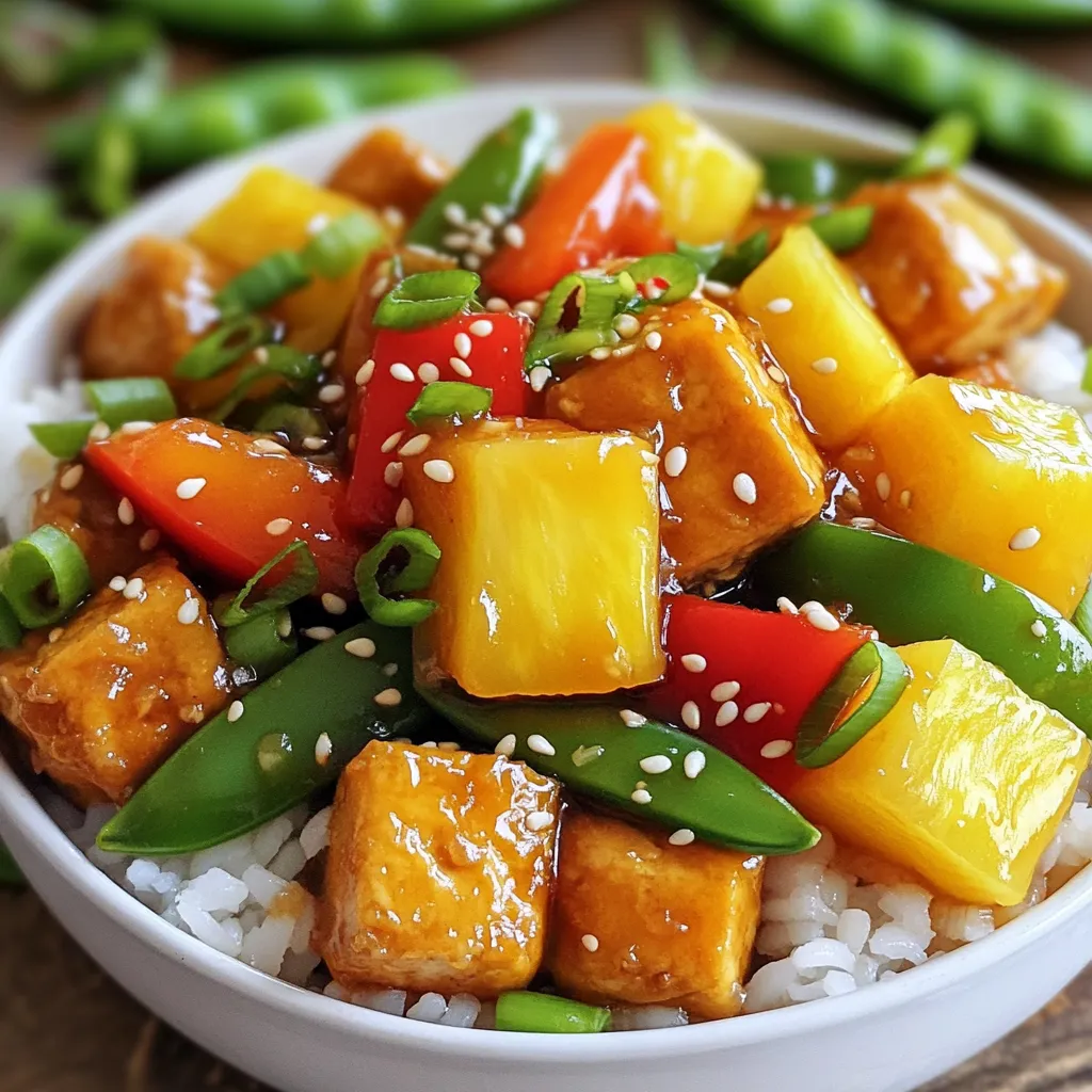 - 1 block of firm tofu, pressed and cubed - 1 cup bell peppers (red, yellow, and green), sliced - 1 cup snap peas, trimmed - 1 cup pineapple chunks (fresh or canned, drained) Tofu is the star of this dish. I love using firm tofu because it holds its shape well. Pressing it removes extra moisture, making it perfect for frying. Bell peppers add color and crunch. Snap peas bring a fresh, sweet bite. Pineapple chunks give a lovely sweetness to balance the flavors. - 2 tablespoons cornstarch - 2 tablespoons vegetable oil - ¼ cup soy sauce - ¼ cup rice vinegar - ¼ cup brown sugar Cornstarch is key for crispy tofu. It coats the tofu and helps it fry up nice and golden. Vegetable oil is great for frying because it has a high smoke point. Soy sauce gives a salty depth. Rice vinegar adds a tangy kick, while brown sugar brings the sweetness for that classic sweet and sour taste. - 1 tablespoon fresh ginger, minced - 2 garlic cloves, minced - 1 teaspoon sesame oil - 2 green onions, chopped (for garnish) - Sesame seeds (for garnish) Fresh ginger and garlic add a powerful aroma. The sesame oil gives a rich flavor. Green onions add a fresh crunch, while sesame seeds offer a nice texture on top. These garnishes make the dish pop and enhance the overall taste. To start, I press the tofu. This helps to remove extra moisture. I usually press it for at least 30 minutes. I place a heavy object on top to speed up the process. After pressing, I cut the tofu into bite-sized cubes. This size helps the tofu cook well. Next, I coat the tofu cubes with cornstarch. I toss them in a bowl until they are evenly covered. The cornstarch makes the tofu crispy when I cook it. Crispy tofu brings great texture to the dish. Now, I heat vegetable oil in a large non-stick skillet. I set the heat to medium-high. Once the oil is hot, I carefully add the tofu cubes. I fry them until they turn golden brown, which takes about 8-10 minutes. I turn them occasionally to cook all sides evenly. After frying, I remove the tofu from the skillet and set it aside. In the same skillet, I add sliced bell peppers and snap peas. I stir-fry them for about 3-4 minutes. I want them to be vibrant and slightly tender. Timing is key here. I wait until the last minute to add pineapple chunks. This way, they warm up without getting mushy. While the veggies cook, I make the sweet and sour sauce. In a bowl, I whisk together soy sauce, rice vinegar, brown sugar, fresh ginger, garlic, and sesame oil. This mix brings a nice balance of flavors. After that, I return the tofu to the skillet with the vegetables. I pour the sauce over everything and gently toss to coat. I cook it for an extra 2-3 minutes until everything is heated through. Finally, I add the pineapple and stir for just a minute. Now, my sweet and sour tofu bowl is ready to serve over cooked rice or quinoa. I love to garnish it with chopped green onions and sesame seeds for that extra touch! To make crispy tofu, start by pressing it well. I press my tofu for at least 30 minutes. This removes extra moisture. Less moisture means crispier tofu. After pressing, cut the tofu into bite-sized cubes. Next, coat the tofu with cornstarch. Use about 2 tablespoons of cornstarch. Make sure each piece is evenly coated. A good coating helps achieve a golden, crunchy texture when cooking. To boost the flavor, I suggest adding spices and herbs. Try garlic powder or onion powder for depth. You can also use a pinch of red pepper flakes for heat. Adjust the sweetness and acidity to fit your taste. If you like it sweeter, add a touch more brown sugar. For a tangier kick, increase the rice vinegar. Taste as you go to find the right balance. When serving sweet and sour tofu bowls, consider side dishes like steamed broccoli or a fresh salad. These add color and crunch. For a hearty base, pair the tofu with cooked rice or quinoa. Both options soak up the sauce nicely. You can also try brown rice for added fiber. Enjoy the mix of textures and flavors! {{image_2}} You can change the protein in sweet and sour tofu bowls. If you want a different option, try chickpeas or tempeh. They both add texture and flavor. You can use cooked chickpeas for a nutty taste. Tempeh gives a hearty bite. For non-vegetarians, you can add shrimp or chicken. Shrimp cooks quickly and adds a nice seafood flavor. Chicken can be grilled or cooked in the skillet. Just make sure it's cooked through. Feel free to switch up the veggies. You can use broccoli, carrots, or zucchini. These vegetables add color and crunch. Seasonal veggies are great too. In summer, use fresh corn or tomatoes. In winter, try root vegetables like sweet potatoes. You can adjust the sauce to fit your taste. If you like it sweeter, add more brown sugar. For more tang, increase the rice vinegar. Taste as you go to find your perfect balance. If you need a vegan sauce, swap honey for maple syrup. This keeps it plant-based while still being sweet. Store your sweet and sour tofu in a container with a tight lid. This keeps it fresh. Let it cool before sealing. The tofu can last in the fridge for up to four days. If you have rice or quinoa, keep them separate. This helps maintain texture. Yes, you can freeze sweet and sour tofu. However, tofu changes texture when frozen. To freeze, place the tofu in a freezer-safe bag. Remove as much air as you can. This helps prevent freezer burn. You can freeze it for up to three months. To reheat, use an oven or a skillet. If you use an oven, preheat it to 350°F. Place the tofu on a baking sheet. Bake for about 15 minutes or until heated through. If you use a skillet, heat some oil over medium heat. Add the tofu and stir gently. To keep the tofu crispy, avoid using a microwave. Yes, you can use different types of tofu. Firm tofu works best for this dish. It holds its shape well during cooking. Soft tofu can break apart easily. If you want a creamier texture, use silken tofu. However, it may not hold up well in bowls. For the best results, stick with firm tofu. To make this dish gluten-free, swap the soy sauce. Use tamari sauce instead. Tamari is a gluten-free soy sauce. You can also try coconut aminos. This option has less salt and is gluten-free. Both will add flavor without the gluten. This dish can last in the fridge for about three days. Store it in an airtight container. Make sure it cools down before sealing. When reheating, add a splash of water to keep it moist. Enjoy your tasty leftovers within those three days for the best flavor! In this blog, we explored making a tasty sweet and sour tofu dish. We covered main ingredients, cooking steps, and tips for success. I shared ways to enhance flavors and variations to try. Remember, pressing tofu well is key for crispness. You can customize the recipe with your favorite veggies or proteins. Enjoy this meal with rice or quinoa for a complete dish. Happy cooking!