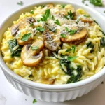 - 1 cup orzo pasta - 2 cups vegetable broth - 1 cup cremini mushrooms, sliced - 2 cups fresh spinach, roughly chopped - 1 small onion, finely chopped - 2 cloves garlic, minced - 1 tablespoon olive oil - 1 tablespoon butter - ½ cup grated Parmesan cheese - Salt and pepper to taste - Fresh parsley for garnish When making Mushroom Spinach Orzo Risotto, the right ingredients make all the difference. Each item adds its unique flavor and texture. Orzo pasta is the base of our dish. It cooks quickly and becomes creamy, just like rice in risotto. Using vegetable broth gives a rich taste. Cremini mushrooms bring an earthy flavor, while spinach adds freshness. Onion and garlic create a sweet aroma when sautéed. Olive oil and butter enhance the dish's richness. Parmesan cheese adds a nutty flavor and creaminess. Don't forget salt and pepper! They balance all the tastes. - Additional vegetables such as peas or bell peppers - Protein options (chicken or tofu) You can customize your risotto with optional add-ins. Add peas or bell peppers for extra color and nutrition. For protein, consider chicken or tofu. These choices make your dish heartier and more filling. First, we need to make the broth warm. Take a medium saucepan and bring the vegetable broth to a simmer over low heat. This keeps it ready for the orzo. Next, we prepare the other ingredients. Chop one small onion finely and mince two cloves of garlic. Slice one cup of cremini mushrooms. In a large skillet, heat one tablespoon of olive oil and one tablespoon of butter over medium heat. Add the chopped onion and sauté for three to four minutes. You want the onion to turn translucent. Then, add the minced garlic and sliced mushrooms to the skillet. Cook for five to seven minutes. The mushrooms should look tender and golden. Now it’s time to toast the orzo. Stir in one cup of orzo pasta and cook for one to two minutes. This step adds a nice flavor to the dish. Gradually add the warm vegetable broth, one ladle at a time. Stir frequently as you add the broth. Allow the orzo to absorb the broth before adding more. Repeat this until the orzo is creamy and al dente. This should take about 15 to 20 minutes. Once the orzo is cooked, it’s time for the finishing touches. Stir in two cups of roughly chopped spinach and half a cup of grated Parmesan cheese. Season with salt and pepper to taste. Cook for one more minute. This allows the spinach to wilt down and all the flavors to blend nicely. Let the risotto rest for a couple of minutes. This helps the flavors meld together beautifully. To make your risotto creamy, add broth slowly. Pour in one ladle at a time. Stir often as you add broth. This helps the orzo soak up the liquid and become tender. Keep the heat medium to low. This way, the orzo cooks evenly. Stirring constantly gives you that perfect risotto texture. Herbs and spices boost the flavor of your dish. Try adding fresh thyme or basil for a fresh taste. A pinch of red pepper flakes can add heat. You can use homemade broth for richer flavor. Store-bought broth works too, but check for low sodium. This keeps your dish from becoming too salty. Serve the risotto in deep bowls for a cozy feel. Top it with extra Parmesan and fresh parsley. This adds color and makes the dish pop. For a fancy touch, drizzle a little olive oil on top. You want your risotto to look as good as it tastes! {{image_2}} You can change this dish with different veggies based on the season. In spring, add fresh peas or asparagus for a bright touch. In summer, try zucchini or bell peppers for a pop of color and flavor. Fall calls for butternut squash to bring in a warm, sweet taste. In winter, add broccoli or carrots for a hearty feel. You can also change the herbs. For a fresh taste, add basil in summer. In winter, use thyme or rosemary for a cozy aroma. If you want a vegan risotto, swap the butter and cheese for plant-based options. Use vegan butter and nutritional yeast for a cheesy flavor. You can also use almond or cashew milk to add creaminess. For gluten-free pasta options, replace orzo with rice or gluten-free pasta. This keeps the dish yummy and safe for those with gluten issues. Pair your risotto with a fresh salad. A simple green salad with lemon vinaigrette works well. You can also serve it with roasted veggies for a colorful plate. For wine lovers, a glass of white wine like Sauvignon Blanc complements this dish nicely. It balances the creaminess and enhances the flavors of the mushrooms and spinach. To store leftover Mushroom Spinach Orzo Risotto, let it cool to room temperature. Place it in an airtight container. This keeps moisture in and air out. Properly stored, it lasts up to three days in the fridge. Always check for any off smells or changes in texture before eating. For longer storage, freezing is a great option. Place the cooled risotto in freezer-safe containers. Make sure to leave some space at the top for expansion. It can last up to three months in the freezer. To reheat, let it thaw overnight in the fridge or use the microwave. When reheating, the key is to add moisture back. Use a splash of broth or water to keep it creamy. Heat it gently on the stove over low heat. Stir often to avoid sticking. Avoid high heat, as it can dry out the risotto. Common mistakes include reheating too quickly or not adding enough liquid. This can lead to a rubbery texture. It takes about 30 minutes to make this dish. You need 10 minutes to prep. Cooking takes around 20 minutes. This time includes sautéing, toasting, and simmering the orzo. Keeping the broth warm helps speed things up. Yes, you can make this dish ahead of time. To do so, cook the risotto but stop before adding the spinach and cheese. Let it cool fully. Store it in an airtight container in the fridge for up to two days. When ready to serve, reheat in a pan. Add the spinach and cheese while reheating. This helps keep the dish fresh and tasty. You can use various pasta types if you don't have orzo. Some great options are: - Arborio rice for a more traditional risotto feel - Small pasta shapes like ditalini or acini di pepe - Quinoa for a gluten-free option These substitutes will change the texture slightly but will still taste great. You learned how to make a delicious Mushroom Spinach Orzo Risotto. We covered key ingredients, step-by-step cooking, and tips for the best flavor and texture. You can adapt this dish with seasonal veggies and dietary needs. Storing and reheating it properly keeps it tasty for later. Remember, cooking should be fun and creative. Enjoy making this dish your own!