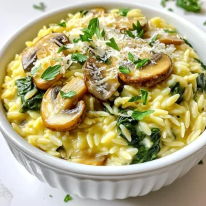 - 1 cup orzo pasta - 2 cups vegetable broth - 1 cup cremini mushrooms, sliced - 2 cups fresh spinach, roughly chopped - 1 small onion, finely chopped - 2 cloves garlic, minced - 1 tablespoon olive oil - 1 tablespoon butter - ½ cup grated Parmesan cheese - Salt and pepper to taste - Fresh parsley for garnish When making Mushroom Spinach Orzo Risotto, the right ingredients make all the difference. Each item adds its unique flavor and texture. Orzo pasta is the base of our dish. It cooks quickly and becomes creamy, just like rice in risotto. Using vegetable broth gives a rich taste. Cremini mushrooms bring an earthy flavor, while spinach adds freshness. Onion and garlic create a sweet aroma when sautéed. Olive oil and butter enhance the dish's richness. Parmesan cheese adds a nutty flavor and creaminess. Don't forget salt and pepper! They balance all the tastes. - Additional vegetables such as peas or bell peppers - Protein options (chicken or tofu) You can customize your risotto with optional add-ins. Add peas or bell peppers for extra color and nutrition. For protein, consider chicken or tofu. These choices make your dish heartier and more filling. First, we need to make the broth warm. Take a medium saucepan and bring the vegetable broth to a simmer over low heat. This keeps it ready for the orzo. Next, we prepare the other ingredients. Chop one small onion finely and mince two cloves of garlic. Slice one cup of cremini mushrooms. In a large skillet, heat one tablespoon of olive oil and one tablespoon of butter over medium heat. Add the chopped onion and sauté for three to four minutes. You want the onion to turn translucent. Then, add the minced garlic and sliced mushrooms to the skillet. Cook for five to seven minutes. The mushrooms should look tender and golden. Now it’s time to toast the orzo. Stir in one cup of orzo pasta and cook for one to two minutes. This step adds a nice flavor to the dish. Gradually add the warm vegetable broth, one ladle at a time. Stir frequently as you add the broth. Allow the orzo to absorb the broth before adding more. Repeat this until the orzo is creamy and al dente. This should take about 15 to 20 minutes. Once the orzo is cooked, it’s time for the finishing touches. Stir in two cups of roughly chopped spinach and half a cup of grated Parmesan cheese. Season with salt and pepper to taste. Cook for one more minute. This allows the spinach to wilt down and all the flavors to blend nicely. Let the risotto rest for a couple of minutes. This helps the flavors meld together beautifully. To make your risotto creamy, add broth slowly. Pour in one ladle at a time. Stir often as you add broth. This helps the orzo soak up the liquid and become tender. Keep the heat medium to low. This way, the orzo cooks evenly. Stirring constantly gives you that perfect risotto texture. Herbs and spices boost the flavor of your dish. Try adding fresh thyme or basil for a fresh taste. A pinch of red pepper flakes can add heat. You can use homemade broth for richer flavor. Store-bought broth works too, but check for low sodium. This keeps your dish from becoming too salty. Serve the risotto in deep bowls for a cozy feel. Top it with extra Parmesan and fresh parsley. This adds color and makes the dish pop. For a fancy touch, drizzle a little olive oil on top. You want your risotto to look as good as it tastes! {{image_2}} You can change this dish with different veggies based on the season. In spring, add fresh peas or asparagus for a bright touch. In summer, try zucchini or bell peppers for a pop of color and flavor. Fall calls for butternut squash to bring in a warm, sweet taste. In winter, add broccoli or carrots for a hearty feel. You can also change the herbs. For a fresh taste, add basil in summer. In winter, use thyme or rosemary for a cozy aroma. If you want a vegan risotto, swap the butter and cheese for plant-based options. Use vegan butter and nutritional yeast for a cheesy flavor. You can also use almond or cashew milk to add creaminess. For gluten-free pasta options, replace orzo with rice or gluten-free pasta. This keeps the dish yummy and safe for those with gluten issues. Pair your risotto with a fresh salad. A simple green salad with lemon vinaigrette works well. You can also serve it with roasted veggies for a colorful plate. For wine lovers, a glass of white wine like Sauvignon Blanc complements this dish nicely. It balances the creaminess and enhances the flavors of the mushrooms and spinach. To store leftover Mushroom Spinach Orzo Risotto, let it cool to room temperature. Place it in an airtight container. This keeps moisture in and air out. Properly stored, it lasts up to three days in the fridge. Always check for any off smells or changes in texture before eating. For longer storage, freezing is a great option. Place the cooled risotto in freezer-safe containers. Make sure to leave some space at the top for expansion. It can last up to three months in the freezer. To reheat, let it thaw overnight in the fridge or use the microwave. When reheating, the key is to add moisture back. Use a splash of broth or water to keep it creamy. Heat it gently on the stove over low heat. Stir often to avoid sticking. Avoid high heat, as it can dry out the risotto. Common mistakes include reheating too quickly or not adding enough liquid. This can lead to a rubbery texture. It takes about 30 minutes to make this dish. You need 10 minutes to prep. Cooking takes around 20 minutes. This time includes sautéing, toasting, and simmering the orzo. Keeping the broth warm helps speed things up. Yes, you can make this dish ahead of time. To do so, cook the risotto but stop before adding the spinach and cheese. Let it cool fully. Store it in an airtight container in the fridge for up to two days. When ready to serve, reheat in a pan. Add the spinach and cheese while reheating. This helps keep the dish fresh and tasty. You can use various pasta types if you don't have orzo. Some great options are: - Arborio rice for a more traditional risotto feel - Small pasta shapes like ditalini or acini di pepe - Quinoa for a gluten-free option These substitutes will change the texture slightly but will still taste great. You learned how to make a delicious Mushroom Spinach Orzo Risotto. We covered key ingredients, step-by-step cooking, and tips for the best flavor and texture. You can adapt this dish with seasonal veggies and dietary needs. Storing and reheating it properly keeps it tasty for later. Remember, cooking should be fun and creative. Enjoy making this dish your own!