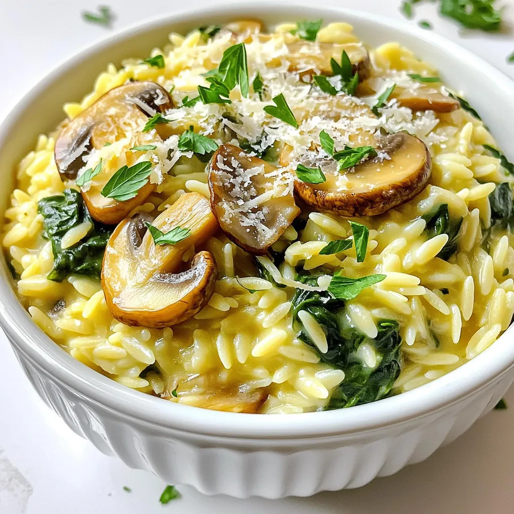 - 1 cup orzo pasta - 2 cups vegetable broth - 1 cup cremini mushrooms, sliced - 2 cups fresh spinach, roughly chopped - 1 small onion, finely chopped - 2 cloves garlic, minced - 1 tablespoon olive oil - 1 tablespoon butter - ½ cup grated Parmesan cheese - Salt and pepper to taste - Fresh parsley for garnish When making Mushroom Spinach Orzo Risotto, the right ingredients make all the difference. Each item adds its unique flavor and texture. Orzo pasta is the base of our dish. It cooks quickly and becomes creamy, just like rice in risotto. Using vegetable broth gives a rich taste. Cremini mushrooms bring an earthy flavor, while spinach adds freshness. Onion and garlic create a sweet aroma when sautéed. Olive oil and butter enhance the dish's richness. Parmesan cheese adds a nutty flavor and creaminess. Don't forget salt and pepper! They balance all the tastes. - Additional vegetables such as peas or bell peppers - Protein options (chicken or tofu) You can customize your risotto with optional add-ins. Add peas or bell peppers for extra color and nutrition. For protein, consider chicken or tofu. These choices make your dish heartier and more filling. First, we need to make the broth warm. Take a medium saucepan and bring the vegetable broth to a simmer over low heat. This keeps it ready for the orzo. Next, we prepare the other ingredients. Chop one small onion finely and mince two cloves of garlic. Slice one cup of cremini mushrooms. In a large skillet, heat one tablespoon of olive oil and one tablespoon of butter over medium heat. Add the chopped onion and sauté for three to four minutes. You want the onion to turn translucent. Then, add the minced garlic and sliced mushrooms to the skillet. Cook for five to seven minutes. The mushrooms should look tender and golden. Now it’s time to toast the orzo. Stir in one cup of orzo pasta and cook for one to two minutes. This step adds a nice flavor to the dish. Gradually add the warm vegetable broth, one ladle at a time. Stir frequently as you add the broth. Allow the orzo to absorb the broth before adding more. Repeat this until the orzo is creamy and al dente. This should take about 15 to 20 minutes. Once the orzo is cooked, it’s time for the finishing touches. Stir in two cups of roughly chopped spinach and half a cup of grated Parmesan cheese. Season with salt and pepper to taste. Cook for one more minute. This allows the spinach to wilt down and all the flavors to blend nicely. Let the risotto rest for a couple of minutes. This helps the flavors meld together beautifully. To make your risotto creamy, add broth slowly. Pour in one ladle at a time. Stir often as you add broth. This helps the orzo soak up the liquid and become tender. Keep the heat medium to low. This way, the orzo cooks evenly. Stirring constantly gives you that perfect risotto texture. Herbs and spices boost the flavor of your dish. Try adding fresh thyme or basil for a fresh taste. A pinch of red pepper flakes can add heat. You can use homemade broth for richer flavor. Store-bought broth works too, but check for low sodium. This keeps your dish from becoming too salty. Serve the risotto in deep bowls for a cozy feel. Top it with extra Parmesan and fresh parsley. This adds color and makes the dish pop. For a fancy touch, drizzle a little olive oil on top. You want your risotto to look as good as it tastes! {{image_2}} You can change this dish with different veggies based on the season. In spring, add fresh peas or asparagus for a bright touch. In summer, try zucchini or bell peppers for a pop of color and flavor. Fall calls for butternut squash to bring in a warm, sweet taste. In winter, add broccoli or carrots for a hearty feel. You can also change the herbs. For a fresh taste, add basil in summer. In winter, use thyme or rosemary for a cozy aroma. If you want a vegan risotto, swap the butter and cheese for plant-based options. Use vegan butter and nutritional yeast for a cheesy flavor. You can also use almond or cashew milk to add creaminess. For gluten-free pasta options, replace orzo with rice or gluten-free pasta. This keeps the dish yummy and safe for those with gluten issues. Pair your risotto with a fresh salad. A simple green salad with lemon vinaigrette works well. You can also serve it with roasted veggies for a colorful plate. For wine lovers, a glass of white wine like Sauvignon Blanc complements this dish nicely. It balances the creaminess and enhances the flavors of the mushrooms and spinach. To store leftover Mushroom Spinach Orzo Risotto, let it cool to room temperature. Place it in an airtight container. This keeps moisture in and air out. Properly stored, it lasts up to three days in the fridge. Always check for any off smells or changes in texture before eating. For longer storage, freezing is a great option. Place the cooled risotto in freezer-safe containers. Make sure to leave some space at the top for expansion. It can last up to three months in the freezer. To reheat, let it thaw overnight in the fridge or use the microwave. When reheating, the key is to add moisture back. Use a splash of broth or water to keep it creamy. Heat it gently on the stove over low heat. Stir often to avoid sticking. Avoid high heat, as it can dry out the risotto. Common mistakes include reheating too quickly or not adding enough liquid. This can lead to a rubbery texture. It takes about 30 minutes to make this dish. You need 10 minutes to prep. Cooking takes around 20 minutes. This time includes sautéing, toasting, and simmering the orzo. Keeping the broth warm helps speed things up. Yes, you can make this dish ahead of time. To do so, cook the risotto but stop before adding the spinach and cheese. Let it cool fully. Store it in an airtight container in the fridge for up to two days. When ready to serve, reheat in a pan. Add the spinach and cheese while reheating. This helps keep the dish fresh and tasty. You can use various pasta types if you don't have orzo. Some great options are: - Arborio rice for a more traditional risotto feel - Small pasta shapes like ditalini or acini di pepe - Quinoa for a gluten-free option These substitutes will change the texture slightly but will still taste great. You learned how to make a delicious Mushroom Spinach Orzo Risotto. We covered key ingredients, step-by-step cooking, and tips for the best flavor and texture. You can adapt this dish with seasonal veggies and dietary needs. Storing and reheating it properly keeps it tasty for later. Remember, cooking should be fun and creative. Enjoy making this dish your own!