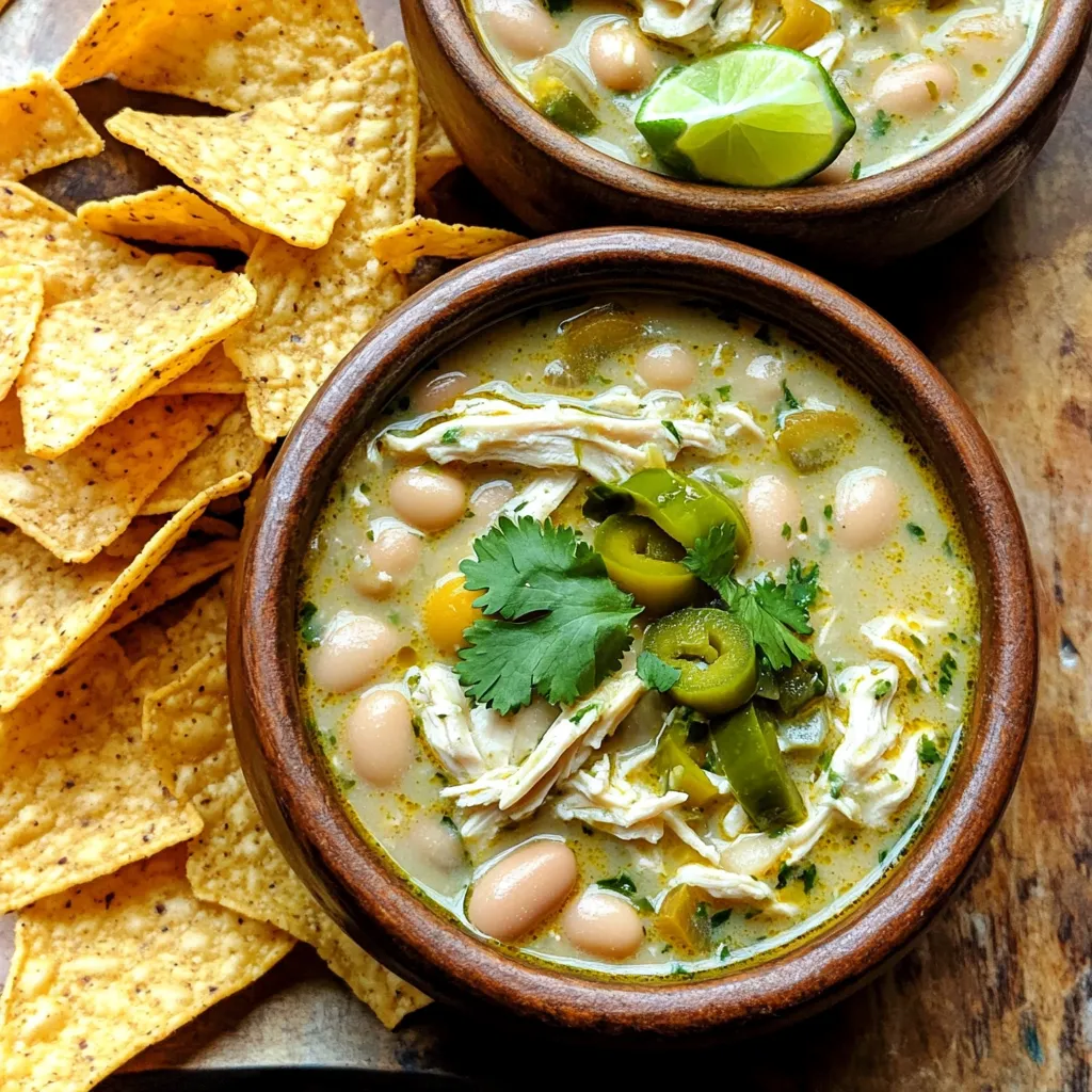 For this tasty chili, you will need: - 1 lb boneless, skinless chicken breasts - 1 can (15 oz) great northern beans, rinsed and drained - 1 can (15 oz) diced green chilies - 1 medium onion, diced - 3 cloves garlic, minced - 1 cup corn kernels (fresh or frozen) - 4 cups low-sodium chicken broth These main ingredients create a hearty base. The chicken gives the dish protein. The beans add fiber. Green chilies bring a mild heat. Onions and garlic give great flavor. Corn adds sweetness and texture. You will also need these spices: - 1 teaspoon cumin - 1 teaspoon oregano - 1 teaspoon paprika - ½ teaspoon black pepper - Salt, to taste These spices boost the flavor. Cumin gives a warm taste. Oregano adds earthiness. Paprika offers a hint of smokiness. Black pepper gives a gentle kick. Adjust the salt to fit your taste. For serving, consider these garnishes: - Fresh cilantro, for garnish - Lime wedges, for serving Cilantro adds freshness. Lime juice brightens each bite. You can serve the chili with tortilla chips for crunch. This adds a fun texture. Enjoy the mix of flavors and textures to enhance your meal. Start by gathering all your ingredients. You need one pound of boneless, skinless chicken breasts. Rinse and drain a can of great northern beans. Open a can of diced green chilies and set it aside. Dice one medium onion and mince three cloves of garlic. Measure out one cup of corn kernels, fresh or frozen. Next, pour four cups of low-sodium chicken broth into your slow cooker. Add the chicken, beans, chilies, onion, garlic, and corn. Now, it's time to season! Sprinkle in one teaspoon of cumin, one teaspoon of oregano, and one teaspoon of paprika. Add half a teaspoon of black pepper and salt to taste. Stir everything together to mix the flavors well. Cover the slow cooker with its lid. Set it to cook on low for six to seven hours or on high for three to four hours. The chicken should cook fully and become tender. During this time, the flavors will blend beautifully. Make sure to check the chicken after the cooking time. It should be easy to shred with a fork. If it is not tender, let it cook longer. Once the cooking time is up, take the chicken out of the slow cooker. Use two forks to shred the chicken into bite-sized pieces. Return the shredded chicken back into the slow cooker. Next, add half a cup of softened cream cheese and one cup of shredded Monterey Jack cheese. Stir the mixture well until the cheeses melt into the broth. This makes the chili creamy and rich. Taste your chili. You can adjust the seasoning with more salt or pepper if needed. Let the chili simmer for another 15 minutes. This step helps it thicken and brings all the flavors together. Enjoy your savory slow cooker white chicken chili! Slow cooking is easy if you follow some key steps. First, always layer your ingredients well. Place the chicken at the bottom. Then add beans, chilies, corn, and spices. This helps everything cook evenly. Next, avoid opening the lid often. Each time you lift the lid, heat escapes. This can make cooking take longer. Lastly, set your slow cooker on low for best results. Cooking for 6-7 hours gives the best flavor and texture. For a rich taste, use fresh ingredients. Fresh garlic and onion give strong flavors. The spices are also key. Cumin and paprika add warmth. Don’t skip the salt; it brings out the flavors. After cooking, taste your chili. Adjust the seasoning if needed. A squeeze of lime juice at the end can brighten it up. Fresh cilantro on top adds a nice touch and flavor too. If your chili is too thick, add a bit more chicken broth. Stir it in slowly until you reach your desired consistency. If you want it thicker, let it cook longer with the lid off. This helps steam escape. Shredding the chicken also helps thicken the chili. The shredded chicken mixes with the broth, giving a nice texture. Always remember, you can tweak it to fit your taste! {{image_2}} You can easily spice up your white chicken chili. Just add diced jalapeños or a few dashes of hot sauce. This adds heat and flavor. You can also use spicy green chilies instead of mild ones. Adjust to your taste. Remember, it’s all about balance. A little spice can make it exciting! To make a vegetarian version, skip the chicken. Use more beans instead. Black beans or pinto beans work well. You can add extra veggies like bell peppers or zucchini. For creaminess, use a plant-based cream cheese. This keeps the chili rich and tasty without meat. Feel free to swap ingredients based on what you have. If you don’t have great northern beans, try cannellini beans. You can also use vegetable broth instead of chicken broth. If you can't find Monterey Jack cheese, any melting cheese will do. Cheddar or pepper jack are great options. Just keep it fun and flexible! After enjoying your chili, let it cool. Place it in an airtight container. You can keep it in the fridge for up to four days. Make sure to label the container with the date. This helps you track how long it's been stored. You can freeze white chicken chili if you want to save some for later. Pour the chili into freezer-safe bags or containers. It will stay fresh for about three months in the freezer. To reheat, let it thaw in the fridge overnight. Then, heat it on the stove or in the microwave. Stir it well to ensure even heating. For the best storage, use glass or BPA-free plastic containers. These materials keep the chili fresh longer. Make sure the containers have tight-fitting lids. If using freezer bags, remove as much air as possible before sealing. This will help prevent freezer burn. Yes, you can use frozen chicken. Just add the frozen chicken breasts directly to the slow cooker. Increase the cooking time to about 8-9 hours on low or 4-5 hours on high. This will ensure the chicken cooks fully and stays tender. To make the chili extra creamy, use more cream cheese. You can add 1 cup instead of ½ cup. Try adding a bit of sour cream or heavy cream at the end. Stir it in after cooking for a rich, smooth texture. Serve this chili with tortilla chips for a nice crunch. You can also add cornbread for a tasty side. Fresh lime wedges and chopped cilantro make great toppings. They add flavor and color to your bowl. This blog post covers everything you need for Slow Cooker White Chicken Chili. We discussed key ingredients, spices, and how to enhance flavor with garnishes. You learned step-by-step instructions for preparing and cooking. I shared tips for slow cooking and ways to adjust the chili’s texture. We also explored variations, storage tips, and answered common questions. Making this dish can be fun and easy. Enjoy your cooking and impress your friends!