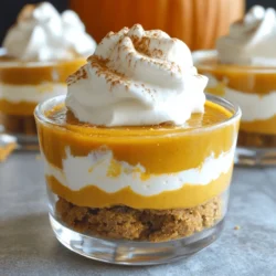 For the creamy filling, you need: - 8 oz cream cheese, softened - 1 cup canned pumpkin puree - ½ cup powdered sugar - 1 teaspoon vanilla extract - 1 teaspoon ground cinnamon - ½ teaspoon ground nutmeg - ½ teaspoon ground ginger - 1 cup whipped topping (like Cool Whip) These ingredients create a smooth and rich cheesecake base. The pumpkin adds flavor and color, while the spices give warmth. To build a crunchy base, gather: - 1 cup ginger snap cookie crumbs (about 10 cookies) - 2 tablespoons melted butter The ginger snap cookies add a sweet and spicy crunch. Mixing them with melted butter binds the crumbs and makes them sturdy. For a fancy touch, consider: - Whipped cream - Pumpkin spice These garnishes add a delightful finish. They make the dessert look pretty and enhance the flavor. You can have fun with the presentation! To start, gather your ingredients. You need ginger snap cookie crumbs and melted butter. In a bowl, mix the cookie crumbs with the melted butter. Stir well until the crumbs look shiny and wet. This helps them stick together. Next, take your serving cups or glasses. Spoon about 1 tablespoon of the cookie mixture into each cup. Press down gently with your fingers or a small spoon. You want a firm base that holds the cheesecake mixture later. Now, let’s make the creamy filling. In a large bowl, add your softened cream cheese. Use an electric mixer to beat it until smooth. This step is key for a nice texture. Gradually mix in the canned pumpkin puree. Then, add powdered sugar, vanilla extract, ground cinnamon, nutmeg, and ginger. Beat everything together until well combined. The mixture should be creamy and smooth. Next, you’ll fold in the whipped topping. Use a spatula to gently mix it in. Be careful not to stir too hard. You want to keep that light and fluffy texture. Now comes the fun part—layering! Take your cheesecake filling and spoon or pipe it over the cookie base in each cup. Fill them about three-quarters full. Once filled, cover the cups with plastic wrap. Place them in the fridge for at least 4 hours. Overnight is even better. This helps the dessert set and allows the flavors to blend. When you’re ready to serve, add a dollop of whipped cream on top. A sprinkle of pumpkin spice makes it look extra special. Enjoy your delicious no-bake pumpkin cheesecake cups! To get a smooth and creamy pumpkin cheesecake, start with your cream cheese. Make sure it is very soft. This helps it mix easily. Use a hand mixer to beat it until it looks fluffy. Gradually add the pumpkin puree and spices. Mix until everything is smooth. When you fold in the whipped topping, do it gently. This keeps the mixture light and airy. If you have leftovers, storing them is easy. Cover each cup with plastic wrap. You can also use a lid if your cups have them. Place them in the fridge. They stay fresh for up to three days. Just remember, the longer they sit, the softer the cookie base gets. Make your cheesecake cups look fancy! Use clear cups to show off the layers. Add a dollop of whipped cream on top before serving. A sprinkle of pumpkin spice adds color and flavor. You can also add a small ginger snap cookie on the side. This adds a nice touch and a bit of crunch. {{image_2}} You can change the flavor of your no-bake pumpkin cheesecake cups easily. Instead of pumpkin, try using sweet potato puree. It gives a similar taste and texture. For a different spice kick, add a pinch of allspice or cardamom. These spices bring a warm flavor that complements the creamy filling. If you like chocolate, mix in cocoa powder for a chocolate pumpkin treat! Making your cheesecake cups gluten-free is simple. Use gluten-free ginger snap cookies for the base. Many brands offer delicious options that taste great. You can also use crushed gluten-free graham crackers instead. Just make sure the other ingredients, like the cream cheese and whipped topping, are gluten-free too. Toppings can make your dessert even more fun! Try adding chopped nuts, like pecans or walnuts, on top. They add a nice crunch. You can also sprinkle some chocolate shavings or caramel sauce for extra sweetness. For a festive touch, use candy corn or mini pumpkin candies as a fun garnish. These small details make your dessert look even more special and inviting! To keep your no-bake pumpkin cheesecake cups fresh, start by covering them tightly. Use plastic wrap or a lid. This helps prevent air from drying them out. Make sure they stay in the fridge. Store them in a single layer to avoid any mess. If you stack them, the layers might mix together. You can freeze these cheesecake cups if you want to save some for later. First, make sure they are fully set in the fridge. Then, cover each cup with plastic wrap. After that, place them in a freezer-safe container. They should be good for up to two months. When ready to enjoy, just move them to the fridge overnight to thaw. These cheesecake cups can last in the fridge for about four days. After that, the texture and flavor might change. Keep an eye on them. If you see any signs of spoilage, it is best to toss them. For the best taste, enjoy them within the first couple of days. This way, you will experience the full flavor of pumpkin and spices. Yes, you can use fresh pumpkin. First, cook the pumpkin until soft. Then, puree it until smooth. Make sure it has the same texture as canned pumpkin. Use about the same amount, one cup. Fresh pumpkin adds a nice flavor. These cheesecake cups last about 3 to 5 days in the fridge. Store them in an airtight container. Keep them covered to avoid drying out. If you want them to last longer, freeze them. However, the texture may change slightly after thawing. Yes, you can make this recipe dairy-free. Use dairy-free cream cheese and whipped topping. Also, check the ginger snap cookies for dairy. There are many dairy-free options available. This way, everyone can enjoy your delicious treat! No-bake pumpkin cheesecake cups are a simple and tasty treat. We covered the key ingredients, from the cookie base to optional toppings. I shared easy steps for making the dessert and tips for perfect texture. You can even try different flavors and gluten-free options. For storage, I explained how to keep your cheesecake fresh. These cups are fun to make and serve. Enjoy your creamy treat, and don’t hesitate to get creative with flavors!