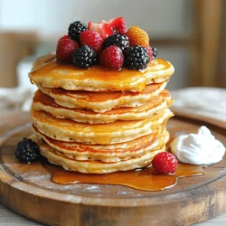 To make these tasty pancakes, you will need: - 1 cup cottage cheese - ½ cup rolled oats - 2 large eggs - 1 banana, mashed - 1 teaspoon vanilla extract - 1 teaspoon baking powder - A pinch of salt - Cooking spray or butter for the pan These ingredients create a simple mix that packs a protein punch. The cottage cheese adds creaminess and helps bind the mixture. Oats contribute fiber, making your pancakes healthy and filling. The banana adds natural sweetness, so you won’t need much sugar. You can customize your pancakes with fun toppings. Here are some great options: - Fresh berries - Honey - Greek yogurt - Nut butter Adding these toppings not only boosts flavor but also adds nutrients. Fresh berries bring vitamins, while nut butter adds healthy fats. You can mix and match these toppings to find your favorite combination. Cottage cheese is a superfood for many reasons: - It is high in protein. This helps you feel full and supports muscle growth. - It contains calcium, which is important for strong bones. - It has probiotics, which are good for gut health. Using cottage cheese in pancakes makes them not only tasty but also nutritious. You can enjoy these pancakes for breakfast or a snack, knowing they help fuel your day! To make the batter, grab a blender. You will need 1 cup of cottage cheese, ½ cup of rolled oats, and 2 large eggs. Next, add 1 mashed banana, 1 teaspoon of vanilla extract, 1 teaspoon of baking powder, and a pinch of salt. Blend all these ingredients until smooth. Make sure to scrape down the sides if needed. This step ensures a creamy and well-mixed batter for your pancakes. Now, heat a non-stick skillet or frying pan over medium heat. Lightly grease it with cooking spray or butter. Pour about ¼ cup of the pancake batter onto the skillet for each pancake. Cook for about 3 to 4 minutes. Watch for small bubbles to form on the surface and the edges to look set. These signs mean your pancakes are ready to flip. Gently flip the pancakes with a spatula. Cook for another 2 to 3 minutes. Look for a golden-brown color. This means they are cooked through and ready to eat. You can tell the pancakes are done when they are golden brown and spring back when you touch them. If they feel soft, they may need more time. Keep an eye on the color and texture. Once done, remove them from the skillet and keep warm while cooking the rest of the batter. Enjoy your fluffy and tasty pancakes! To make your pancakes fluffy, use fresh cottage cheese. This keeps the batter light. Blend the cottage cheese until smooth, but don’t over-mix. A few lumps are okay. They add texture and help with fluffiness. The baking powder is key too. It creates bubbles, making the pancakes rise. For even cooking, heat your skillet on medium. If it’s too hot, the outside burns before the inside cooks. Use a non-stick pan for best results. Lightly grease the pan with cooking spray or butter. Pour the batter in one spot for each pancake. This helps them spread evenly. Cook until you see bubbles, then flip gently. You can customize these pancakes easily. Add spices like cinnamon for warmth. Mix in chocolate chips or blueberries for a sweet twist. For a protein boost, try adding a scoop of protein powder. You can even swap the banana for applesauce if you like. The toppings also let you change things up. Fresh berries, honey, or nut butter can all add flavor. {{image_2}} You can switch up the taste of your pancakes easily. Here are some fun ideas: - Chocolate Chip: Add ¼ cup of mini chocolate chips to the batter. This gives a sweet twist. - Blueberry: Stir in ½ cup of fresh or frozen blueberries. They burst with flavor as they cook. - Banana Nut: Mix in chopped walnuts and an extra banana for a nutty taste. - Cinnamon Apple: Add diced apples and a sprinkle of cinnamon. This gives a warm, cozy vibe. You can adapt this recipe for different diets very easily. Here’s how: - Gluten-Free: Use gluten-free rolled oats instead of regular oats. This keeps the pancakes fluffy. - Vegan: Replace eggs with flax eggs. Mix 1 tablespoon of ground flaxseed with 2.5 tablespoons of water. Let it sit for a few minutes to thicken. - Dairy-Free: Use dairy-free cottage cheese made from nuts or soy. This keeps the protein punch. Toppings can make your pancakes even more fun. Here are some tasty ideas: - Fresh Berries: Strawberries, raspberries, or blackberries add a burst of freshness. - Honey or Maple Syrup: Drizzle some honey or syrup for natural sweetness. - Greek Yogurt: A dollop adds creaminess and extra protein. - Nut Butter: Spread almond or peanut butter for a rich, nutty taste. Feel free to mix and match these ideas to make your perfect pancake! To keep your leftover pancakes fresh, store them in an airtight container. Allow them to cool to room temperature first. This helps prevent moisture build-up. You can keep them in the fridge for up to three days. If you want to keep them longer, freezing is a great option. To reheat your pancakes, use a microwave or skillet. If using a microwave, place a damp paper towel over the pancakes. This keeps them moist. Heat for about 30 seconds. If you prefer a skillet, warm it over low heat. Add a little butter or cooking spray for flavor. Heat each side for about one minute. Freezing pancakes is simple and smart. Stack the cooled pancakes with parchment paper between each one. This prevents them from sticking together. Place the stack in a freezer bag or airtight container. They can last up to two months in the freezer. To enjoy, just reheat them directly from the freezer using your preferred method. Yes, you can use non-dairy options. Look for products made from soy or almonds. These can work well in this recipe. Just ensure they have a similar texture to regular cottage cheese. You may need to adjust the liquid in the recipe to get the right batter thickness. You can replace eggs with mashed banana or applesauce. Use ¼ cup of mashed banana or applesauce for each egg. This keeps the pancakes moist and adds a bit of sweetness. Blend it in with the other ingredients as you prepare the batter. Serve these pancakes warm with fresh toppings. I love adding berries for a burst of flavor. Drizzle some honey or maple syrup on top for sweetness. Greek yogurt also makes a great addition for creaminess. Nut butter is another tasty option for added protein. The choice is yours! Protein cottage cheese pancakes are tasty and healthy. You learned the main ingredients, cooking steps, and ways to customize. I shared tips for fluffiness and even cooking. Plus, you can vary flavors or diets based on your needs. Store leftovers and reheat easily for future meals. These pancakes fit many styles and tastes. Enjoy making them your way! They can be your go-to breakfast for nutrition and fun.