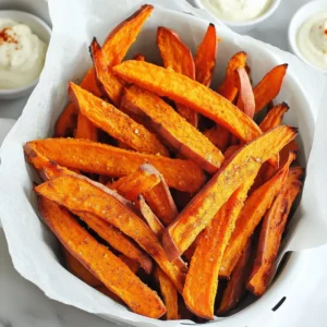 - 2 large sweet potatoes - 2 tablespoons olive oil - 1 teaspoon garlic powder - 1 teaspoon paprika - 1/2 teaspoon cayenne pepper (optional) - Salt and pepper to taste - 1 tablespoon cornstarch For this recipe, you need to gather all the right ingredients. Start with two large sweet potatoes. Look for firm ones with vibrant skin. Next, you will need two tablespoons of olive oil. This will help your fries get crispy. Add one teaspoon of garlic powder for flavor. Paprika will give your fries a nice color and taste, so include one teaspoon of it too. If you want some heat, add half a teaspoon of cayenne pepper. This step is optional, so feel free to skip it if you prefer mild fries. Season with salt and pepper to taste. Finally, get one tablespoon of cornstarch. This ingredient is key to achieving that perfect crunch on your fries. These ingredients set the stage for a delicious snack or side dish. They come together to create a tasty and crispy bite that you will love! Start with two large sweet potatoes. Peel them, then cut them into thin strips. Aim for about 1/4 inch thick. Keeping the fries the same size helps them cook evenly. If they are not uniform, some will be soft while others will burn. After cutting, soak the fries in cold water for 30 minutes. This step is key. Soaking removes extra starch, which helps the fries get crispy. After soaking, drain the fries. Dry them well with a kitchen towel. Wet fries will not crisp up nicely. Now it’s time to season the fries. In a large bowl, toss the dry, cut fries with olive oil. Use about 2 tablespoons. Add 1 teaspoon of garlic powder, 1 teaspoon of paprika, and salt and pepper to taste. If you want heat, add 1/2 teaspoon of cayenne pepper. Mix until all fries are coated. Next, sprinkle 1 tablespoon of cornstarch over the fries. Toss again to coat. The cornstarch is vital for that crunchy texture. Before cooking, preheat your air fryer to 400°F (200°C). This usually takes about 5 minutes. Once preheated, place the fries in the basket in a single layer. If your air fryer is small, you may need to cook in batches. Cook the fries for 15-20 minutes. Shake the basket halfway through for even cooking. Look for golden brown color and crispiness. If you want them extra crispy, add 2-3 more minutes to the cooking time. To get the best crispiness in your sweet potato fries, drying them is key. After soaking your fries, make sure to pat them dry with a kitchen towel. The less moisture on the fries, the better they crisp up in the air fryer. You can also adjust cooking times to fit your taste. If you like your fries softer, cook them for 15 minutes. For extra crunch, add a few more minutes. Just keep an eye on them so they don’t burn. When it comes to dips, I love spicy mayo and garlic aioli. They add a nice kick and flavor to your fries. You can also try ketchup or a tangy yogurt dip for something different. For presentation, serve your fries in a stylish basket lined with parchment paper. This makes them look fancy and keeps them warm. Adding a small bowl of dips on the side makes it fun for everyone. {{image_2}} You can change up the flavor of your sweet potato fries with different spices. Here are some fun ideas: - Cumin: Adds a warm, earthy taste. - Chili powder: Gives a nice kick to your fries. - Italian seasoning: A blend of herbs for a classic touch. You can also add fresh herbs for extra flavor. Try: - Rosemary: Chopped finely, it adds a great aroma. - Thyme: Gives a nice herbal note. - Parsley: Brightens up the dish with freshness. While sweet potatoes are delicious, don’t stop there! You can try other vegetables in the air fryer. Here are a few options: - Carrots: Cut them into sticks for a sweet crunch. - Zucchini: Slice them into fries for a light option. - Beets: Use them for a colorful and earthy twist. All these veggies air-fry well and can be seasoned just like sweet potatoes. Air frying is a healthy way to cook fries. It uses hot air to create a crispy texture without much oil. Here’s how it compares to traditional frying: - Less oil: Air frying uses little to no oil, making it healthier. - Crispier texture: The hot air circulates around the food, creating a great crunch. - Faster cooking: Air fryers cook food quicker than deep frying. Overall, air frying gives you tasty fries while keeping things lighter. To keep your sweet potato fries fresh, store them in an airtight container. Let the fries cool completely before putting them away. If you have leftovers, use parchment paper to separate layers. This helps prevent them from getting soggy. You can keep them in the fridge for up to three days. To reheat your fries and keep them crispy, use the air fryer again. Preheat it to 375°F (190°C). Place the fries in a single layer and heat for about 5-7 minutes. This method helps restore their crunch. You can also use an oven at the same temperature, but the air fryer works best for keeping that crispy texture. Avoid using the microwave, as it can make them soft and mushy. To make sweet potato fries crispier, you can follow a few key tips: - Soak the fries: Soaking in water for at least 30 minutes helps remove starch. - Dry them well: After soaking, dry the fries thoroughly with a towel. This step is crucial. - Use cornstarch: Tossing the fries with cornstarch before air frying adds extra crunch. - Don’t overcrowd: Place fries in a single layer in the air fryer. This helps them cook evenly. With these adjustments, you can achieve that perfect crispy texture you desire. Yes, you can prepare sweet potato fries ahead of time. Here’s how: - Prep ahead: Cut and soak the fries earlier in the day. Store them in water in the fridge. - Dry before frying: When you are ready to cook, drain and dry the fries well. - Store cooked fries: If you have leftovers, let them cool fully. Place them in an airtight container in the fridge. This way, you can enjoy your crispy fries later without losing their great taste. The ideal temperature for air frying sweet potatoes is 400°F (200°C). Here’s why this temperature works well: - Crispiness: Cooking at this temperature helps achieve a crispy outer layer. - Even cooking: It ensures that the fries cook through without burning. - Quick cooking: This temperature allows the fries to cook in just 15-20 minutes. Keep an eye on them, and shake the basket halfway for the best results. Sweet potato fries are a tasty and healthy option. We covered ingredients, prep steps, and air frying tips. You learned how to achieve crispiness with the right techniques. Plus, we explored fun variations and best ways to store and reheat leftovers. Now you can enjoy make these fries and share them with others. With a few simple tweaks, you can make them your own. Just remember, practice makes perfect in the kitchen!