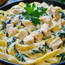 To make this tasty dish, you need some key ingredients. Here’s what you will need: - 2 boneless, skinless chicken breasts, diced - 1 tablespoon olive oil - 3 cloves garlic, minced - 2 cups fresh spinach, packed - 8 ounces fettuccine pasta - 2 cups chicken broth - 1 cup heavy cream - 1 cup grated Parmesan cheese - 1 teaspoon Italian seasoning - Salt and pepper to taste These ingredients work together to create a creamy and flavorful meal that feels special yet is easy to make. Garnishes can add a nice touch to your dish. Here are some ideas: - Fresh parsley, chopped - Extra grated Parmesan cheese Adding these garnishes will not only enhance the look of your meal but also the flavor. You can swap some ingredients if you want to mix things up. Here are a few options: - Use chicken thighs instead of breasts for more flavor. - Try whole wheat fettuccine for a healthier pasta choice. - Almond milk can replace heavy cream for a lighter sauce. These changes can help you tailor the recipe to your taste or dietary needs. First, heat one tablespoon of olive oil in a large pot over medium heat. Next, take two boneless, skinless chicken breasts and dice them. Season the chicken with salt and pepper. Add the diced chicken to the pot. Cook it for about 5 to 7 minutes. You want the chicken to be browned and cooked through. Once done, remove the chicken from the pot and set it aside. In the same pot, add three cloves of minced garlic. Sauté the garlic for about 30 seconds until you smell its wonderful aroma. Now, pour in two cups of chicken broth and bring it to a simmer. Add 8 ounces of fettuccine pasta to the pot. Cook the pasta according to the package instructions. Stir it occasionally until it reaches an al dente texture. Once the pasta is cooked, reduce the heat to low. Stir in one cup of heavy cream and one cup of grated Parmesan cheese. Mix the sauce until it becomes creamy and smooth. Now, add the cooked chicken back into the pot. Toss in two cups of fresh spinach and one teaspoon of Italian seasoning. Stir everything together until the spinach wilts, which should take about 2 to 3 minutes. Taste the dish and adjust the salt and pepper if you need to. To make your Alfredo sauce creamier, use heavy cream instead of milk. The heavy cream gives a rich texture. You can also add more cheese. Parmesan cheese helps thicken the sauce. Stir it in slowly until it melts. You can add a bit of pasta water too. This water helps bind the sauce to the pasta. Cook the chicken until it's golden brown. This takes about 5 to 7 minutes. Make sure not to overcrowd the pot. This helps the chicken cook evenly. Season the chicken well with salt and pepper. You can also add garlic powder or Italian seasoning for extra flavor. Let the chicken rest after cooking. This keeps it juicy and tender. For this dish, use a large pot. A pot with a heavy bottom works best. It helps heat evenly and prevents sticking. You will also need a wooden spoon for stirring. A sharp knife is important for cutting the chicken. Finally, use measuring cups and spoons for accuracy. This ensures you get the right flavors every time. {{image_2}} You can change up the flavors in One-Pot Chicken Alfredo Spinach by adding other vegetables. Try adding broccoli, bell peppers, or mushrooms. Just chop them up small so they cook well. Add them when you sauté the garlic. This way, they blend perfectly into the dish. You can also use frozen vegetables if fresh ones are not available. They cook quickly and save time. To make this dish healthier, swap heavy cream for Greek yogurt or low-fat milk. These options cut calories without losing taste. You can also add more spinach or other greens like kale for extra vitamins. Use whole wheat fettuccine for more fiber. It tastes great and keeps you full longer. If you need a gluten-free meal, use gluten-free pasta. Many brands offer good options that taste just as nice. You can also check labels on chicken broth to ensure it's gluten-free. This way, you keep the creamy flavor without the gluten. Enjoy this dish without any worries about dietary needs. After you enjoy your One-Pot Chicken Alfredo Spinach, store leftovers in an airtight container. Make sure to let the dish cool to room temperature before sealing it. This helps keep the meal fresh. Place it in the fridge within two hours after cooking. It will stay good for about three to four days. To reheat, put the leftovers in a pot over low heat. Add a splash of chicken broth or cream to help it stay creamy. Stir it gently until warm. You can also use a microwave. Heat it in short bursts, stirring in between. This keeps it from drying out. If you want to save it for later, freezing is an option. Allow the dish to cool completely before freezing. Place it in a freezer-safe container or bag. Make sure to remove as much air as possible. Label it with the date. You can freeze it for up to three months. When ready to eat, thaw it in the fridge overnight before reheating. Yes, you can use frozen spinach. Just thaw it first and drain any excess water. Then, add it to the pot along with the cooked chicken. Frozen spinach works great and saves time. It still gives you that nice green color and flavor. To add spice, try using red pepper flakes. Start with a pinch and taste as you go. You can also add some hot sauce or diced jalapeños. Just mix them in when you add the chicken back to the pot. This will give your dish a nice kick. If you don’t have fettuccine, use penne, rotini, or even spaghetti. Just check the cooking time on the package. Different shapes will change the dish's look but still taste great. Choose what you like best, and it will still be delicious! This article covered how to make One-Pot Chicken Alfredo Spinach. We explored key ingredients, step-by-step cooking, and helpful tips. You can customize the dish with added veggies or healthier swaps. Plus, we discussed storage and reheating methods for leftovers. You now have the tools to make this meal great. Experiment and enjoy the cooking! You’ll impress friends and family with your skills. Happy cooking!