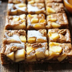To make Brown Butter Apple Blondies, gather these ingredients: - 1/2 cup unsalted butter - 1 cup brown sugar, packed - 1/2 cup granulated sugar - 2 large eggs - 1 teaspoon vanilla extract - 1 3/4 cups all-purpose flour - 1 teaspoon baking powder - 1/2 teaspoon baking soda - 1/2 teaspoon salt - 1 teaspoon ground cinnamon - 1 medium sweet apple, like Honeycrisp or Fuji, peeled, cored, and diced - 1/2 cup chopped walnuts (optional) You can swap out some ingredients if needed: - For butter, use ghee or coconut oil for a dairy-free option. - Instead of brown sugar, try coconut sugar or honey for a different sweetness. Want to mix things up? Here are some fun add-ins: - Use different nuts, like pecans or almonds, for crunch. - Add chocolate chips for a sweet twist. - Try dried fruits, such as cranberries or raisins, for extra flavor. Start by prepping your apple and nuts. Choose a sweet apple like Honeycrisp or Fuji. Peel, core, and dice it into small pieces. If you like nuts, chop your walnuts now. This adds a nice crunch. Next, melt your butter in a medium saucepan over medium heat. Watch it closely. Stir often until the butter turns a golden brown color and smells nutty. This takes about 5 to 7 minutes. Be careful not to burn it; burnt butter can ruin the flavor. In a mixing bowl, pour the brown butter. Whisk in the brown sugar and granulated sugar until smooth. Then, add the eggs one at a time. Mix well after each egg. Stir in the vanilla extract for a nice flavor boost. In another bowl, mix the flour, baking powder, baking soda, salt, and ground cinnamon. Gradually add this dry mix to the wet ingredients. Stir until just combined. Do not overmix, or your blondies may turn out dense. Fold in your diced apple and chopped walnuts if you're using them. Make sure they are evenly spread throughout the batter. Prepare your baking pan by lining it with parchment paper. Leave some paper hanging over the edges. This helps you lift out the blondies later. Preheat your oven to 350°F (175°C). Pour the batter into the prepared pan. Smooth the top with a spatula. Bake for 25 to 30 minutes. You will know they are done when a toothpick inserted in the center comes out clean, with a few moist crumbs. Let the blondies cool in the pan for about 10 minutes. Use the parchment to lift them out. Transfer them to a wire rack to cool completely. Then, cut into squares and enjoy! To make brown butter, heat unsalted butter in a medium pan. Stir it often and watch closely. The butter should turn a deep golden brown. It will smell nutty and fragrant. This takes about 5-7 minutes. If it burns, start over. Look for small brown bits at the bottom. This shows the butter is ready. To check if the blondies are done, use a toothpick. Stick it into the center. If it comes out clean or with a few moist crumbs, they are ready. Let them cool in the pan for ten minutes. This helps them set better. Cutting them too soon can make them fall apart. For a fun touch, dust cooled blondies with powdered sugar. You can also serve them with vanilla ice cream or drizzle caramel sauce on top. This adds extra flavor and makes them look pretty! Serve them warm for a cozy treat, or at room temperature for a nice snack. {{image_2}} You can make your Brown Butter Apple Blondies even more tasty! Adding spices like nutmeg or maple extract can boost the flavor. These small changes will make a big difference. Try different apples too. A tart Granny Smith can give a nice contrast to the sweet batter. Honeycrisp apples add a juicy sweetness that blends well with brown butter. If you need gluten-free blondies, swap all-purpose flour for a gluten-free blend. Just check that the blend works well in baking. For a vegan version, use coconut oil instead of butter and flax eggs in place of regular eggs. A flax egg is one tablespoon of flaxseed meal mixed with three tablespoons of water. Let it sit for a few minutes to thicken. Serve your blondies warm for a cozy treat. They go great with vanilla ice cream melting on top. For a chilled option, let them cool completely. Dust them with powdered sugar for an elegant touch. If you're hosting a party, cut them into smaller squares. You can even drizzle caramel sauce over them for a sweet twist! To keep your Brown Butter Apple Blondies fresh, use an airtight container. Store them at room temperature if you plan to eat them in a few days. For longer storage, the fridge works well too. Just make sure they are completely cool before sealing them up. If you want to save some blondies for later, freezing is a great option. Wrap each blondie in plastic wrap and then place them in a freezer bag. This keeps them fresh and prevents freezer burn. When you're ready to enjoy them, take them out and let them thaw in the fridge overnight. You can also warm them in the microwave for a few seconds to restore that fresh-baked taste. At room temperature, your blondies will stay good for about three days. If you store them in the fridge, they can last up to a week. Just remember, the longer they sit, the less fresh they may taste. Always check for any changes in texture or smell before enjoying your treats! Yes, you can use other apples. I recommend Honeycrisp or Fuji for their sweetness. Granny Smith adds tartness, which can balance the sugar. Braeburn apples offer a nice blend of sweet and tart flavors. Each apple type gives a unique taste and texture to the blondies. To check for doneness, look for a golden brown top. Insert a toothpick in the center; it should come out clean or with a few moist crumbs. If the toothpick has wet batter on it, the blondies need more time. The edges should pull away from the pan slightly. You can make these blondies ahead of time. Bake and cool them, then store in an airtight container. They stay fresh for up to three days at room temperature. For longer storage, wrap them well and freeze. Thaw at room temperature when ready to enjoy. These Brown Butter Apple Blondies blend rich flavors and textures. We covered all key ingredients, including varieties of apples and sugar. I showed you how to prep and mix the batter for perfect results. Remember to experiment with add-ins and flavors that excite you. Store your blondies properly, and they’ll last longer. The tips provided ensure a successful bake every time. Enjoy making your delicious blondies, whether warm or chilled. Happy baking!