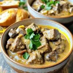 - 2 pounds beef chuck roast, cut into 1-inch cubes - 1 teaspoon salt - 1 teaspoon black pepper - 2 tablespoons olive oil - 1 medium onion, chopped - 4 cloves garlic, minced - 2 cups mushrooms, sliced (cremini or button) - 3 cups beef broth (low sodium) - 2 teaspoons Worcestershire sauce - 2 tablespoons Dijon mustard - 1 teaspoon dried thyme - 1 cup sour cream - 1 tablespoon cornstarch (optional for thickening) - 2 tablespoons chopped fresh parsley (for garnish) - Cooked egg noodles or rice, for serving When making slow cooker beef stroganoff, you need a few key ingredients. The beef chuck roast is the star. It has great flavor and becomes so tender. Season it with salt and pepper to start. Next, olive oil helps to sear the meat. Searing adds depth to the flavor. The aromatics, like onion, garlic, and mushrooms, bring a nice aroma. They create a rich base for the dish. You also need beef broth. It keeps the beef moist and adds taste. Worcestershire sauce and Dijon mustard give a tasty kick. Thyme adds a nice earthy flavor. For creaminess, you will stir in sour cream at the end. If you want a thicker sauce, add cornstarch. This step is optional, but it can really enhance the dish. Don't forget fresh parsley for garnish! It adds color and freshness to your plate. These ingredients come together to create a warm and comforting meal. First, you need to season the beef. Take 2 pounds of beef chuck roast and cut it into 1-inch cubes. Sprinkle 1 teaspoon of salt and 1 teaspoon of black pepper evenly over the meat. This step adds great flavor. Next, we’ll sear the beef in olive oil. Heat 2 tablespoons of olive oil in a skillet over medium-high heat. Once hot, add the beef cubes. Sear them for about 3-4 minutes on each side until they are browned. This adds a nice crust. After browning, transfer the beef to the slow cooker. Now, let’s sauté the aromatics. In the same skillet, add the chopped onion. Cook it for about 3-4 minutes until it turns translucent. This brings out the sweet flavor of the onion. After the onion is ready, add 4 cloves of minced garlic and 2 cups of sliced mushrooms. Cook for another 5 minutes until the mushrooms soften. This mix will add depth to your stroganoff. Next, it’s time to combine everything. Add the sautéed onion, garlic, and mushrooms to the slow cooker with the beef. Pour in 3 cups of low-sodium beef broth, 2 teaspoons of Worcestershire sauce, 2 tablespoons of Dijon mustard, and 1 teaspoon of dried thyme. Stir gently to mix all the ingredients well. Now, set the slow cooker. Cover it and choose the heat setting. You can set it on low for 6-8 hours or high for 3-4 hours. Cooking slowly makes the beef tender and full of flavor. Once the beef is tender, it’s time for the finishing touches. Stir in 1 cup of sour cream until it blends well. This gives a creamy texture to the sauce. If you like a thicker sauce, mix 1 tablespoon of cornstarch with a little water to make a slurry. Stir it in and let it cook for another 15-30 minutes. For serving, present the beef stroganoff in deep bowls. A sprinkle of chopped fresh parsley on top adds color and freshness. Serve it over cooked egg noodles or rice. Crusty bread on the side is great to soak up the delicious sauce. Enjoy your meal! To make your beef stroganoff taste great, adjust the seasoning to fit your taste. You can add extra salt or pepper based on your preference. Sometimes, I like to toss in a splash more Worcestershire sauce for a richer flavor. You can also enhance the dish by adding a splash of red wine or some fresh herbs like thyme or parsley while cooking. These tweaks can really boost the taste! Preparing ingredients in advance saves time. You can cut the beef, chop the onions, and slice the mushrooms the night before. Store them in the fridge until you're ready to cook. If your day is busy, remember that the slow cooker can handle it. Set it on low in the morning, and you’ll have a warm meal ready by dinner! Choosing the right slow cooker is key. A 6-quart slow cooker is perfect for this recipe. Make sure it has a good seal to keep in moisture. Useful kitchen tools include a sharp knife for cutting, a sturdy cutting board, and measuring cups for accuracy. These tools help ensure your stroganoff turns out tasty and satisfying every time. {{image_2}} You can swap beef for other proteins. Chicken or turkey works well in this dish. They cook nicely and soak up the flavors. If you want a dairy-free option, try using cashew cream instead of sour cream. This keeps the dish creamy without dairy. To give your stroganoff a twist, add veggies like carrots or bell peppers. They add color and nutrients. You can also mix in different herbs and spices. Try rosemary or paprika for a new taste. These small changes can make a big difference. You don't have to stick to just egg noodles or rice. Serve the stroganoff over polenta for a creamy base. You can also try it with mashed potatoes. For garnishing, sprinkle fresh parsley or even chives on top. This adds a nice pop of color and fresh taste. After enjoying your beef stroganoff, let it cool first. Store leftovers in an airtight container. Keep it in the fridge. I recommend eating it within three to four days to keep it fresh. If you wait too long, the flavors may fade. You can freeze beef stroganoff too. Just make sure it cools completely. Use a freezer-safe container or a heavy-duty bag. Label the container with the date. It can stay in the freezer for up to three months. When you're ready to eat, move it to the fridge to thaw overnight. For reheating, the stove is best. Put stroganoff in a pot over low heat. Stir frequently to warm it evenly. You can also use the microwave. Heat in short bursts and stir in between. This helps keep the sauce from separating. If you notice separation, stir in a bit of sour cream or broth to bring it back together. Slow cooker beef stroganoff takes 6-8 hours on low or 3-4 hours on high. The longer cooking time helps the beef become tender. I prefer the low setting. It allows the flavors to blend slowly, making the dish rich and savory. Yes, you can use frozen beef. Just add extra time. If you start with frozen beef, cook it on high for about 4-5 hours. Make sure to check for tenderness. If it’s not tender yet, keep cooking until it is. Beef stroganoff goes well with several sides. Here are some great options: - Cooked egg noodles - Steamed rice - Mashed potatoes - Crusty bread These sides soak up the sauce nicely and add flavor. Yes, you can make beef stroganoff on the stove. Here’s how: 1. Sear the beef in a large pot. 2. Add the onions, garlic, and mushrooms. 3. Pour in the broth and sauces and let it simmer. 4. Cook until the beef is tender, about 1-2 hours. This method is faster but requires more attention. Absolutely! To make beef stroganoff gluten-free, use gluten-free Worcestershire sauce and gluten-free noodles. You can find many brands of gluten-free pasta at your local store. This way, you can still enjoy the same great taste without gluten. This beef stroganoff recipe showcases rich flavors and simple steps. You learned how to combine main ingredients, cook them perfectly, and present the dish beautifully. With a few tips, you can adjust the flavor and even make this meal ahead of time. Remember, variations exist to fit your needs, like using different proteins or adding veggies. Storing leftovers is easy if you follow the proper methods. Enjoy your delicious creation, and share with others how to make this comforting dish. Your cooking skills will surely impress!