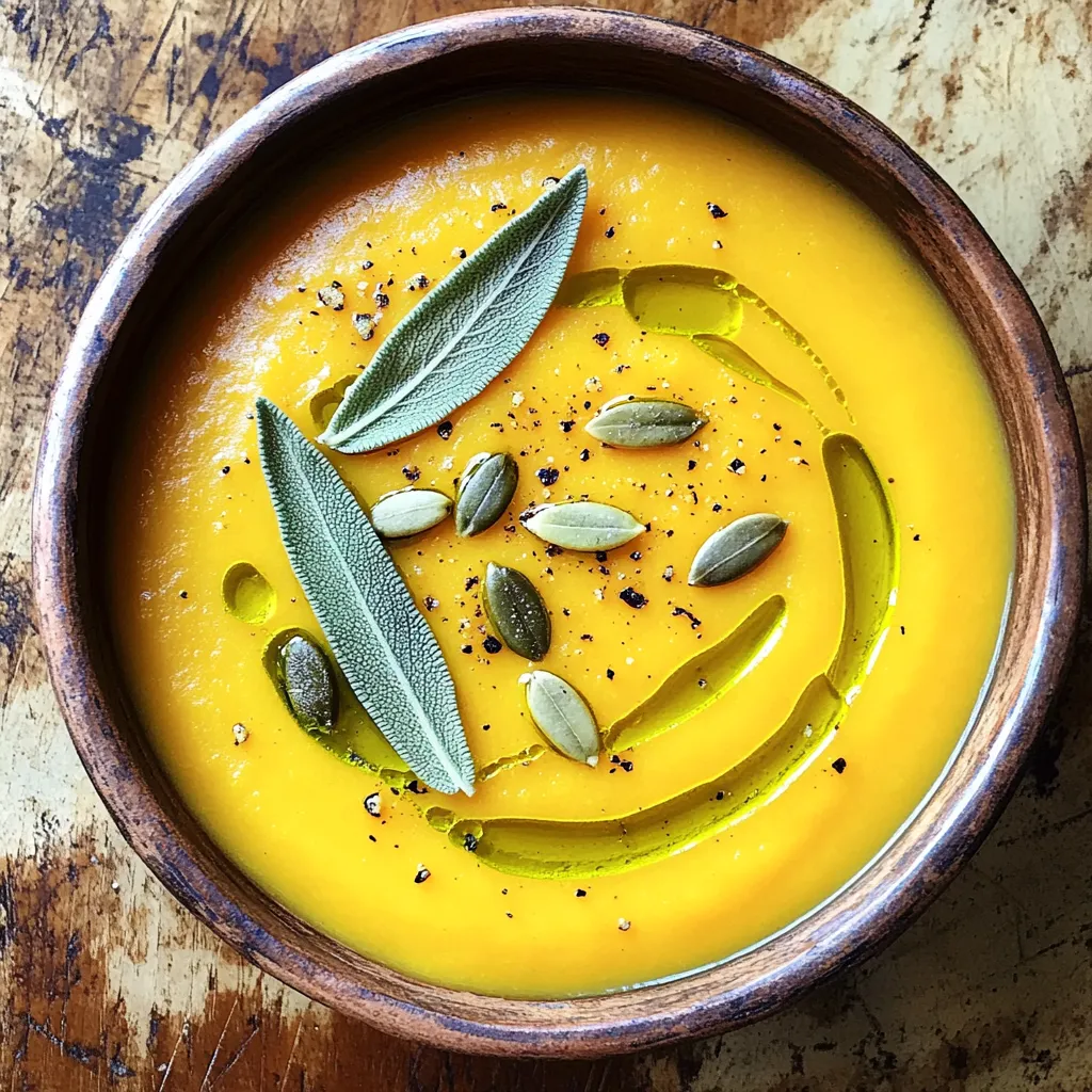 To make this delightful soup, start with key ingredients that bring warmth and flavor. Here’s what you need: - 1 medium butternut squash, peeled and cubed - 1 large onion, chopped - 2 cloves garlic, minced - 2 tablespoons olive oil - 4 cups vegetable broth - 1 cup coconut milk (or heavy cream for a richer soup) - 1 tablespoon fresh sage, chopped (or 1 teaspoon dried sage) - ½ teaspoon nutmeg - Salt and pepper to taste These ingredients blend beautifully, creating a creamy and savory soup. The butternut squash adds a sweet touch, while the sage brings a herby punch. You can boost the flavor of your broth with a few optional ingredients. Consider adding: - A splash of white wine for depth - A bay leaf for extra aroma - A pinch of chili flakes for a hint of heat These additions can elevate your soup, making it even more satisfying. Garnishes add a beautiful finish to your soup and enhance the taste. Here are some great options: - Toasted pumpkin seeds for crunch - A drizzle of olive oil for richness - Extra sage leaves for freshness Garnishing your soup not only makes it look pretty but also adds layers of flavor. Enjoy experimenting with these ideas to find your perfect bowl! Start by peeling and cubing the butternut squash. A sharp knife makes this easy. Next, chop the onion and mince the garlic. Heat two tablespoons of olive oil in a large pot over medium heat. When the oil is warm, add the chopped onion. Sauté the onion for about 5 to 7 minutes until it turns soft and transparent. This step adds a nice base flavor to the soup. Now, stir in the minced garlic and chopped sage. Cook this mixture for another 1 to 2 minutes. The garlic and sage will smell great as they cook. This is the smell that warms the heart! Add the cubed butternut squash to the pot and stir well. Let it cook for about 5 minutes. This slight caramelization brings out the sweet flavor of the squash. Next, pour in 4 cups of vegetable broth. Bring the soup to a simmer. Cover the pot and cook for 20 to 25 minutes. The squash must become tender for the best texture. Once the squash is soft, use an immersion blender to puree the soup until smooth. If you do not have one, carefully transfer the soup in batches to a regular blender. After blending, return the smooth soup to the pot. Stir in 1 cup of coconut milk or heavy cream for richness. Add ½ teaspoon of nutmeg and season with salt and pepper. Finally, heat the soup on low for another 5 minutes to blend the flavors. Serve the soup hot and enjoy the cozy flavors! Cutting butternut squash can be tricky. Start by using a sharp knife. Slice off both ends to create a flat surface. This helps keep the squash stable. Next, stand it upright and slice it in half lengthwise. Scoop out the seeds with a spoon. Finally, peel the skin with a vegetable peeler and cube the flesh. For safety, make sure to keep your fingers clear of the blade. To make your soup creamy, choose high-quality coconut milk or heavy cream. When blending, ensure the soup is very hot. This helps create a smooth texture. An immersion blender works best. If using a countertop blender, blend in small batches. This prevents spills and makes blending easier. For extra creaminess, add more coconut milk or cream after blending. If you need to make swaps, consider these tips. Use vegetable broth for a vegan option. For a nut-free soup, stick with coconut milk or use oat milk. If you want to avoid cream, try pureed white beans for a creamy texture. You can also omit nutmeg if you dislike its flavor. Always adjust salt and pepper to fit your taste. {{image_2}} You can easily make this soup dairy-free and vegan. Instead of using heavy cream, stick to coconut milk. Coconut milk adds creaminess without dairy. It also gives the soup a slight sweetness. This option keeps the soup rich and smooth. Just make sure to use vegetable broth, not chicken broth. If you want to add protein, consider chicken or lentils. For chicken, cook pieces in the pot before adding the onion. This gives you a savory base. Shred the chicken and stir it back in at the end. If you prefer lentils, add them with the broth. Use about one cup of cooked lentils. They will soak up the flavors and make the soup hearty. To give your soup a kick, try adding spices. A pinch of cayenne pepper adds heat. You can also use smoked paprika for a smoky flavor. If you like fresh herbs, add a bit of thyme or rosemary. These herbs pair well with sage and enhance the taste. Consider adding a splash of lime juice for some zest. This brightens the flavors and makes the soup pop. After making your butternut squash sage soup, let it cool. Once cooled, transfer it to an airtight container. Store it in the fridge. Your soup will stay fresh for up to five days. Remember to label the container with the date. This way, you know when to eat it. Freezing your soup is a great idea for later meals. Allow it to cool completely. Pour the soup into freezer-safe containers. Leave some space at the top for expansion. Seal the containers tightly. You can freeze the soup for up to three months. When ready to eat, defrost it overnight in the fridge. To reheat your butternut squash soup, use a pot over low heat. Stir it often to avoid sticking. If the soup seems thick, add a splash of broth or water. This helps return its smooth texture. You can also reheat it in the microwave. Use a microwave-safe bowl and heat in short bursts, stirring in between. Enjoy your warm and tasty soup! To make butternut squash soup thicker, you have a few options. First, you can add more squash. Use an extra half or whole squash to boost thickness. You can also blend less of the soup. If you like some chunks, blend only half and leave the rest. Another way is to add a starch. Try a little cornstarch or potato. Mix it with a bit of water before adding it to the soup. This will give it a nice creamy texture. Yes, you can use frozen butternut squash in this recipe. It saves time since it is already peeled and cubed. Just add the frozen squash directly into the pot when you would add fresh squash. There is no need to thaw it first. The cooking time may be a bit longer, so check for tenderness before blending. Using frozen squash will still give you a tasty soup. Butternut squash is packed with vitamins and minerals. It is rich in vitamin A, which is good for your eyes. It also has fiber, which helps your digestion. Sage adds flavor and has health perks, too. It may help with digestion and boost your mood. Both ingredients can support your immune system. Enjoying this soup can be a great way to stay healthy! You now have all the tools to make a tasty butternut squash sage soup. We covered the key ingredients, step-by-step cooking methods, and tips for great results. You can try different variations, like making it dairy-free or spicy. Proper storage tips help keep it fresh for later. Enjoy cooking this warm, comforting dish, and share it with friends and family. A bowl of this soup is not just food, it’s a way to bring joy to your table.