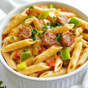 - 8 oz penne pasta - 1 pound smoked sausage (andouille or kielbasa) - 1 medium onion, chopped - 2 cloves garlic, minced - 1 red bell pepper, diced - 1 green bell pepper, diced - 2 tablespoons Cajun seasoning - 1 teaspoon paprika - 1 cup heavy cream - 1 cup chicken broth - 1/2 cup grated Parmesan cheese - Olive oil, salt and pepper to taste - Fresh parsley for garnish This dish starts with penne pasta. I love penne for its ability to hold sauce well. Use 8 ounces, enough for four servings. Next, grab 1 pound of smoked sausage. Andouille or kielbasa works best for that deep flavor. Now, let’s talk veggies. You need a medium onion, two cloves of garlic, one red bell pepper, and one green bell pepper. Chop them to add color and taste. For the spices, mix in 2 tablespoons of Cajun seasoning and 1 teaspoon of paprika. These spices give the dish that warm, bold Cajun flavor. Next, we’ll create the creamy sauce. Grab 1 cup of heavy cream and 1 cup of chicken broth. These will make the sauce rich and smooth. Don’t forget 1/2 cup of grated Parmesan cheese for extra creaminess. Finally, use olive oil, salt, and pepper to taste. Fresh parsley will garnish your dish, adding a pop of color and freshness. With these ingredients, you are set to make a delicious creamy Cajun sausage pasta! - Boil the penne pasta according to package instructions. - Drain and set aside. - Heat olive oil in a skillet over medium heat. - Brown the sliced sausage until golden and crisp. - Sauté the chopped onion, minced garlic, and diced bell peppers in the skillet. - Pour in the chicken broth and heavy cream. - Stir in Cajun seasoning and paprika for a bold flavor. - Toss the cooked pasta into the skillet with the creamy sauce. - Let it simmer on low heat for a few minutes. - Stir in grated Parmesan cheese until melted and creamy. - Season with salt and pepper to taste. - Garnish with fresh parsley for a pop of color. To get the right cream sauce, focus on simmering. After adding chicken broth and heavy cream, let it cook gently. This helps it thicken without burning. Stir it often to keep it smooth. To prevent curdling, avoid high heat. If the sauce gets too hot, the cream can separate. Keep the heat low and gradually mix in the cheese. This will help it melt evenly and stay creamy. For the best flavor, use smoked sausage like andouille or kielbasa. These sausages add a rich, spicy taste that pairs well with the cream. If you want alternatives, try chicken sausage or turkey sausage. They have less fat but still provide good flavor. Some even enjoy using chorizo for a different kick. Adding extra spices can elevate your dish. Try a pinch of cayenne pepper for extra heat. You can also mix in a bit of Italian seasoning for depth. Using fresh herbs like parsley or basil as a garnish adds a burst of freshness. They brighten the dish and make it look beautiful. Plus, they add a nice flavor that balances the creaminess. {{image_2}} You can easily switch up the meat in this dish. If you want a lighter option, use chicken. Simply cut the chicken into bite-sized pieces and cook it until golden. Chicken works great with the creamy sauce and spices. If you prefer seafood, shrimp is a fantastic choice. Just add them at the same time as the sausage. Cook until they turn pink and opaque. For those who skip meat, there are tasty vegetarian options. Try using mushrooms or zucchini for a hearty feel. These veggies add flavor and texture. You can also use plant-based sausage for a great meat-like taste. While penne is my go-to, many other pasta types work well. Bowtie or fusilli can add a fun twist to your dish. They hold the sauce nicely. For a lighter option, consider whole grain pasta. The nutty flavor pairs well with the creamy sauce. If you need gluten-free options, there are many choices available. Rice pasta or chickpea pasta can be great substitutes. They cook a bit differently, so check the package for cooking times. You can make this dish lighter or dairy-free if you like. Swap heavy cream for coconut milk. This adds a lovely flavor and keeps it creamy. For a lighter sauce, use low-fat milk or a mix of broth and cream. Adding vegetables to the sauce is a smart way to boost nutrition. Spinach or kale can blend right into the cream, making it green and healthy. You could also stir in some diced tomatoes for extra flavor. These changes keep the dish delicious while adding variety. To keep your creamy Cajun sausage pasta fresh, store it in the fridge. Place it in an airtight container. This helps prevent moisture loss. You can store it for up to three days. Make sure to let it cool down before sealing it. Use glass or plastic containers with tight lids for best results. You can reheat your pasta on the stove or in the microwave. The stove method is better for keeping the creamy texture. Heat it on low, stirring often. If you use a microwave, cover it to avoid drying out. Add a splash of cream or broth to keep it creamy. Heat in short bursts, stirring in between. Yes, you can freeze creamy Cajun sausage pasta! To freeze, let it cool completely. Transfer it to freezer-safe bags or containers. Remove as much air as possible to prevent freezer burn. It can last for up to three months in the freezer. To defrost, place it in the fridge overnight. Reheat gently on the stove with extra cream or broth. You can use whole milk mixed with butter. Use 3/4 cup of whole milk with 1/4 cup of melted butter. This mix gives you a creamy texture. Coconut milk is another good option. It adds a unique flavor. For a lighter choice, try Greek yogurt. Whisk it well before adding it to your sauce. Yes, you can make this dish ahead of time. Cook the pasta and sauce separately. Then, store each in airtight containers. When ready to serve, combine and heat gently. This helps the flavors blend well. Just be careful not to overcook the pasta when reheating. Cajun seasoning has a medium level of spice. It usually contains paprika, cayenne, garlic, and onion powder. If you want more heat, add extra cayenne. For a milder taste, use less Cajun seasoning. You can always adjust to fit your taste. This pasta goes well with a simple green salad. You can also serve garlic bread on the side. Another option is roasted vegetables. They add color and flavor. Some people enjoy pairing it with corn on the cob too. Absolutely! Adding vegetables boosts nutrition and flavor. You can include spinach, zucchini, or mushrooms. Just sauté them along with the other veggies. This will keep them tender and flavorful. Feel free to get creative with what you have! In this blog post, we explored a delicious creamy Cajun sausage pasta recipe. We covered the main ingredients, step-by-step cooking instructions, and helpful tips. Don’t be afraid to experiment with different meats or vegetables to make it your own. You can easily store and reheat leftovers for later enjoyment. This dish is versatile and can suit many dietary needs. Enjoy cooking this flavorful dish and impress your family and friends with each bite!
