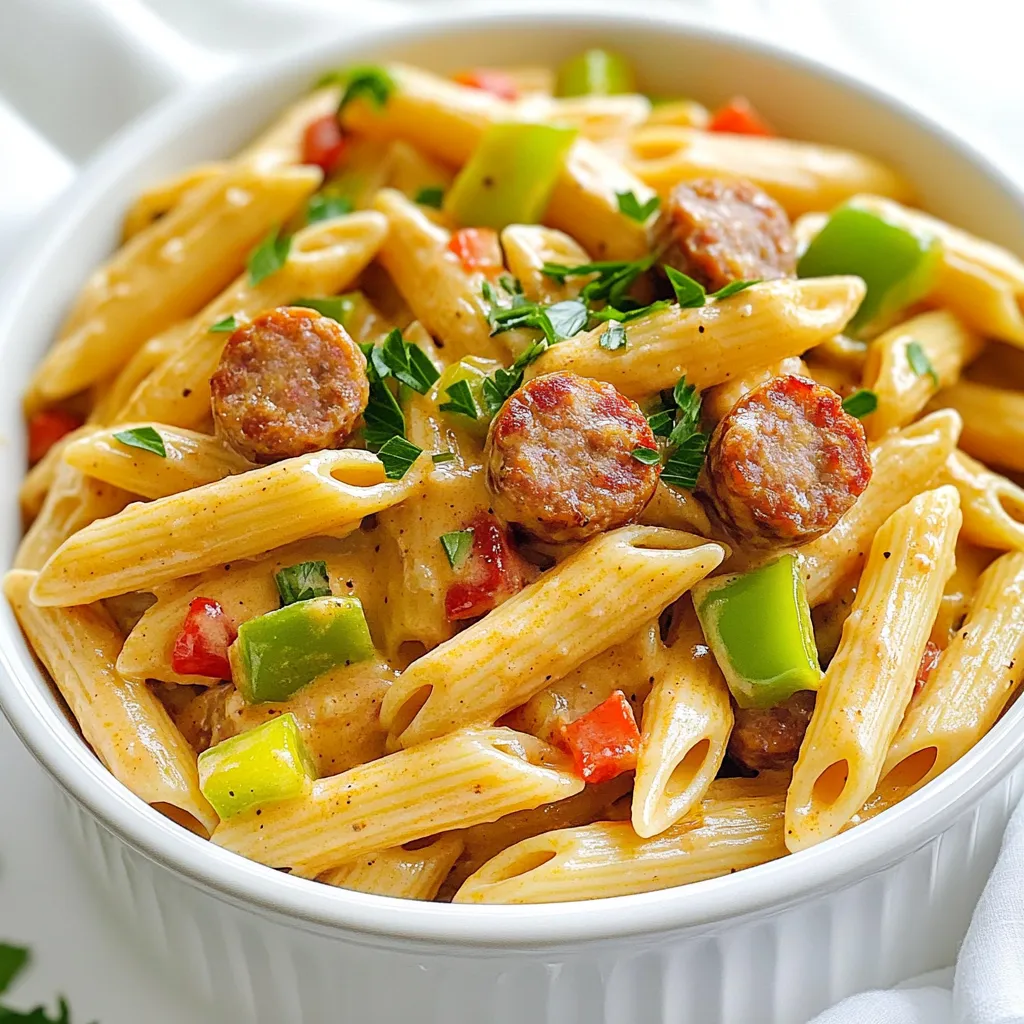 - 8 oz penne pasta - 1 pound smoked sausage (andouille or kielbasa) - 1 medium onion, chopped - 2 cloves garlic, minced - 1 red bell pepper, diced - 1 green bell pepper, diced - 2 tablespoons Cajun seasoning - 1 teaspoon paprika - 1 cup heavy cream - 1 cup chicken broth - ½ cup grated Parmesan cheese - Olive oil, salt and pepper to taste - Fresh parsley for garnish This dish starts with penne pasta. I love penne for its ability to hold sauce well. Use 8 ounces, enough for four servings. Next, grab 1 pound of smoked sausage. Andouille or kielbasa works best for that deep flavor. Now, let’s talk veggies. You need a medium onion, two cloves of garlic, one red bell pepper, and one green bell pepper. Chop them to add color and taste. For the spices, mix in 2 tablespoons of Cajun seasoning and 1 teaspoon of paprika. These spices give the dish that warm, bold Cajun flavor. Next, we’ll create the creamy sauce. Grab 1 cup of heavy cream and 1 cup of chicken broth. These will make the sauce rich and smooth. Don’t forget ½ cup of grated Parmesan cheese for extra creaminess. Finally, use olive oil, salt, and pepper to taste. Fresh parsley will garnish your dish, adding a pop of color and freshness. With these ingredients, you are set to make a delicious creamy Cajun sausage pasta! - Boil the penne pasta according to package instructions. - Drain and set aside. - Heat olive oil in a skillet over medium heat. - Brown the sliced sausage until golden and crisp. - Sauté the chopped onion, minced garlic, and diced bell peppers in the skillet. - Pour in the chicken broth and heavy cream. - Stir in Cajun seasoning and paprika for a bold flavor. - Toss the cooked pasta into the skillet with the creamy sauce. - Let it simmer on low heat for a few minutes. - Stir in grated Parmesan cheese until melted and creamy. - Season with salt and pepper to taste. - Garnish with fresh parsley for a pop of color. To get the right cream sauce, focus on simmering. After adding chicken broth and heavy cream, let it cook gently. This helps it thicken without burning. Stir it often to keep it smooth. To prevent curdling, avoid high heat. If the sauce gets too hot, the cream can separate. Keep the heat low and gradually mix in the cheese. This will help it melt evenly and stay creamy. For the best flavor, use smoked sausage like andouille or kielbasa. These sausages add a rich, spicy taste that pairs well with the cream. If you want alternatives, try chicken sausage or turkey sausage. They have less fat but still provide good flavor. Some even enjoy using chorizo for a different kick. Adding extra spices can elevate your dish. Try a pinch of cayenne pepper for extra heat. You can also mix in a bit of Italian seasoning for depth. Using fresh herbs like parsley or basil as a garnish adds a burst of freshness. They brighten the dish and make it look beautiful. Plus, they add a nice flavor that balances the creaminess. {{image_2}} You can easily switch up the meat in this dish. If you want a lighter option, use chicken. Simply cut the chicken into bite-sized pieces and cook it until golden. Chicken works great with the creamy sauce and spices. If you prefer seafood, shrimp is a fantastic choice. Just add them at the same time as the sausage. Cook until they turn pink and opaque. For those who skip meat, there are tasty vegetarian options. Try using mushrooms or zucchini for a hearty feel. These veggies add flavor and texture. You can also use plant-based sausage for a great meat-like taste. While penne is my go-to, many other pasta types work well. Bowtie or fusilli can add a fun twist to your dish. They hold the sauce nicely. For a lighter option, consider whole grain pasta. The nutty flavor pairs well with the creamy sauce. If you need gluten-free options, there are many choices available. Rice pasta or chickpea pasta can be great substitutes. They cook a bit differently, so check the package for cooking times. You can make this dish lighter or dairy-free if you like. Swap heavy cream for coconut milk. This adds a lovely flavor and keeps it creamy. For a lighter sauce, use low-fat milk or a mix of broth and cream. Adding vegetables to the sauce is a smart way to boost nutrition. Spinach or kale can blend right into the cream, making it green and healthy. You could also stir in some diced tomatoes for extra flavor. These changes keep the dish delicious while adding variety. To keep your creamy Cajun sausage pasta fresh, store it in the fridge. Place it in an airtight container. This helps prevent moisture loss. You can store it for up to three days. Make sure to let it cool down before sealing it. Use glass or plastic containers with tight lids for best results. You can reheat your pasta on the stove or in the microwave. The stove method is better for keeping the creamy texture. Heat it on low, stirring often. If you use a microwave, cover it to avoid drying out. Add a splash of cream or broth to keep it creamy. Heat in short bursts, stirring in between. Yes, you can freeze creamy Cajun sausage pasta! To freeze, let it cool completely. Transfer it to freezer-safe bags or containers. Remove as much air as possible to prevent freezer burn. It can last for up to three months in the freezer. To defrost, place it in the fridge overnight. Reheat gently on the stove with extra cream or broth. You can use whole milk mixed with butter. Use ¾ cup of whole milk with ¼ cup of melted butter. This mix gives you a creamy texture. Coconut milk is another good option. It adds a unique flavor. For a lighter choice, try Greek yogurt. Whisk it well before adding it to your sauce. Yes, you can make this dish ahead of time. Cook the pasta and sauce separately. Then, store each in airtight containers. When ready to serve, combine and heat gently. This helps the flavors blend well. Just be careful not to overcook the pasta when reheating. Cajun seasoning has a medium level of spice. It usually contains paprika, cayenne, garlic, and onion powder. If you want more heat, add extra cayenne. For a milder taste, use less Cajun seasoning. You can always adjust to fit your taste. This pasta goes well with a simple green salad. You can also serve garlic bread on the side. Another option is roasted vegetables. They add color and flavor. Some people enjoy pairing it with corn on the cob too. Absolutely! Adding vegetables boosts nutrition and flavor. You can include spinach, zucchini, or mushrooms. Just sauté them along with the other veggies. This will keep them tender and flavorful. Feel free to get creative with what you have! In this blog post, we explored a delicious creamy Cajun sausage pasta recipe. We covered the main ingredients, step-by-step cooking instructions, and helpful tips. Don’t be afraid to experiment with different meats or vegetables to make it your own. You can easily store and reheat leftovers for later enjoyment. This dish is versatile and can suit many dietary needs. Enjoy cooking this flavorful dish and impress your family and friends with each bite!