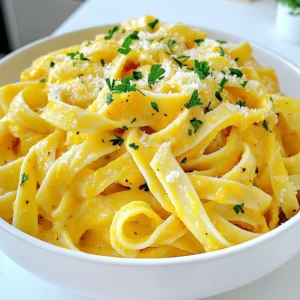 To make Butternut Squash Alfredo Pasta, you need a few simple items. Here’s the list of ingredients: - Fettuccine pasta (12 oz) - Butternut squash (2 cups, peeled and cubed) - Olive oil (2 tablespoons) - Garlic (4 cloves, minced) - Vegetable broth (1 cup) - Heavy cream (1 cup) - Nutmeg (1 teaspoon) - Salt (1 teaspoon) - Black pepper (1/2 teaspoon) - Grated Parmesan cheese (1/2 cup) - Fresh parsley, chopped (for garnish) Each ingredient plays a key role in building flavor and creaminess. Fettuccine pasta is great for holding the sauce. It’s thick and chewy. Butternut squash gives a sweet and nutty taste. Roasting it enhances its flavors. Olive oil and garlic add depth and aroma. The vegetable broth gives the sauce a savory base. Heavy cream makes it rich and smooth. Don’t forget the nutmeg, salt, and black pepper. They bring warmth and balance. Finally, Parmesan cheese adds a salty kick, while fresh parsley offers a bright finish. Gather these ingredients before you start cooking. This way, you’ll have everything at hand for a fun and smooth cooking experience! - First, preheat your oven to 400°F (200°C). - Next, toss the cubed butternut squash with 1 tablespoon of olive oil, salt, and pepper. - Spread the squash on a baking sheet. - Roast for 25 to 30 minutes until it is tender and slightly caramelized. - While the squash roasts, boil a large pot of water. - Add a good pinch of salt to the water. - Once boiling, add 12 oz of fettuccine pasta. - Cook according to the package instructions until al dente, which is usually about 8 to 10 minutes. - Drain the pasta and set it aside, but reserve 1/2 cup of the pasta water. - In a large skillet, heat the remaining tablespoon of olive oil over medium heat. - Add 4 cloves of minced garlic to the skillet. - Sauté for about 1 minute until it smells fragrant but not burnt. - Add the roasted butternut squash to the skillet with the garlic. - Pour in 1 cup of vegetable broth and 1 cup of heavy cream. - Stir everything together and let it simmer for 5 minutes. - Use an immersion blender to puree the mixture until smooth. - If you don’t have an immersion blender, carefully transfer it to a regular blender. - Stir in 1 teaspoon of nutmeg, 1 teaspoon of salt, and 1/2 teaspoon of black pepper. - If the sauce is too thick, add some reserved pasta water to reach your desired consistency. - Add the cooked fettuccine to the creamy butternut squash sauce. - Toss gently to coat the pasta evenly. - Stir in 1/2 cup of grated Parmesan cheese until it melts and blends in. - For serving, plate the pasta and sprinkle with more Parmesan and chopped fresh parsley. - Choosing the right butternut squash: Look for a squash that feels heavy for its size. The skin should be smooth and free from blemishes. A good squash will have a deep orange color, which means it is ripe and sweet. - Cooking pasta al dente: When cooking fettuccine, boil it in salted water. Check the package for timing but aim for just under the suggested time. It should feel firm when you bite into it. This helps the pasta hold its shape and texture in the creamy sauce. - Proper storage techniques: Store any leftovers in an airtight container. Refrigerate within two hours of cooking. Eat them within three days for the best taste. - Best reheating methods: To reheat, warm the pasta on the stove over low heat. Add a splash of broth or cream to restore the creamy texture. Stir often to avoid burning. You can also use a microwave, but use short increments of time and stir in between. - Vegetarian or vegan options: To make this dish vegan, swap heavy cream for coconut cream or cashew cream. You can also use nutritional yeast instead of Parmesan cheese for that cheesy flavor without dairy. - Gluten-free pasta alternatives: If you need a gluten-free option, use rice or chickpea pasta. These options work well and provide a nice texture in the dish. Always check the cooking time, as it may differ from traditional pasta. {{image_2}} You can easily add protein to your Butternut Squash Alfredo Pasta. Here are some great options: - Cooked chicken or turkey adds flavor and heartiness. - Shrimp brings a nice seafood touch. - For a meat-free choice, try chickpeas or lentils. - Tofu is a great vegetarian option. Use firm tofu for the best texture. These proteins make the dish filling. Adding more veggies can make your dish vibrant and healthy. Here are some tasty choices: - Spinach wilts nicely into the warm pasta. - Broccoli adds crunch and color. - Peas mix well and add a sweet touch. - Roasted red peppers bring a smoky flavor. Feel free to mix and match your favorites! You can boost the taste of your Alfredo sauce with herbs and spices. Here are some great ideas: - A sprinkle of red pepper flakes gives a spicy kick. - Fresh basil or thyme adds a lovely aroma. - A squeeze of lemon juice brightens the flavors. - Smoked paprika adds depth and warmth. Experiment with these flavor enhancements to make the dish your own! Each serving of Butternut Squash Alfredo Pasta has about 600 calories. This number may change with portion size and added ingredients. Butternut squash is rich in vitamins and minerals. It has a lot of vitamin A, which helps vision. It also contains vitamin C and fiber. These nutrients help boost your immune system and support digestion. Eating butternut squash can help you feel full and satisfied. In one serving, you get approximately: - Protein: 15 grams - Carbohydrates: 80 grams - Fats: 25 grams This dish has a nice balance of macros. The carbs give you energy, while the fats help you feel full. The protein helps with muscle repair and growth. You can easily make Butternut Squash Alfredo Pasta vegan. Here are some simple swaps: - Use vegan fettuccine pasta. - Replace heavy cream with full-fat coconut milk or cashew cream. - Instead of Parmesan cheese, try nutritional yeast for a cheesy flavor. - Use vegetable broth, which is already vegan. These swaps keep the dish creamy and delicious without dairy. Yes, you can use different types of pasta. Here are some great options: - Penne: This shape holds the sauce well. - Rigatoni: Its ridges catch the sauce nicely. - Gluten-free pasta: There are many good brands available. Feel free to choose any pasta you enjoy. Just cook it according to package instructions. This dish pairs well with many sides. Here are a few ideas: - Garlic bread: A crunchy side that complements the creamy pasta. - Salad: A fresh green salad adds balance. - Roasted vegetables: Carrots, broccoli, or Brussels sprouts work great. These sides make your meal complete and satisfying. If your Alfredo sauce turns out lumpy, don’t worry. Here’s how to fix it: - Use an immersion blender to smooth the sauce. - If you don’t have one, transfer the sauce to a regular blender. - Blend until smooth and creamy. If the sauce is too thick, add a little reserved pasta water. This will help get the right consistency. In this post, I shared a simple butternut squash Alfredo pasta recipe. We covered key ingredients, step-by-step cooking instructions, and helpful tips for success. I also explored delicious variations and provided nutritional insights. This dish offers flavor and comfort while being easy to prepare. Whether you want to try new flavors or adapt it for different diets, you now have all the tools. Enjoy making this dish, and share it with others to spread the joy of cooking!