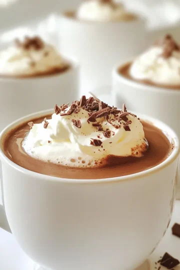 To make whipped hot chocolate, you will need: - 2 cups whole milk - ½ cup heavy cream - ¼ cup unsweetened cocoa powder - ½ cup semi-sweet chocolate chips - ¼ cup granulated sugar - 1 teaspoon vanilla extract - A pinch of salt - Whipped cream (for topping) - Chocolate shavings or cocoa powder (for garnish) When I choose ingredients, I focus on quality. Here are my tips: - Milk: Use whole milk for a rich taste. Look for milk that is fresh. - Cream: Heavy cream creates a thick and fluffy topping. Check the fat content. - Cocoa Powder: Unsweetened cocoa gives depth. Opt for Dutch-processed for smoother flavor. - Chocolate Chips: Semi-sweet chips add sweetness and richness. Choose high-quality brands. - Sugar: Granulated sugar is best. You can use raw sugar for a unique flavor. - Vanilla Extract: Pure vanilla has great taste. Avoid artificial flavoring when possible. Not everyone can use the same ingredients. Here are some swaps: - Milk Alternatives: Almond milk or oat milk can replace whole milk for a dairy-free option. - Cream Alternatives: Coconut cream gives a rich texture without dairy. - Sugar Alternatives: Try maple syrup or honey instead of granulated sugar. - Cocoa Powder: Carob powder can replace cocoa for a caffeine-free option. - Chocolate Chips: Use dark chocolate or dairy-free chips for a vegan version. To make whipped hot chocolate, start with the milk. Pour 2 cups of whole milk into a small saucepan. Heat it over medium heat until it steams. Make sure the milk does not boil. This step helps keep the chocolate smooth. Next, remove the saucepan from the heat. Add in the following ingredients: - ¼ cup unsweetened cocoa powder - ½ cup semi-sweet chocolate chips - ¼ cup granulated sugar - 1 teaspoon vanilla extract - A pinch of salt Whisk all these ingredients well. Keep whisking until everything blends into a smooth mix. This part is key for rich flavor. Now, take a separate bowl. Pour in ½ cup of heavy cream. Use a hand mixer to whip it. Keep going until soft peaks form. Once the cream is ready, fold half of it into the hot chocolate mixture. This gives the drink a lighter feel. Pour your whipped hot chocolate into mugs. Leave some space at the top. Top each mug with a generous dollop of the remaining whipped cream. Finally, add some fun touches. Sprinkle chocolate shavings or a dusting of cocoa powder on top. This makes each cup look special and tasty. Whisking is all about speed and technique. Use a whisk or a hand mixer for best results. Make sure to whisk in the cocoa and chocolate chips well. This ensures no clumps remain. When folding in the whipped cream, be gentle. Use a spatula and move from the bottom to the top. This keeps the air in the cream and keeps it fluffy. Seeing is believing! Check out videos online that show how to make whipped hot chocolate. Visual guides help you understand each step better. You can find many demos on popular cooking websites or platforms like YouTube. Watching someone else makes it easier to follow along. Enjoy making this delightful treat! To make great whipped cream, start with cold heavy cream. Use a chilled bowl for best results. Whip the cream with a hand mixer on medium speed. Stop when you see soft peaks form. This means the cream holds its shape but is not too stiff. For extra flavor, add a bit of vanilla extract while whipping. One mistake is using warm cream. Warm cream won’t whip up well. Another mistake is over-whipping. If you whip too long, the cream turns into butter. Watch it closely. Lastly, don't skip the sugar. It helps balance the cream's taste and adds a nice sweetness to your whipped hot chocolate. You can make your whipped hot chocolate even more fun! Try adding flavored syrups, like peppermint or caramel. A sprinkle of cinnamon or nutmeg can give it a warm spice. You can also mix in a bit of instant coffee for a mocha twist. Get creative and find your favorite flavor combo! {{image_2}} You can add fun flavors to your whipped hot chocolate. Here are some ideas: - Peppermint: Add a few drops of peppermint extract. Top with crushed candy canes. - Caramel: Stir in caramel sauce before serving. Drizzle more on top for a treat. - Hazelnut: Use hazelnut spread in the mix for a nutty twist. - Spicy: Add a dash of cayenne pepper for a kick. These flavors make your drink unique and exciting. If you want a dairy-free whipped hot chocolate, try these swaps: - Milk: Use almond milk, coconut milk, or oat milk instead of whole milk. - Cream: Substitute heavy cream with coconut cream or a dairy-free version. - Chocolate: Choose dairy-free chocolate chips for a rich taste. These options help everyone enjoy this treat. Change your whipped hot chocolate with seasonal flavors. Here are some fun ideas: - Pumpkin Spice: Add pumpkin puree and pumpkin spice for fall. - Eggnog: Use eggnog instead of milk for a holiday vibe. - S'mores: Mix in marshmallow fluff and graham cracker crumbs for summer fun. These twists keep your whipped hot chocolate fresh and exciting all year long. To store leftover whipped hot chocolate, transfer it to an airtight container. Cover tightly to keep it fresh. Avoid mixing the whipped cream with the drink. This keeps the cream fluffy. Store it in the fridge for up to three days. When you want to enjoy your whipped hot chocolate, heat it gently in a saucepan. Use low heat to avoid burning. Stir frequently to mix well. If the whipped cream has deflated, you can whip up more. Add this fresh cream on top for a great finish. The ingredients in your whipped hot chocolate have different shelf lives. Whole milk lasts about five to seven days after opening. Heavy cream stays fresh for about a week. Cocoa powder can last for years if stored in a cool, dry place. Keep chocolate chips for about a year if sealed well. Whipped hot chocolate is a rich drink that combines hot cocoa and whipped cream. I love how the creamy texture makes it feel special. You start with a warm chocolate base. Then, you fold in whipped cream for extra fluff. This creates a delightful drink that feels like dessert in a cup. You can top it with more whipped cream and chocolate shavings. It’s a cozy treat perfect for chilly days. Yes, you can prepare the hot chocolate base ahead of time. Just follow the recipe steps to make your hot chocolate. Once it cools, store it in the fridge. When you're ready to enjoy, reheat it gently on the stove. Whip fresh cream to top it right before serving. This keeps the fluffiness and taste fresh. It’s a great way to save time on busy days. You can easily customize your whipped hot chocolate with a few fun twists. Here are some ideas: - Flavorings: Add peppermint extract for a minty taste. - Spices: A dash of cinnamon or nutmeg adds warmth. - Milk alternatives: Use almond or oat milk for a different flavor. - Chocolate: Try dark chocolate chips for a richer taste. - Toppings: Experiment with sprinkles, caramel drizzle, or flavored whipped cream. Mix and match these ideas to create your own version of whipped hot chocolate! We covered the essential ingredients, tips for choosing quality items, and swaps for diets. I shared step-by-step instructions, helpful whisking tips, and visuals to guide you. We explored tricks to make perfect whipped cream and avoid common mistakes. I also provided tasty flavor options and fun variations for every season. Lastly, I included storage tips to keep leftovers fresh. Enjoy your whipped hot chocolate adventure! Customize it to fit your taste and have fun experimenting.
