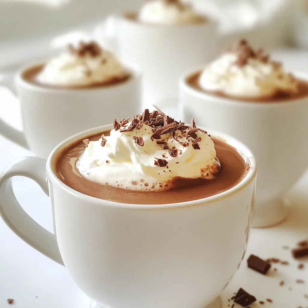 To make whipped hot chocolate, you will need: - 2 cups whole milk - ½ cup heavy cream - ¼ cup unsweetened cocoa powder - ½ cup semi-sweet chocolate chips - ¼ cup granulated sugar - 1 teaspoon vanilla extract - A pinch of salt - Whipped cream (for topping) - Chocolate shavings or cocoa powder (for garnish) When I choose ingredients, I focus on quality. Here are my tips: - Milk: Use whole milk for a rich taste. Look for milk that is fresh. - Cream: Heavy cream creates a thick and fluffy topping. Check the fat content. - Cocoa Powder: Unsweetened cocoa gives depth. Opt for Dutch-processed for smoother flavor. - Chocolate Chips: Semi-sweet chips add sweetness and richness. Choose high-quality brands. - Sugar: Granulated sugar is best. You can use raw sugar for a unique flavor. - Vanilla Extract: Pure vanilla has great taste. Avoid artificial flavoring when possible. Not everyone can use the same ingredients. Here are some swaps: - Milk Alternatives: Almond milk or oat milk can replace whole milk for a dairy-free option. - Cream Alternatives: Coconut cream gives a rich texture without dairy. - Sugar Alternatives: Try maple syrup or honey instead of granulated sugar. - Cocoa Powder: Carob powder can replace cocoa for a caffeine-free option. - Chocolate Chips: Use dark chocolate or dairy-free chips for a vegan version. To make whipped hot chocolate, start with the milk. Pour 2 cups of whole milk into a small saucepan. Heat it over medium heat until it steams. Make sure the milk does not boil. This step helps keep the chocolate smooth. Next, remove the saucepan from the heat. Add in the following ingredients: - ¼ cup unsweetened cocoa powder - ½ cup semi-sweet chocolate chips - ¼ cup granulated sugar - 1 teaspoon vanilla extract - A pinch of salt Whisk all these ingredients well. Keep whisking until everything blends into a smooth mix. This part is key for rich flavor. Now, take a separate bowl. Pour in ½ cup of heavy cream. Use a hand mixer to whip it. Keep going until soft peaks form. Once the cream is ready, fold half of it into the hot chocolate mixture. This gives the drink a lighter feel. Pour your whipped hot chocolate into mugs. Leave some space at the top. Top each mug with a generous dollop of the remaining whipped cream. Finally, add some fun touches. Sprinkle chocolate shavings or a dusting of cocoa powder on top. This makes each cup look special and tasty. Whisking is all about speed and technique. Use a whisk or a hand mixer for best results. Make sure to whisk in the cocoa and chocolate chips well. This ensures no clumps remain. When folding in the whipped cream, be gentle. Use a spatula and move from the bottom to the top. This keeps the air in the cream and keeps it fluffy. Seeing is believing! Check out videos online that show how to make whipped hot chocolate. Visual guides help you understand each step better. You can find many demos on popular cooking websites or platforms like YouTube. Watching someone else makes it easier to follow along. Enjoy making this delightful treat! To make great whipped cream, start with cold heavy cream. Use a chilled bowl for best results. Whip the cream with a hand mixer on medium speed. Stop when you see soft peaks form. This means the cream holds its shape but is not too stiff. For extra flavor, add a bit of vanilla extract while whipping. One mistake is using warm cream. Warm cream won’t whip up well. Another mistake is over-whipping. If you whip too long, the cream turns into butter. Watch it closely. Lastly, don't skip the sugar. It helps balance the cream's taste and adds a nice sweetness to your whipped hot chocolate. You can make your whipped hot chocolate even more fun! Try adding flavored syrups, like peppermint or caramel. A sprinkle of cinnamon or nutmeg can give it a warm spice. You can also mix in a bit of instant coffee for a mocha twist. Get creative and find your favorite flavor combo! {{image_2}} You can add fun flavors to your whipped hot chocolate. Here are some ideas: - Peppermint: Add a few drops of peppermint extract. Top with crushed candy canes. - Caramel: Stir in caramel sauce before serving. Drizzle more on top for a treat. - Hazelnut: Use hazelnut spread in the mix for a nutty twist. - Spicy: Add a dash of cayenne pepper for a kick. These flavors make your drink unique and exciting. If you want a dairy-free whipped hot chocolate, try these swaps: - Milk: Use almond milk, coconut milk, or oat milk instead of whole milk. - Cream: Substitute heavy cream with coconut cream or a dairy-free version. - Chocolate: Choose dairy-free chocolate chips for a rich taste. These options help everyone enjoy this treat. Change your whipped hot chocolate with seasonal flavors. Here are some fun ideas: - Pumpkin Spice: Add pumpkin puree and pumpkin spice for fall. - Eggnog: Use eggnog instead of milk for a holiday vibe. - S'mores: Mix in marshmallow fluff and graham cracker crumbs for summer fun. These twists keep your whipped hot chocolate fresh and exciting all year long. To store leftover whipped hot chocolate, transfer it to an airtight container. Cover tightly to keep it fresh. Avoid mixing the whipped cream with the drink. This keeps the cream fluffy. Store it in the fridge for up to three days. When you want to enjoy your whipped hot chocolate, heat it gently in a saucepan. Use low heat to avoid burning. Stir frequently to mix well. If the whipped cream has deflated, you can whip up more. Add this fresh cream on top for a great finish. The ingredients in your whipped hot chocolate have different shelf lives. Whole milk lasts about five to seven days after opening. Heavy cream stays fresh for about a week. Cocoa powder can last for years if stored in a cool, dry place. Keep chocolate chips for about a year if sealed well. Whipped hot chocolate is a rich drink that combines hot cocoa and whipped cream. I love how the creamy texture makes it feel special. You start with a warm chocolate base. Then, you fold in whipped cream for extra fluff. This creates a delightful drink that feels like dessert in a cup. You can top it with more whipped cream and chocolate shavings. It’s a cozy treat perfect for chilly days. Yes, you can prepare the hot chocolate base ahead of time. Just follow the recipe steps to make your hot chocolate. Once it cools, store it in the fridge. When you're ready to enjoy, reheat it gently on the stove. Whip fresh cream to top it right before serving. This keeps the fluffiness and taste fresh. It’s a great way to save time on busy days. You can easily customize your whipped hot chocolate with a few fun twists. Here are some ideas: - Flavorings: Add peppermint extract for a minty taste. - Spices: A dash of cinnamon or nutmeg adds warmth. - Milk alternatives: Use almond or oat milk for a different flavor. - Chocolate: Try dark chocolate chips for a richer taste. - Toppings: Experiment with sprinkles, caramel drizzle, or flavored whipped cream. Mix and match these ideas to create your own version of whipped hot chocolate! We covered the essential ingredients, tips for choosing quality items, and swaps for diets. I shared step-by-step instructions, helpful whisking tips, and visuals to guide you. We explored tricks to make perfect whipped cream and avoid common mistakes. I also provided tasty flavor options and fun variations for every season. Lastly, I included storage tips to keep leftovers fresh. Enjoy your whipped hot chocolate adventure! Customize it to fit your taste and have fun experimenting.