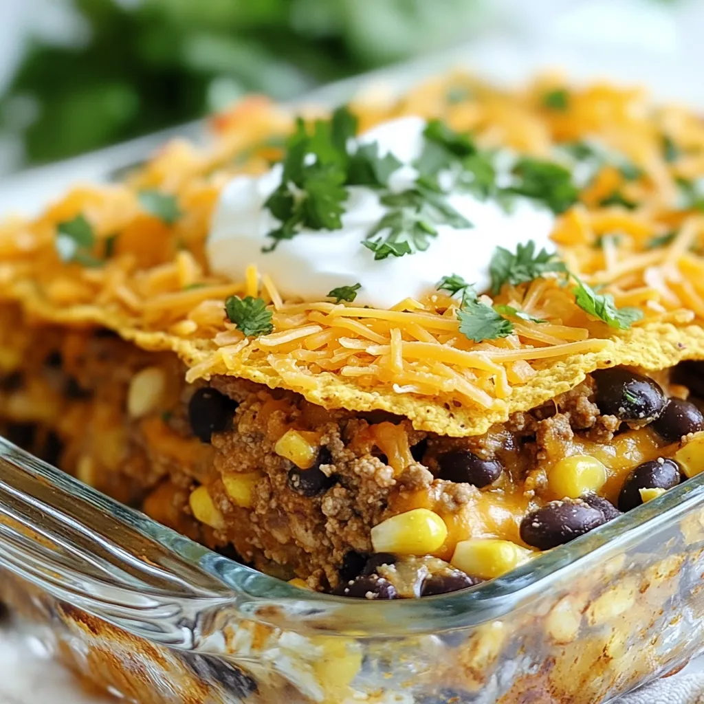 - 1 bag of Nacho Cheese Doritos - 1 lb ground beef or turkey - 1 small onion, diced - 2 cloves garlic, minced - 1 can (15 oz) black beans, drained and rinsed - 1 cup corn kernels (fresh, frozen, or canned) - 1 can (10 oz) diced tomatoes with green chilies - 1 cup sour cream - 2 cups shredded cheddar cheese - 1 tablespoon taco seasoning - Salt and pepper to taste - Fresh cilantro, chopped (for garnish) Gather these ingredients before you start cooking. The star of this dish is the Nacho Cheese Doritos, which add crunch and flavor. You can choose ground beef or turkey based on your preference. Diced onion and minced garlic give the meat a tasty base. Black beans and corn bring in extra fiber and nutrients. You will also need diced tomatoes with green chilies, which add a nice kick. Sour cream and cheddar cheese make the casserole creamy and cheesy. Taco seasoning ties everything together with bold flavors. Don't forget salt and pepper to enhance your dish. Lastly, fresh cilantro adds a pop of color and freshness on top. With this list ready, you can create a comforting meal that everyone will love. {{ingredient_image_1}} 1. First, preheat your oven to 350°F (175°C). This step helps your casserole cook evenly. 2. In a large skillet, add 1 pound of ground beef or turkey. Cook over medium heat until it turns brown. Drain any extra fat to keep it light. 3. Next, add 1 small diced onion and 2 minced garlic cloves to the skillet. Cook until the onion becomes clear. This mix adds great flavor. 1. Now, stir in 1 can of black beans, 1 cup of corn, and 1 can of diced tomatoes with green chilies. 2. Season the mixture with 1 tablespoon of taco seasoning, salt, and pepper. Let it simmer for about 5 minutes. This helps all the flavors blend together. 1. In a large bowl, crush half of the bag of Nacho Cheese Doritos. Layer these at the bottom of a greased 9x13-inch baking dish. 2. Spread half of the beef mixture over the crushed Doritos. Then, add half a cup of sour cream and half of the 2 cups of shredded cheddar cheese. 3. Repeat these layers. Start with the rest of the Doritos, then add the remaining beef mixture, sour cream, and cheese. This makes each bite tasty. 1. Place the casserole in your preheated oven and bake for 25-30 minutes. 2. Check for doneness when the cheese is bubbly and golden. This shows that your casserole is ready to enjoy. To get the best texture in your Cheesy Dorito Casserole, start with crushed Doritos. Layer them at the bottom of your baking dish. This adds a crunchy base. Make sure to spread the beef mixture evenly on top. This helps all parts cook properly. For even cooking, alternate layers. Use half the beef mixture, then half the sour cream, and half the cheese. Repeat this until all ingredients are used. This method makes sure every bite is tasty. You can boost the flavor of your casserole with simple spices. Try adding cumin or smoked paprika. These spices add warmth and depth. Fresh ingredients also make a big difference. Use fresh garlic instead of garlic powder. Fresh corn or tomatoes will add sweetness and richness. A beautiful dish makes the meal even better. To garnish, sprinkle fresh cilantro over the top. This adds a pop of color. You can also add sliced jalapeños for extra heat. When serving, cut the casserole into squares. This makes it easy for guests to serve themselves. Pair it with a fresh salad or some tortilla chips for a complete meal. Pro Tips Use Fresh Ingredients: For the best flavor, opt for fresh corn and high-quality ground meat. Fresh ingredients make a significant difference in taste. Layering is Key: Ensure even cooking and flavor distribution by layering the ingredients properly. Start with crushed Doritos for a crunchy base and alternate layers evenly. Customize Your Spices: Feel free to adjust the taco seasoning to your taste. You can add more chili powder for heat or cumin for depth of flavor. Let It Rest: Allow the casserole to cool for a few minutes after baking. This helps it set, making it easier to slice and serve without falling apart. {{image_2}} You can easily make a vegetarian Cheesy Dorito Casserole. Simply swap the meat for plant-based proteins. I love using lentils or black beans. They add great texture and flavor. For extra protein, try adding tofu or tempeh. You can also add more veggies, like bell peppers or zucchini. This makes the dish hearty and colorful. If you want a dairy-free casserole, substitute regular cheese and sour cream with dairy alternatives. Use nut-based cheese or vegan cheese shreds. Coconut yogurt or cashew cream works well as a sour cream alternative. They provide creaminess without dairy. Make sure to check the labels for hidden ingredients. To spice things up, add fun ingredients for different flavors. You can mix in jalapeños or hot sauce for heat. Try using spicy diced tomatoes or adding chili powder. For a smoky twist, add chipotle peppers in adobo sauce. Toppings like avocado, fresh salsa, or green onions also change the flavor. Each tweak makes the casserole unique and exciting! You can keep Cheesy Dorito Casserole in the fridge for up to four days. To store leftovers, place them in an airtight container. This helps keep the flavors fresh. Always let the casserole cool down before sealing it. If you want to reheat it, just pop it in the oven or microwave. To freeze Cheesy Dorito Casserole, let it cool completely first. Then, wrap it tightly in plastic wrap or foil. Place it in a freezer-safe container. It can stay good in the freezer for up to three months. When you’re ready to eat, thaw it in the fridge overnight. Reheat in the oven at 350°F until warm. You can also microwave it in short bursts, stirring in between. To add heat to your Cheesy Dorito Casserole, consider these options: - Jalapeños: Add chopped fresh or pickled jalapeños to the meat mix. - Hot Sauce: Drizzle hot sauce into the beef and bean mixture. - Cayenne Pepper: Sprinkle a little cayenne pepper into the taco seasoning. - Spicy Cheese: Use pepper jack cheese instead of cheddar to amp up flavor. These additions will give your casserole a nice kick. Experiment with the amounts to find your ideal spice level. Yes! You can use other chips for your casserole. Here are some tasty alternatives: - Tortilla Chips: Opt for plain or flavored tortilla chips. - Fritos: These corn chips add a nice crunch and flavor. - Pita Chips: For a unique twist, try using pita chips. Each type of chip will change the texture and taste, but they can all work well. You can pair this dish with some great sides. Here are some ideas: - Salad: A fresh green salad adds color and crunch. - Guacamole: Serve with guacamole for a creamy dip. - Salsa: A side of salsa will brighten up the meal. For drinks, consider these options: - Lemonade: A refreshing lemonade complements the dish well. - Iced Tea: Unsweetened iced tea balances the flavors nicely. These sides and drinks will enhance your dining experience. Enjoy! This blog post showed you how to make a tasty Cheesy Dorito Casserole. We covered key ingredients, step-by-step instructions, and helpful tips. You learned ways to customize the dish and how to store it. Try adding fresh ingredients for more flavor or changing the recipe to fit your diet. Whether you want a simple meal or something special, this casserole has you covered. Enjoy making it your own, and share it with friends and family!