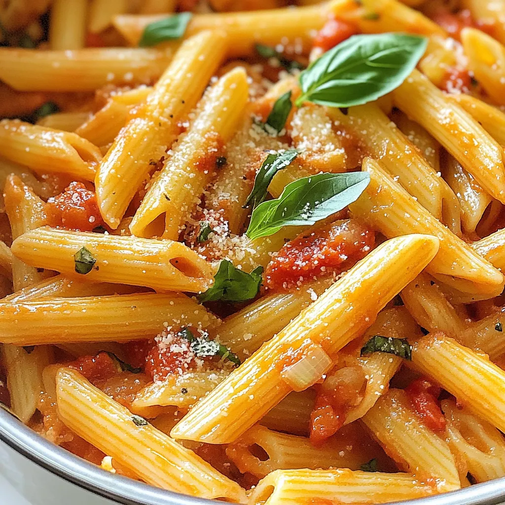 To make a delicious Spicy Penne Arrabbiata, you will need: - 300g penne pasta - 4 cloves garlic, minced - 1 teaspoon red pepper flakes (adjust to taste) - 1 can (400g) crushed tomatoes - 1 tablespoon tomato paste - 3 tablespoons extra-virgin olive oil - Salt, to taste - Fresh basil leaves, for garnish - Grated Parmesan cheese, for serving (optional) You can easily swap some ingredients. If you donât have penne, try rigatoni or farfalle. For garlic, shallots can work too. If you want less heat, use less red pepper flakes or leave them out. You can also use fresh tomatoes if you prefer. Just chop them up and use about 800g. Olive oil is key, but you can use vegetable oil if needed. Fresh ingredients bring bright flavors. Fresh garlic adds a strong taste. However, canned tomatoes are convenient and tasty. If you use canned tomatoes, look for those with no added sugar or salt. They have a rich flavor that matches fresh ones. Always check the labels to get the best quality. If you can, use fresh basil for garnish. It enhances the dish's aroma and taste. {{ingredient_image_1}} Start by boiling a large pot of salted water. Use enough water to give the penne room to cook well. Once the water boils, add 300g of penne pasta. Cook it for about 10-12 minutes. You want it to be al dente, which means it should still have a little bite. After cooking, save 1 cup of the pasta water. Drain the rest of the water and set the pasta aside. This water will help later on. Next, grab a large skillet. Heat 3 tablespoons of extra-virgin olive oil over medium heat. Once hot, add 4 cloves of minced garlic and 1 teaspoon of red pepper flakes. Stir these for about 30 seconds. This step is key; you want the garlic to smell good, but not burn. Then, pour in 1 can of crushed tomatoes and 1 tablespoon of tomato paste. Mix them well. Bring this to a gentle simmer. Add salt to taste. Let it cook for 10-15 minutes. This time helps the flavors blend and the sauce to thicken nicely. Now it's time to bring it all together. Add the drained penne to the skillet with the sauce. Toss everything so the pasta gets coated well. If the sauce looks too thick, add some of that reserved pasta water. Do this a little at a time until you reach your desired sauce consistency. Itâs important that the pasta is covered evenly with sauce. Once mixed, let it sit for a minute. Then, plate your spicy penne Arrabbiata. For a nice touch, garnish with fresh basil leaves. Optionally, you can top it with grated Parmesan cheese for extra flavor. To make your Spicy Penne Arrabbiata just right, start with one teaspoon of red pepper flakes. If you like it mild, use less. For more heat, add more flakes. Taste the sauce before you mix in the pasta. You can always adjust it later. Remember, you can also add crushed red peppers or hot sauce for extra kick. Fresh herbs can bring your dish to life. I love adding fresh basil to my spicy penne. Chop it up and sprinkle it on top before serving. You can also use parsley for a fresh taste. If you want to be bold, try adding some oregano. These herbs will add a lovely aroma and flavor to the sauce. To avoid mushy pasta, cook it until it is al dente. Follow the package instructions closely. Remember to save a cup of pasta water before draining. This water helps the sauce stick to the pasta. If you think the pasta looks too dry, add a bit of the reserved water. Toss everything well to ensure even coating. Pro Tips Adjust the Heat: If you prefer a milder sauce, reduce the red pepper flakes or omit them entirely. You can always add more spice later if desired. Quality Ingredients Matter: Use high-quality extra-virgin olive oil and canned tomatoes for the best flavor. San Marzano tomatoes are a great choice for authenticity. Perfect Pasta Cooking: To achieve perfectly cooked pasta, always salt your boiling water generously. This enhances the flavor of the pasta itself. Make it Creamy: For a creamier texture, stir in a splash of heavy cream or a dollop of mascarpone cheese just before serving. {{image_2}} You can add protein to your spicy penne Arrabbiata for a hearty meal. Chicken is a great choice. Simply cook diced chicken in the skillet before adding garlic and red pepper flakes. Shrimp is another tasty option. SautĂ© the shrimp until they are pink and cooked through. For a plant-based option, use tofu. Cube the tofu and sautĂ© it until golden. Then, add it to the sauce with the pasta. Each protein adds a unique flavor and texture. If you want a vegetarian twist, there are many ways to adapt this dish. You can add vegetables like bell peppers, zucchini, or mushrooms. SautĂ© them in the olive oil with the garlic. They will soak up the spicy sauce well. Another idea is to use lentils or chickpeas. These will add protein and fiber, making the dish filling. Just mix them into the sauce after it simmers. This way, you keep the dish rich and satisfying. If you need a gluten-free option, donât worry! Many pasta brands make gluten-free penne. Look for those made from rice, corn, or quinoa. They cook well and taste great in this dish. Follow the package instructions for cooking time. You can also use spiralized vegetables like zucchini or sweet potatoes. They make a fun, light alternative. Just sautĂ© them until tender before adding the sauce. This way, you enjoy a healthy, gluten-free version of spicy penne Arrabbiata. You can store leftover Spicy Penne Arrabbiata in the fridge. Place it in an airtight container. It stays fresh for up to three days. Make sure to let it cool down before sealing. This helps keep the flavors intact. If you want to save some for later, freezing is a great option. First, let the pasta cool completely. Then, put it in freezer-safe bags or containers. Remove as much air as you can. It can last up to three months in the freezer. When you're ready to eat, just thaw it in the fridge overnight. Reheating Spicy Penne Arrabbiata is easy. You can use the stove or the microwave. If you use the stove, add a splash of water or olive oil in a pan. Heat it over low until warm, stirring gently. If using the microwave, cover the dish with a lid or wrap. Heat in short bursts, stirring in between. This helps it heat evenly. Enjoy your tasty pasta! Penne Arrabbiata comes from Italy. The name means "angry penne" in Italian. It gets its name from the spicy red pepper flakes. This dish hails from the Lazio region, especially Rome. Chefs created it to showcase simple ingredients. The focus is on pasta, garlic, and tomatoes. Itâs a classic example of Italian cooking done right. Many people enjoy it for its bold flavors and quick prep time. Yes, you can make this dish vegan. Simply skip the Parmesan cheese when serving. Use nutritional yeast for a cheesy flavor instead. Check the tomato paste to ensure it has no animal products. The main ingredients are already plant-based, so it's easy to adapt. This way, you keep the dish flavorful and satisfying without dairy. To make the sauce less spicy, reduce the red pepper flakes. Start with half a teaspoon instead of a full teaspoon. You can also add more crushed tomatoes to balance the heat. Another trick is to include a bit of sugar. Sugar can help tone down the spice. Taste as you go to find the right balance for you. This blog post covered everything you need for Penne Arrabbiata. You learned about the key ingredients and how to swap them out. I explained how to cook the pasta and make a spicy sauce. You also got tips to adjust spice levels and enhance flavor with herbs. In the end, enjoy experimenting with variations and storing your dish. Cooking should be fun, so get creative! Share your results and keep trying new ideas.