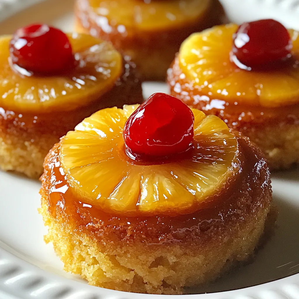 - 1 cup all-purpose flour - œ cup granulated sugar - 1 teaspoon baking powder - ÂŒ teaspoon baking soda - ÂŒ teaspoon salt - œ cup unsalted butter, melted - œ cup buttermilk - 1 large egg - 1 teaspoon vanilla extract - 1 can (8 oz) pineapple slices in juice, drained and juice reserved - œ cup brown sugar - Maraschino cherries for garnish (optional) Gather these ingredients before you start. Each one plays a key role in our mini cakes. The all-purpose flour gives structure, while granulated sugar adds sweetness. Baking powder and baking soda help the cakes rise. The salt enhances the flavors. Melted butter makes the cakes rich and moist. Buttermilk adds a slight tang and tenderness. The egg binds everything together, while vanilla extract gives a lovely aroma. Pineapple slices provide the signature upside-down flavor. Brown sugar adds a caramel touch. Maraschino cherries are optional, but they make a fun garnish. - Muffin tin or silicone mini cake molds - Mixing bowls - Whisk or mixer You will need a muffin tin or silicone molds for these mini cakes. Mixing bowls help you combine the wet and dry ingredients easily. A whisk or mixer makes it simple to blend everything together. Make sure you have everything on hand before you start baking! {{ingredient_image_1}} - Preheat your oven to 350°F (175°C). - Grease your muffin tin or get your silicone molds ready. This helps the cakes pop out easily after baking. - In a medium bowl, combine 1 cup of all-purpose flour, œ cup of granulated sugar, 1 teaspoon of baking powder, ÂŒ teaspoon of baking soda, and ÂŒ teaspoon of salt. - Mix these dry ingredients well until they are evenly blended. This step is key for a fluffy cake. - In another bowl, whisk together œ cup of melted butter, œ cup of buttermilk, 1 large egg, and 1 teaspoon of vanilla extract. - Make sure everything is well combined. This mixture adds moisture and flavor to your cakes. - Pour the wet ingredients into the dry ingredients. Stir gently until just mixed. - Avoid overmixing; this keeps your cakes tender. - In a small bowl, mix the reserved pineapple juice from the can with œ cup of brown sugar until smooth. - Place a spoonful of this mixture at the bottom of each muffin cup. - Top it with a slice of pineapple, then pour the batter over the pineapples, filling each mold about â
 full. - Bake in the preheated oven for about 20 to 25 minutes. - Check doneness by inserting a toothpick in the center; it should come clean. - Let the mini cakes cool for about 5 minutes in the pan. After that, invert them onto a wire rack to cool completely. - If you like, add a maraschino cherry on top for a fun finish! To get the best texture in your mini cakes, do not overmix the batter. Overmixing can make your cakes dense. Mix until just combined and stop there. To check if your cakes are done, use a toothpick. Insert it into the center of a cake. If it comes out clean, the cakes are ready. If not, give them a few more minutes in the oven. You can switch up the flavor by using different extracts. Almond or coconut extracts add a nice twist. Just a small change can make a big difference. Adding spices can also bring warmth to the cakes. A pinch of cinnamon or nutmeg works wonders. These small additions elevate your mini cakes to a new level. Garnish each mini cake with a maraschino cherry. It adds color and makes the cakes look fun. You can also drizzle some pineapple juice on top for extra flair. Serve your mini cakes with whipped cream. This creamy topping complements the sweet fruit flavor. It makes each bite feel extra special. Pro Tips Use Fresh Pineapple: For an even more vibrant flavor, consider using fresh pineapple instead of canned. Just slice it into rings and use it in the same way. Don't Overmix the Batter: To ensure a light and fluffy texture, mix the wet and dry ingredients until just combined. Overmixing can lead to dense cakes. Cool Before Inverting: Let the mini cakes cool in the tin for a few minutes to prevent them from breaking apart when you invert them onto the wire rack. Experiment with Add-Ins: Feel free to add nuts or coconut flakes to the batter for extra texture and flavor. Just be sure not to change the consistency of the batter too much. {{image_2}} You can change up the fruit in these mini cakes. Try using peaches, cherries, or pears. Each fruit gives a new twist to the flavor. If you want a tropical treat, add coconut. The coconut pairs well with pineapple and adds a fun texture. If you need gluten-free cakes, swap all-purpose flour for almond or coconut flour. These options keep the cakes light and tasty. For those who want dairy-free cakes, use almond milk instead of buttermilk. You can also replace butter with coconut oil. You can play with different cake batters. For a richer taste, use chocolate cake mix. You can layer flavors, too. Adding nuts or spices can create a unique treat. Just remember to keep the cake moist and delicious! You can store mini pineapple upside-down cakes at room temperature for up to two days. Place them in an airtight container to keep them fresh. If you want to keep them longer, store them in the refrigerator. This will extend their life to about a week. Just remember, cold cakes can sometimes lose their fresh taste. If you want to save these mini cakes for later, freezing is a great option. Wrap each cake tightly in plastic wrap. Then, place them in a freezer-safe bag or container. They can last up to three months in the freezer. When you're ready to enjoy them, just thaw them in the fridge overnight. To reheat your mini cakes, use the oven for the best results. Preheat your oven to 350°F (175°C). Place the cakes on a baking sheet and cover them with foil. Heat for about 10 minutes or until warm. This method keeps the cakes moist and tasty. You can also use a microwave, but be careful not to overheat them. A few seconds should be enough! Yes, you can make these mini cakes ahead of time. To prepare them, bake the cakes and cool them completely. Then, wrap each cake in plastic wrap. Store them in the fridge for up to three days. When you're ready to serve, you can reheat them in the oven at a low temperature. This keeps them moist and fresh. To prevent sticking, greasing your muffin tin is key. Use cooking spray or butter to coat each cup. If using silicone molds, you may not need to grease them. You can also dust the greased cups with a light layer of flour. This helps the cakes release easily. You can use fresh pineapple. Just slice it into rings, like the canned version. Fresh pineapple has a firmer texture and a brighter flavor. You may want to cook the sliced pineapple briefly before baking. This helps release some juice and softens it. Adjust the sweetness by adding a bit more brown sugar if needed. You now have all you need to make delicious mini cakes. We covered the essential ingredients, tools, and step-by-step instructions. I shared tips for great texture and flavor, plus variations for your taste. Storage guidelines ensure you can keep these treats fresh. I encourage you to try different fruits and explore fun flavors. Youâll discover a world of tasty options with these mini cakes. Enjoy the process and your tasty results!
