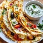 To make Mediterranean quesadillas, gather these ingredients: - 4 large flour tortillas - 1 cup shredded mozzarella cheese - 1 cup crumbled feta cheese - 1 cup cooked spinach, drained and chopped - ½ cup sun-dried tomatoes, chopped - ½ cup black olives, sliced - ½ red onion, thinly sliced - 1 teaspoon dried oregano - 1 teaspoon garlic powder - 2 tablespoons olive oil - Salt and pepper to taste These ingredients blend well to create a tasty dish. The combination of cheese, vegetables, and spices adds depth. Adding fresh herbs can brighten your quesadilla. I suggest using: - Fresh parsley - Fresh basil - Fresh dill These herbs enhance flavor and bring freshness. Just chop them finely and mix them into your filling. While mozzarella and feta are great, you can try other cheeses too. Consider: - Goat cheese for a tangy flavor - Provolone for a smooth melt - Parmesan for a rich taste Experimenting with cheese can change the whole vibe. Choose what you love to make your quesadillas unique! {{ingredient_image_1}} To start, gather all your ingredients. You need cooked spinach, sun-dried tomatoes, black olives, and red onion. In a bowl, mix these with mozzarella cheese, feta cheese, dried oregano, and garlic powder. Add salt and pepper to taste. Stir until everything blends well. This filling is the heart of your Mediterranean quesadillas. Now, heat a large skillet on medium heat. Add one tablespoon of olive oil. Take one tortilla and spread half of the filling on one side. Fold the tortilla in half, making a half-moon shape. Place it in the skillet. Cook for about 3-4 minutes until it’s golden and the cheese melts. Flip it over and cook the other side. Repeat this with the remaining tortillas and filling. Once cooked, remove the quesadilla from the skillet. Let it cool for a moment, then cut it into wedges. For a great look, arrange the wedges in a fan shape on a plate. You can add fresh parsley or extra feta on top. Serve it with tzatziki or hummus for dipping. This adds a tasty touch and makes the meal even better. Enjoy your tasty creation! To make great quesadillas, heat your skillet well. A hot skillet helps create a crispy crust. Use just enough oil to coat the pan. This prevents sticking and adds flavor. When filling the tortilla, don’t overstuff it. Too much filling can spill out when you flip it. Fold the tortilla carefully. This keeps everything inside. You can swap cheeses for a different taste. Try goat cheese or mozzarella. If you want a spicy kick, add jalapeños. Fresh herbs like basil or parsley work well, too. For a crunch, use bell peppers or zucchini. If you don't have sun-dried tomatoes, use fresh tomatoes instead. Just remember to drain excess liquid. One common mistake is not draining the spinach. Wet spinach makes the quesadilla soggy. Also, don’t skip the seasoning. A pinch of salt and pepper makes a big difference. Remember to check the heat. Too high can burn the quesadilla outside while leaving it cold inside. Lastly, don’t forget to let them cool slightly before cutting. This helps keep the cheese from oozing out. Pro Tips Use Fresh Spinach: For a vibrant flavor and better texture, use fresh spinach instead of frozen. Just sauté it briefly to wilt before mixing with other ingredients. Experiment with Cheese: Feel free to mix different types of cheese like goat cheese or provolone for a unique twist on flavor. Don't Overfill: Avoid overfilling the quesadillas to prevent them from bursting while cooking. A generous but moderate amount will ensure they cook evenly. Serve with Dips: Enhance the Mediterranean experience by serving these quesadillas with tzatziki or hummus for dipping; it adds a creamy contrast to the crispy quesadilla. {{image_2}} You can make Mediterranean quesadillas vegetarian by using fresh veggies. Add bell peppers, zucchini, or artichokes for extra flavor. You can also use more spinach or swap in kale. These options keep the dish fresh and tasty. You still get that creamy cheese and savory taste. This way, everyone can enjoy a delicious meal. If you want to add protein, chicken or shrimp works well. Cook the chicken or shrimp first, then add to the filling mix. Chicken adds a nice chewiness, while shrimp gives a sweet taste. Both pair well with the cheese and veggies. Just make sure to season the protein with salt and pepper. This gives your quesadilla a hearty bite. For gluten-free quesadillas, switch to corn tortillas. These are easy to find in stores. They have a great taste and work well with the filling. You can also use lettuce wraps for a lighter option. This keeps the flavors intact while being gluten-free. Just be careful when cooking them, as they can tear more easily. To store leftover quesadillas, let them cool to room temperature. Place them in an airtight container. You can stack them with parchment paper between layers. This keeps them fresh. You can keep them in the fridge for up to three days. If you want to enjoy them later, freezing is a great option. To reheat quesadillas, use a skillet for the best results. Heat a non-stick skillet over medium heat. Place the quesadilla in the skillet for about 3-4 minutes. Flip it halfway through to heat evenly. You can also use a microwave if you’re short on time. Just heat it for about 30-60 seconds. However, this may make the quesadilla a bit soft. If you want to freeze your quesadillas, wrap each one in plastic wrap. Then, place them in a freezer bag. They can last for up to three months in the freezer. When you’re ready to eat, thaw them in the fridge overnight. Reheat them in a skillet or the oven for the best taste. Enjoy your tasty Mediterranean quesadillas anytime! A Mediterranean quesadilla is a tasty twist on the classic dish. It uses fresh, bold flavors from the Mediterranean region. You fill it with ingredients like spinach, feta, and sun-dried tomatoes. This quesadilla is cheesy and packed with flavor. It’s perfect for a quick meal or snack. Yes, you can make these quesadillas ahead of time. Prepare the filling and assemble the quesadillas. Store them in the fridge for up to two days. When you’re ready to eat, just cook them in a skillet. This saves time and gives you a quick meal. I recommend using large flour tortillas. They are soft and pliable, making them easy to fold. You can also use whole wheat tortillas for a healthier option. Corn tortillas work too, but they may crack when folded. Choose what you like best for your quesadilla. In this post, I covered how to make tasty Mediterranean quesadillas. We talked about the needed ingredients, tasty fillings, and how to cook them step by step. I shared tips to avoid mistakes and showed swaps for different diets. Remember, these quesadillas can be stored or frozen for later meals. Keep experimenting with flavors and ingredients to make your own unique dish. With these easy steps, you can enjoy a fun meal anytime.