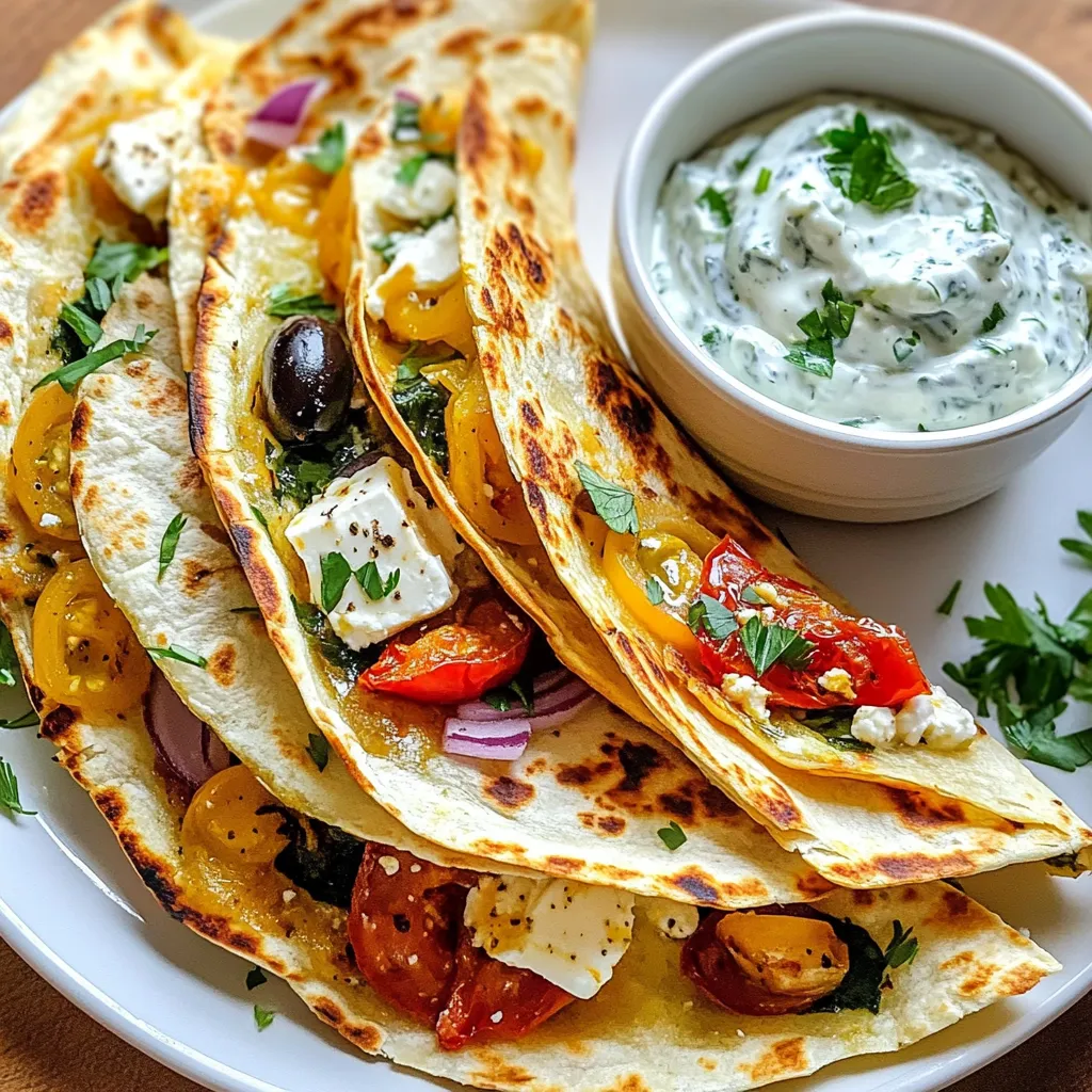 To make Mediterranean quesadillas, gather these ingredients: - 4 large flour tortillas - 1 cup shredded mozzarella cheese - 1 cup crumbled feta cheese - 1 cup cooked spinach, drained and chopped - ½ cup sun-dried tomatoes, chopped - ½ cup black olives, sliced - ½ red onion, thinly sliced - 1 teaspoon dried oregano - 1 teaspoon garlic powder - 2 tablespoons olive oil - Salt and pepper to taste These ingredients blend well to create a tasty dish. The combination of cheese, vegetables, and spices adds depth. Adding fresh herbs can brighten your quesadilla. I suggest using: - Fresh parsley - Fresh basil - Fresh dill These herbs enhance flavor and bring freshness. Just chop them finely and mix them into your filling. While mozzarella and feta are great, you can try other cheeses too. Consider: - Goat cheese for a tangy flavor - Provolone for a smooth melt - Parmesan for a rich taste Experimenting with cheese can change the whole vibe. Choose what you love to make your quesadillas unique! {{ingredient_image_1}} To start, gather all your ingredients. You need cooked spinach, sun-dried tomatoes, black olives, and red onion. In a bowl, mix these with mozzarella cheese, feta cheese, dried oregano, and garlic powder. Add salt and pepper to taste. Stir until everything blends well. This filling is the heart of your Mediterranean quesadillas. Now, heat a large skillet on medium heat. Add one tablespoon of olive oil. Take one tortilla and spread half of the filling on one side. Fold the tortilla in half, making a half-moon shape. Place it in the skillet. Cook for about 3-4 minutes until it’s golden and the cheese melts. Flip it over and cook the other side. Repeat this with the remaining tortillas and filling. Once cooked, remove the quesadilla from the skillet. Let it cool for a moment, then cut it into wedges. For a great look, arrange the wedges in a fan shape on a plate. You can add fresh parsley or extra feta on top. Serve it with tzatziki or hummus for dipping. This adds a tasty touch and makes the meal even better. Enjoy your tasty creation! To make great quesadillas, heat your skillet well. A hot skillet helps create a crispy crust. Use just enough oil to coat the pan. This prevents sticking and adds flavor. When filling the tortilla, don’t overstuff it. Too much filling can spill out when you flip it. Fold the tortilla carefully. This keeps everything inside. You can swap cheeses for a different taste. Try goat cheese or mozzarella. If you want a spicy kick, add jalapeños. Fresh herbs like basil or parsley work well, too. For a crunch, use bell peppers or zucchini. If you don't have sun-dried tomatoes, use fresh tomatoes instead. Just remember to drain excess liquid. One common mistake is not draining the spinach. Wet spinach makes the quesadilla soggy. Also, don’t skip the seasoning. A pinch of salt and pepper makes a big difference. Remember to check the heat. Too high can burn the quesadilla outside while leaving it cold inside. Lastly, don’t forget to let them cool slightly before cutting. This helps keep the cheese from oozing out. Pro Tips Use Fresh Spinach: For a vibrant flavor and better texture, use fresh spinach instead of frozen. Just sauté it briefly to wilt before mixing with other ingredients. Experiment with Cheese: Feel free to mix different types of cheese like goat cheese or provolone for a unique twist on flavor. Don't Overfill: Avoid overfilling the quesadillas to prevent them from bursting while cooking. A generous but moderate amount will ensure they cook evenly. Serve with Dips: Enhance the Mediterranean experience by serving these quesadillas with tzatziki or hummus for dipping; it adds a creamy contrast to the crispy quesadilla. {{image_2}} You can make Mediterranean quesadillas vegetarian by using fresh veggies. Add bell peppers, zucchini, or artichokes for extra flavor. You can also use more spinach or swap in kale. These options keep the dish fresh and tasty. You still get that creamy cheese and savory taste. This way, everyone can enjoy a delicious meal. If you want to add protein, chicken or shrimp works well. Cook the chicken or shrimp first, then add to the filling mix. Chicken adds a nice chewiness, while shrimp gives a sweet taste. Both pair well with the cheese and veggies. Just make sure to season the protein with salt and pepper. This gives your quesadilla a hearty bite. For gluten-free quesadillas, switch to corn tortillas. These are easy to find in stores. They have a great taste and work well with the filling. You can also use lettuce wraps for a lighter option. This keeps the flavors intact while being gluten-free. Just be careful when cooking them, as they can tear more easily. To store leftover quesadillas, let them cool to room temperature. Place them in an airtight container. You can stack them with parchment paper between layers. This keeps them fresh. You can keep them in the fridge for up to three days. If you want to enjoy them later, freezing is a great option. To reheat quesadillas, use a skillet for the best results. Heat a non-stick skillet over medium heat. Place the quesadilla in the skillet for about 3-4 minutes. Flip it halfway through to heat evenly. You can also use a microwave if you’re short on time. Just heat it for about 30-60 seconds. However, this may make the quesadilla a bit soft. If you want to freeze your quesadillas, wrap each one in plastic wrap. Then, place them in a freezer bag. They can last for up to three months in the freezer. When you’re ready to eat, thaw them in the fridge overnight. Reheat them in a skillet or the oven for the best taste. Enjoy your tasty Mediterranean quesadillas anytime! A Mediterranean quesadilla is a tasty twist on the classic dish. It uses fresh, bold flavors from the Mediterranean region. You fill it with ingredients like spinach, feta, and sun-dried tomatoes. This quesadilla is cheesy and packed with flavor. It’s perfect for a quick meal or snack. Yes, you can make these quesadillas ahead of time. Prepare the filling and assemble the quesadillas. Store them in the fridge for up to two days. When you’re ready to eat, just cook them in a skillet. This saves time and gives you a quick meal. I recommend using large flour tortillas. They are soft and pliable, making them easy to fold. You can also use whole wheat tortillas for a healthier option. Corn tortillas work too, but they may crack when folded. Choose what you like best for your quesadilla. In this post, I covered how to make tasty Mediterranean quesadillas. We talked about the needed ingredients, tasty fillings, and how to cook them step by step. I shared tips to avoid mistakes and showed swaps for different diets. Remember, these quesadillas can be stored or frozen for later meals. Keep experimenting with flavors and ingredients to make your own unique dish. With these easy steps, you can enjoy a fun meal anytime.