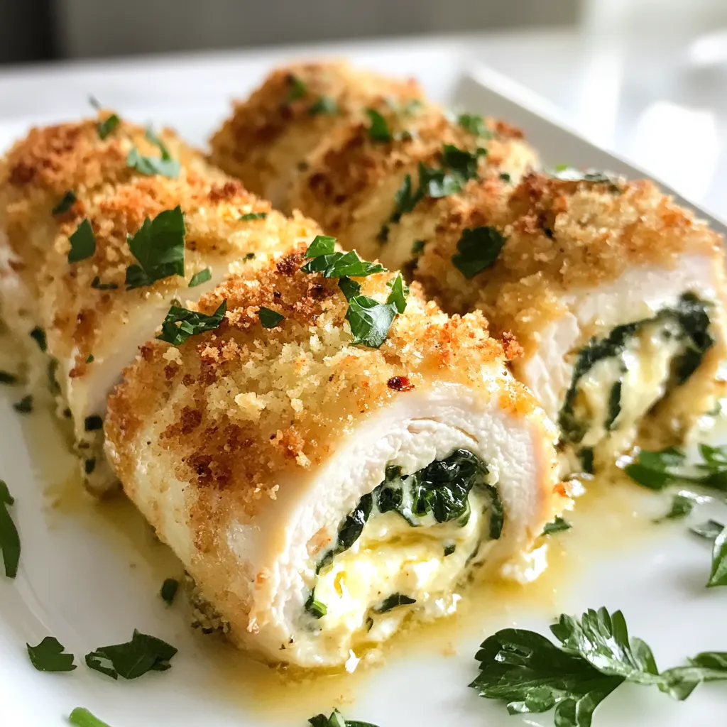 - 4 boneless, skinless chicken breasts - 1 cup fresh spinach, chopped - 1 cup ricotta cheese - œ cup grated Parmesan cheese - ÂŒ cup cream cheese, softened - 2 cloves garlic, minced - 1 teaspoon Italian seasoning - Salt and pepper to taste - œ cup breadcrumbs - 2 tablespoons olive oil - Fresh parsley, chopped for garnish - Options for cheese: You can swap ricotta with cottage cheese for a lighter dish. Use mozzarella for a melty texture instead of cream cheese. - Alternatives for fresh spinach: Try kale or Swiss chard if you prefer. Both add great flavor and nutrition. - Gluten-free breadcrumb options: Use crushed rice crackers or gluten-free breadcrumbs for a crunchy coating without gluten. These ingredients come together to make Garlic Parmesan Chicken Roll-Ups a tasty and easy dish. Each item plays a role in flavor and texture. The cheeses add creaminess, while the spinach boosts nutrients. Make sure you have all your ingredients prepped and ready. This way, you can enjoy cooking without any stress. {{ingredient_image_1}} - First, preheat your oven to 375°F (190°C). This step warms the oven for even cooking. - Next, grease your baking dish. Use a little oil or cooking spray to prevent sticking. - In a bowl, mix ricotta, grated Parmesan, and cream cheese. - Add minced garlic, chopped spinach, Italian seasoning, salt, and pepper. - Stir until everything is well combined. This mixture brings great flavor to the roll-ups. - Place a chicken breast on a cutting board. - Using a sharp knife, butterfly the chicken. Cut it horizontally but do not slice all the way through. It should open like a book. - Spoon a hearty amount of the cheese mixture onto the chicken. - Roll it up tightly and use toothpicks to secure if needed. Repeat this for all chicken breasts. - Pour breadcrumbs into a shallow dish. Add a pinch of salt and pepper to season. - Roll each chicken roll-up in the breadcrumbs. Make sure they are coated evenly. - Heat olive oil in a large skillet over medium-high heat. - Sear each roll-up for about 3-4 minutes on each side until they turn golden brown. - Move the seared roll-ups to the greased baking dish. Bake in the oven for 20-25 minutes. - The chicken is done when it is cooked through and the juices run clear. - Over-stuffing the chicken: Itâs tempting to add a lot of stuffing, but too much will make it hard to roll. Stick to a generous spoonful for each piece. - Not searing properly: Searing gives the chicken a great crust. If your pan is not hot enough, the chicken may not brown well. Heat the oil before adding the roll-ups. - Ensuring even cooking: Make sure each roll-up is the same size. This helps them cook at the same rate. Use a meat thermometer to check for doneness. - Tips for crispy breadcrumbs: To achieve that perfect crunch, make sure the breadcrumbs are well-seasoned. You can also toast them lightly before coating the chicken to enhance flavor. - Side dishes to pair: Serve these roll-ups with a fresh salad or roasted vegetables. A side of garlic bread complements the flavors nicely. - Presentation ideas: For a beautiful plate, slice the roll-ups in half to show the colorful filling. Garnish with fresh parsley for a pop of color. Pro Tips Use Fresh Ingredients: Make sure your spinach and garlic are fresh for the best flavor and nutritional value. Butterflying Technique: When butterflying chicken breasts, be careful not to cut all the way through to ensure they hold the filling well. Breadcrumb Coating: For extra crunch, consider using panko breadcrumbs instead of regular breadcrumbs. Resting Time: Allow the chicken roll-ups to cool for a few minutes after baking; this helps the juices redistribute and keeps them moist. {{image_2}} You can change the filling in many fun ways. Adding herbs like basil or thyme gives a fresh taste. You can also mix in veggies like sun-dried tomatoes or mushrooms for more color and nutrition. For those who love spice, try adding jalapeños. They add heat and a kick to your roll-ups. If you want to make this dish lighter, consider using low-fat cheese. Ricotta and cream cheese come in light versions. Swap out the breadcrumbs for whole wheat or almond flour for a healthier crunch. These easy swaps keep the flavor while cutting down on fat. Are you gluten-free? You can use gluten-free breadcrumbs to make this dish safe for you. For a dairy-free option, try vegan cream cheese and nutritional yeast instead of Parmesan cheese. These changes let everyone enjoy Garlic Parmesan Chicken Roll-Ups, no matter their diet. To keep your Garlic Parmesan Chicken Roll-Ups fresh, store them in an airtight container. Make sure they are cool before sealing. They usually last about 3 to 4 days in the fridge. If you want them to stay fresh longer, consider freezing them. You can freeze both the unbaked and baked roll-ups. For unbaked roll-ups, wrap each one in plastic wrap and then in aluminum foil. This will prevent freezer burn. They can stay frozen for up to 3 months. For baked roll-ups, let them cool completely first. Then, place them in an airtight container or wrap them tightly. To reheat, thaw in the fridge overnight. Then bake at 350°F (175°C) until heated through. Enjoy your meal! You can pair these roll-ups with many tasty side dishes. Here are some great options: - Steamed broccoli: This adds a nice crunch and color. - Roasted potatoes: Crispy potatoes work well with the chicken. - Mixed greens salad: A fresh salad adds lightness to the meal. - Garlic bread: Perfect for soaking up any sauce. - Rice pilaf: A flavorful rice dish balances the roll-ups. These sides enhance the meal and provide a satisfying experience. Yes, you can prepare these roll-ups ahead of time. Hereâs how to do it: - Assemble the roll-ups: Follow the recipe steps, but do not bake yet. - Cover tightly: Wrap them in plastic wrap or place them in a sealed container. - Refrigerate: Store in the fridge for up to 24 hours before baking. This makes dinner easy when you have a busy day ahead! To reheat these roll-ups while keeping them tasty, follow these methods: - Oven method: Preheat the oven to 350°F (175°C). Place roll-ups on a baking sheet and cover with foil. Bake for about 15-20 minutes until heated through. - Microwave method: Place roll-ups on a microwave-safe plate. Heat on medium power for about 2-3 minutes, checking often. The oven method keeps the texture nice and crispy, while the microwave is quick. To check if the chicken is done, look for these signs: - Juices run clear: Cut into the roll-up and check the juices. - Internal temperature: Use a meat thermometer. The chicken should reach 165°F (75°C). These tips ensure you serve safe and delicious chicken roll-ups every time. This blog post covered how to make delicious Garlic Parmesan Chicken Roll-Ups. We discussed the key ingredients, from chicken breasts to cheese, and shared helpful tips for preparation and cooking. I also included variations, dietary options, and storage methods for leftovers. In the end, this dish offers tasty choices for everyone. I hope you feel ready to try it in your kitchen! Enjoy the process and impress your loved ones with this meal.