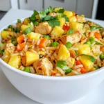 - 2 cups cooked jasmine rice (preferably day-old) - 1 cup chicken breast, diced - 1 cup fresh pineapple, diced - 1 cup mixed vegetables (peas, carrots, and corn) - 2 tablespoons soy sauce - 1 tablespoon sesame oil - 2 green onions, sliced - 2 cloves garlic, minced - 1 tablespoon fresh ginger, grated - 2 eggs, lightly beaten - Salt and pepper to taste - Fresh cilantro for garnish (optional) You can change this dish to suit your tastes. Try adding: - Bell peppers for sweetness and color. - Cashews or peanuts for crunch. - A splash of lime juice for brightness. - Fresh herbs like basil or mint for extra flavor. If you donât have an ingredient, donât worry! Here are some swaps: - Use brown rice instead of jasmine for a nutty flavor. - Swap chicken with shrimp or tofu for a different protein. - Replace soy sauce with tamari for a gluten-free option. - Use frozen mixed veggies if fresh ones are not available. These tips make the dish fun and fit your taste. Enjoy mixing things up! {{ingredient_image_1}} 1. Start with your ingredients. You need cooked jasmine rice, chicken, and pineapple. 2. Dice the chicken breast into small pieces. 3. Cut fresh pineapple into bite-sized chunks. 4. Slice green onions and mince garlic. 5. Grate the fresh ginger. 6. Beat the eggs lightly in a bowl. 1. Heat 1 tablespoon of sesame oil in your skillet or wok on medium-high heat. 2. Add the diced chicken. Cook for 5-7 minutes until golden brown. 3. Season the chicken with salt and pepper. Once cooked, remove it from the skillet. 4. In the same skillet, add another tablespoon of sesame oil. 5. Add minced garlic and grated ginger. SautĂ© for 30 seconds until fragrant. 6. Toss in mixed vegetables. Cook for 3-5 minutes until tender. 7. Push the veggies to one side of the skillet. Pour beaten eggs into the other side. 8. Scramble the eggs until cooked. Mix everything together in the skillet. 9. Add the day-old jasmine rice, cooked chicken, and diced pineapple. 10. Pour soy sauce over the mixture. Stir well to combine all ingredients. 11. Stir-fry for an additional 3-5 minutes until the rice is heated and slightly crispy. 12. Toss in sliced green onions. Adjust seasoning with salt and pepper as needed. 13. Garnish with fresh cilantro if desired before serving. - Use day-old rice for the best texture. It prevents clumping. - Heat your skillet or wok well before adding ingredients. - Keep stirring to cook rice evenly and avoid burning. - Add ingredients in stages for better flavor blending. - Don't overcrowd the skillet. Cook in batches if needed for better results. Using day-old rice is key for this recipe. Freshly cooked rice has too much moisture. This makes the fried rice sticky. Day-old rice dries out a bit. It stays fluffy and separates well when you fry it. To use it, store your cooked rice in the fridge. Let it chill overnight. This will help the grains firm up. If you do not have day-old rice, spread fresh rice on a tray. Let it cool for about 30 minutes before using. Seasonings bring life to your pineapple chicken fried rice. Start with soy sauce for that savory touch. Add sesame oil for a nutty flavor. Do not skip garlic and ginger; they add warmth and depth. You can also add a pinch of red pepper flakes for heat if you want. Taste your rice before serving. Adjust salt and pepper as needed to make it delicious. Fresh green onions add a nice crunch. They also brighten the dish. Mistakes can ruin your fried rice. One common mistake is overcooking the chicken. Cook it just until golden brown. If you cook it too long, it will dry out. Another mistake is adding too much soy sauce. This can make your dish too salty. Always start with a little and add more as needed. Lastly, avoid crowding your skillet. This can lead to steaming instead of frying. Give your ingredients space to fry well and get crispy. Pro Tips Use Day-Old Rice: Day-old jasmine rice is drier and less sticky, making it perfect for fried rice. Freshly cooked rice can clump together and result in a mushy texture. High Heat Cooking: Stir-frying over high heat allows the ingredients to cook quickly and evenly, giving you a deliciously crispy texture without overcooking the vegetables. Customize Your Vegetables: Feel free to use any vegetables you have on hand. Bell peppers, broccoli, or snap peas can add great color and nutrition to your fried rice. Add a Kick: For an extra flavor boost, consider adding a splash of hot sauce or a sprinkle of red pepper flakes to spice things up! {{image_2}} You can make a tasty vegetarian version of pineapple fried rice. Start with the same base. Use the jasmine rice and mixed veggies. Instead of chicken, add mushrooms or bell peppers for texture. They blend well with the sweet pineapple. You can also toss in some tofu for protein. Just make sure to fry it until itâs golden. This keeps the dish hearty and satisfying. If you love seafood, try adding shrimp. Shrimp cooks quickly. Just sautĂ© it until it turns pink before adding it to the rice. Tofu is another great option. Use firm tofu and fry it until crispy. This adds a nice crunch. You can mix and match proteins. This way, you can please everyone at the table! Want to turn up the heat? Add some spice to your pineapple chicken fried rice. You can mix in sliced chili peppers or a spoonful of chili paste. This gives the dish a nice kick. If you enjoy heat, try adding sriracha or red pepper flakes. Just remember to taste as you go. Adjust the spice level based on your preference. This way, you create a dish that excites your taste buds! After enjoying your Pineapple Chicken Fried Rice, you might have some leftovers. Store them in an airtight container. Make sure to cool the rice to room temperature first. This helps keep it fresh longer. You can keep it in the fridge for up to three days. Label the container with the date for easy tracking. When youâre ready to enjoy your leftovers, reheating is key. I recommend using a skillet for the best taste. Heat the skillet over medium heat and add a splash of water or oil. This helps the rice steam gently. Stir the rice often to prevent sticking. This method takes about 5-7 minutes. You can also use the microwave. Place the rice in a bowl, cover it with a damp paper towel, and heat for about 2-3 minutes, stirring halfway through. If you want to save your fried rice for later, freezing is a great option. First, let the rice cool completely. Then, portion it into freezer-safe bags or containers. Try to remove as much air as possible to prevent freezer burn. Label the bags with the date. Pineapple Chicken Fried Rice can be frozen for up to three months. When you're ready to eat it, thaw it in the fridge overnight before reheating. The best rice for fried rice is jasmine rice. This rice has a nice texture and aroma. Day-old rice works best since it dries out a bit. Freshly cooked rice can be too sticky. If you donât have jasmine, you can use long-grain rice. The key is to avoid sticky rice types like sushi rice. Yes, you can use fresh pineapple. Fresh pineapple adds great flavor and a nice crunch. Just make sure to dice it into small pieces. This way, it mixes well with the rice. Fresh pineapple is also healthier than canned. If you use canned, choose one packed in juice, not syrup. To make fried rice less sticky, use cold, day-old rice. This helps separate the grains. When cooking, avoid too much moisture. If needed, add a splash of soy sauce for flavor but not too much. Stir-frying over high heat also helps crisp up the rice. In this article, we explored the best ingredients and tips for making delicious pineapple fried rice. You learned about ingredient options, cooking steps, and helpful tricks for great flavors. Remember to use day-old rice for better texture. Experiment with your favorite proteins and spices. Storing leftovers properly can keep your meal fresh for days. I hope these insights guide you in your cooking journey. Enjoy your tasty creations and the joy they bring!