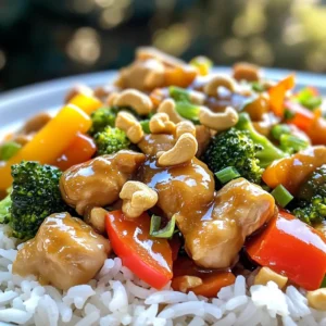 - 1 lb boneless chicken breast - 1 cup raw cashews - 1 bell pepper - 1 cup broccoli florets - 2 carrots - 3 green onions - 3 tablespoons soy sauce - 1 tablespoon hoisin sauce - 1 tablespoon sesame oil - 2 tablespoons vegetable oil - 3 cloves garlic - 1-inch piece of ginger - Salt and pepper When you prepare cashew chicken stir fry, you need fresh and good ingredients. Start with the chicken. Use one pound of boneless chicken breast. Cut it into small, bite-sized pieces. This helps it cook fast and evenly. Next, grab a cup of raw cashews. They add a nice crunch and flavor. You can toast them for extra taste. Now, let’s pick the veggies. I love using a bell pepper. Any color will do! Slice it into strips. You will also need a cup of broccoli florets. They bring a bright color and good nutrition. Don’t forget about the carrots! You will need two. Cut them into thin strips, known as julienne. This helps them cook quickly. For a finishing touch, chop three green onions. They add a fresh taste and nice look. Now, let’s talk about the sauce. You will need soy sauce, hoisin sauce, and sesame oil. Measure out three tablespoons of soy sauce. Add one tablespoon of hoisin sauce and sesame oil each. This mix adds great flavor. Finally, you need cooking essentials. Use two tablespoons of vegetable oil to fry everything. For flavor, have three cloves of garlic and one inch of ginger ready. Mince the garlic and grate the ginger. Also, keep salt and pepper handy to season your dish. These ingredients come together to make a fast and tasty meal. - Patting chicken dry: Take 1 pound of boneless chicken breast. Use a paper towel to pat it dry. This step helps the chicken cook well. Season it with salt and pepper to add flavor. - Toasting the cashews: Grab 1 cup of raw cashews. Put them in a dry skillet. Heat it over medium. Stir the cashews often for about 3-5 minutes. They should turn golden brown. This brings out their rich flavor. Once done, remove them from the skillet and set aside. - Stir-frying the chicken: In the same skillet, add 2 tablespoons of vegetable oil. Let it get hot. Now, add the seasoned chicken pieces. Stir-fry them for 5-7 minutes. You want them to be cooked through and slightly crispy. After that, take the chicken out and set it aside. - Cooking the vegetables: Add 1 more tablespoon of vegetable oil to the skillet. Toss in 3 cloves of minced garlic and 1-inch grated ginger. Stir for about 30 seconds to release the aroma. Then, add the sliced bell pepper, 1 cup of broccoli florets, and 2 julienned carrots. Cook for 4-5 minutes. The veggies should be tender but still crunchy. - Combining sauces and ingredients: Put the cooked chicken back into the skillet with the veggies. Pour in 3 tablespoons of soy sauce, 1 tablespoon of hoisin sauce, and 1 tablespoon of sesame oil. Toss everything together. Cook for another 2-3 minutes. This lets all the flavors mix well. - Adding cashews and green onions: Finally, add the toasted cashews and 3 chopped green onions. Mix everything well. Then, remove the skillet from heat. Your cashew chicken stir fry is ready to serve! - Adjusting seasoning: Start with a little salt and pepper. Taste as you cook. If you want more flavor, add extra soy sauce or hoisin sauce. A dash of sesame oil can also boost the flavor. - Enhancing the sauce: For a richer taste, add a splash of rice vinegar or a pinch of sugar. This balances the salty soy sauce and adds depth. You can also try adding a bit of chili paste for heat. - Stir-frying tips for crispy chicken: Dry the chicken well before cooking. This helps it get crispy. Stir-fry in hot oil for a nice sear. Don’t crowd the pan; cook in batches if needed. - Maintaining vegetable crunch: Add the veggies after the chicken. Stir-fry them quickly over high heat. This keeps them bright and crisp. Cook just until tender but still firm. - Best bases for serving: Serve your stir fry over fluffy rice or quinoa. Both soak up the tasty sauce well. You can also use cauliflower rice for a low-carb option. - Garnishes for presentation: Top with sliced green onions and sesame seeds for a pop of color. A sprinkle of chopped cilantro can add freshness, too. Serve in a nice bowl for a pleasing look. {{image_2}} You can switch the chicken for tofu or shrimp. Tofu gives a great texture. It soaks up the sauce well. Cut firm tofu into cubes and fry until golden. Shrimp cooks fast and adds a sweet taste. Just toss them in the skillet until they turn pink. You can also use beef instead of chicken. Thinly slice flank steak for the best results. Cook it for just a few minutes to keep it tender. This adds a rich flavor to the dish. Feel free to use seasonal vegetables in your stir fry. Carrots and broccoli are great, but you can add bell peppers, snow peas, or zucchini. Snap peas lend a nice crunch. Zucchini cooks quickly and absorbs flavors well. Mix different colors of bell peppers for a vibrant look. Always aim for a mix of textures and colors. This makes your dish more appealing and tasty. If you need a gluten-free option, choose tamari instead of soy sauce. It works just like soy sauce but without the gluten. You can also use coconut aminos for a lighter flavor. For a vegan version, replace the chicken with tofu and use vegan sauces. Make sure the hoisin sauce is vegan as some brands add animal products. This way, everyone can enjoy a delicious meal. To keep your Cashew Chicken Stir Fry fresh, store it in the fridge. Use an airtight container. This helps lock in moisture and flavor. The dish can stay fresh for up to three days. If you want to save it longer, freezing is a good option. Place it in a freezer-safe bag or container. It can last for about three months in the freezer. When it's time to enjoy your leftovers, reheating is key. The best way to reheat stir fry is in a skillet. Heat it over medium heat. Add a splash of water or a little oil. This helps steam the dish. Stir frequently to avoid burning. Avoid using the microwave if you can. Microwaving can make the stir fry soggy, and that’s not tasty. In the fridge, your Cashew Chicken Stir Fry can stay good for three days. After that, its quality might drop. Look for signs of spoilage. If it smells off or has a strange color, toss it. Always trust your senses. If something seems wrong, it’s best to throw it away. To make cashew chicken stir fry, follow these steps: 1. Prep the Chicken: Dry one pound of chicken breast. Use salt and pepper to season. 2. Toast the Cashews: In a skillet, toast one cup of raw cashews for 3-5 minutes until golden. 3. Cook the Chicken: Heat two tablespoons of vegetable oil. Stir-fry the chicken for 5-7 minutes until cooked. 4. Stir Fry Vegetables: Add garlic and ginger. Cook for 30 seconds. Then add sliced bell pepper, broccoli, and carrots. Cook for 4-5 minutes. 5. Combine & Sauce: Add chicken back to the skillet. Pour in three tablespoons of soy sauce, one tablespoon of hoisin sauce, and one tablespoon of sesame oil. Toss for 2-3 minutes. 6. Finish With Cashews: Mix in the toasted cashews and chopped green onions. Serve hot over rice or quinoa. Yes, you can make this dish ahead of time. Here are some meal prep tips: - Cook the Chicken and Veggies: You can cook the chicken and vegetables in advance. Store them in an airtight container. - Make the Sauce: Prepare the sauce ahead. Keep it separate until ready to serve. - Reheat Before Serving: When ready, reheat everything in a skillet. This keeps your dish fresh and tasty. Here are some great side dishes to serve with cashew chicken stir fry: - Rice: Steamed white or brown rice works well. - Quinoa: This is a healthy grain alternative. - Noodles: Try stir-fried noodles for a different twist. - Salad: A light salad can add freshness to your meal. Yes, cashew chicken stir fry is great for meal prepping. Here are best practices: - Storing: Keep leftovers in airtight containers in the fridge for up to four days. - Freezing: You can freeze portions for up to three months. - Reheating: Use a skillet or microwave to reheat. Add a splash of water to keep it moist. Avoid sogginess by reheating quickly. This article covered the key ingredients, cooking steps, and useful tips for cashew chicken stir fry. You can create a tasty and healthy meal with simple ingredients and easy techniques. Remember to adjust flavors and try different proteins or veggies to suit your taste. Meal prepping this dish is smart for quick, delicious dinners. By following these guidelines, you can enjoy a delightful meal time after time. Cook with confidence, and have fun experimenting in the kitchen!