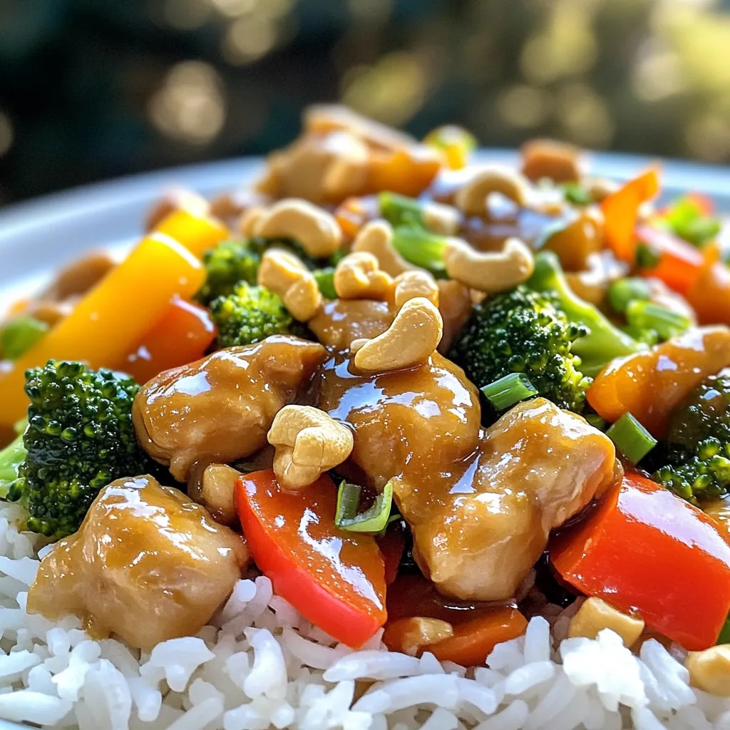 - 1 lb boneless chicken breast - 1 cup raw cashews - 1 bell pepper - 1 cup broccoli florets - 2 carrots - 3 green onions - 3 tablespoons soy sauce - 1 tablespoon hoisin sauce - 1 tablespoon sesame oil - 2 tablespoons vegetable oil - 3 cloves garlic - 1-inch piece of ginger - Salt and pepper When you prepare cashew chicken stir fry, you need fresh and good ingredients. Start with the chicken. Use one pound of boneless chicken breast. Cut it into small, bite-sized pieces. This helps it cook fast and evenly. Next, grab a cup of raw cashews. They add a nice crunch and flavor. You can toast them for extra taste. Now, let’s pick the veggies. I love using a bell pepper. Any color will do! Slice it into strips. You will also need a cup of broccoli florets. They bring a bright color and good nutrition. Don’t forget about the carrots! You will need two. Cut them into thin strips, known as julienne. This helps them cook quickly. For a finishing touch, chop three green onions. They add a fresh taste and nice look. Now, let’s talk about the sauce. You will need soy sauce, hoisin sauce, and sesame oil. Measure out three tablespoons of soy sauce. Add one tablespoon of hoisin sauce and sesame oil each. This mix adds great flavor. Finally, you need cooking essentials. Use two tablespoons of vegetable oil to fry everything. For flavor, have three cloves of garlic and one inch of ginger ready. Mince the garlic and grate the ginger. Also, keep salt and pepper handy to season your dish. These ingredients come together to make a fast and tasty meal. - Patting chicken dry: Take 1 pound of boneless chicken breast. Use a paper towel to pat it dry. This step helps the chicken cook well. Season it with salt and pepper to add flavor. - Toasting the cashews: Grab 1 cup of raw cashews. Put them in a dry skillet. Heat it over medium. Stir the cashews often for about 3-5 minutes. They should turn golden brown. This brings out their rich flavor. Once done, remove them from the skillet and set aside. - Stir-frying the chicken: In the same skillet, add 2 tablespoons of vegetable oil. Let it get hot. Now, add the seasoned chicken pieces. Stir-fry them for 5-7 minutes. You want them to be cooked through and slightly crispy. After that, take the chicken out and set it aside. - Cooking the vegetables: Add 1 more tablespoon of vegetable oil to the skillet. Toss in 3 cloves of minced garlic and 1-inch grated ginger. Stir for about 30 seconds to release the aroma. Then, add the sliced bell pepper, 1 cup of broccoli florets, and 2 julienned carrots. Cook for 4-5 minutes. The veggies should be tender but still crunchy. - Combining sauces and ingredients: Put the cooked chicken back into the skillet with the veggies. Pour in 3 tablespoons of soy sauce, 1 tablespoon of hoisin sauce, and 1 tablespoon of sesame oil. Toss everything together. Cook for another 2-3 minutes. This lets all the flavors mix well. - Adding cashews and green onions: Finally, add the toasted cashews and 3 chopped green onions. Mix everything well. Then, remove the skillet from heat. Your cashew chicken stir fry is ready to serve! - Adjusting seasoning: Start with a little salt and pepper. Taste as you cook. If you want more flavor, add extra soy sauce or hoisin sauce. A dash of sesame oil can also boost the flavor. - Enhancing the sauce: For a richer taste, add a splash of rice vinegar or a pinch of sugar. This balances the salty soy sauce and adds depth. You can also try adding a bit of chili paste for heat. - Stir-frying tips for crispy chicken: Dry the chicken well before cooking. This helps it get crispy. Stir-fry in hot oil for a nice sear. Don’t crowd the pan; cook in batches if needed. - Maintaining vegetable crunch: Add the veggies after the chicken. Stir-fry them quickly over high heat. This keeps them bright and crisp. Cook just until tender but still firm. - Best bases for serving: Serve your stir fry over fluffy rice or quinoa. Both soak up the tasty sauce well. You can also use cauliflower rice for a low-carb option. - Garnishes for presentation: Top with sliced green onions and sesame seeds for a pop of color. A sprinkle of chopped cilantro can add freshness, too. Serve in a nice bowl for a pleasing look. {{image_2}} You can switch the chicken for tofu or shrimp. Tofu gives a great texture. It soaks up the sauce well. Cut firm tofu into cubes and fry until golden. Shrimp cooks fast and adds a sweet taste. Just toss them in the skillet until they turn pink. You can also use beef instead of chicken. Thinly slice flank steak for the best results. Cook it for just a few minutes to keep it tender. This adds a rich flavor to the dish. Feel free to use seasonal vegetables in your stir fry. Carrots and broccoli are great, but you can add bell peppers, snow peas, or zucchini. Snap peas lend a nice crunch. Zucchini cooks quickly and absorbs flavors well. Mix different colors of bell peppers for a vibrant look. Always aim for a mix of textures and colors. This makes your dish more appealing and tasty. If you need a gluten-free option, choose tamari instead of soy sauce. It works just like soy sauce but without the gluten. You can also use coconut aminos for a lighter flavor. For a vegan version, replace the chicken with tofu and use vegan sauces. Make sure the hoisin sauce is vegan as some brands add animal products. This way, everyone can enjoy a delicious meal. To keep your Cashew Chicken Stir Fry fresh, store it in the fridge. Use an airtight container. This helps lock in moisture and flavor. The dish can stay fresh for up to three days. If you want to save it longer, freezing is a good option. Place it in a freezer-safe bag or container. It can last for about three months in the freezer. When it's time to enjoy your leftovers, reheating is key. The best way to reheat stir fry is in a skillet. Heat it over medium heat. Add a splash of water or a little oil. This helps steam the dish. Stir frequently to avoid burning. Avoid using the microwave if you can. Microwaving can make the stir fry soggy, and that’s not tasty. In the fridge, your Cashew Chicken Stir Fry can stay good for three days. After that, its quality might drop. Look for signs of spoilage. If it smells off or has a strange color, toss it. Always trust your senses. If something seems wrong, it’s best to throw it away. To make cashew chicken stir fry, follow these steps: 1. Prep the Chicken: Dry one pound of chicken breast. Use salt and pepper to season. 2. Toast the Cashews: In a skillet, toast one cup of raw cashews for 3-5 minutes until golden. 3. Cook the Chicken: Heat two tablespoons of vegetable oil. Stir-fry the chicken for 5-7 minutes until cooked. 4. Stir Fry Vegetables: Add garlic and ginger. Cook for 30 seconds. Then add sliced bell pepper, broccoli, and carrots. Cook for 4-5 minutes. 5. Combine & Sauce: Add chicken back to the skillet. Pour in three tablespoons of soy sauce, one tablespoon of hoisin sauce, and one tablespoon of sesame oil. Toss for 2-3 minutes. 6. Finish With Cashews: Mix in the toasted cashews and chopped green onions. Serve hot over rice or quinoa. Yes, you can make this dish ahead of time. Here are some meal prep tips: - Cook the Chicken and Veggies: You can cook the chicken and vegetables in advance. Store them in an airtight container. - Make the Sauce: Prepare the sauce ahead. Keep it separate until ready to serve. - Reheat Before Serving: When ready, reheat everything in a skillet. This keeps your dish fresh and tasty. Here are some great side dishes to serve with cashew chicken stir fry: - Rice: Steamed white or brown rice works well. - Quinoa: This is a healthy grain alternative. - Noodles: Try stir-fried noodles for a different twist. - Salad: A light salad can add freshness to your meal. Yes, cashew chicken stir fry is great for meal prepping. Here are best practices: - Storing: Keep leftovers in airtight containers in the fridge for up to four days. - Freezing: You can freeze portions for up to three months. - Reheating: Use a skillet or microwave to reheat. Add a splash of water to keep it moist. Avoid sogginess by reheating quickly. This article covered the key ingredients, cooking steps, and useful tips for cashew chicken stir fry. You can create a tasty and healthy meal with simple ingredients and easy techniques. Remember to adjust flavors and try different proteins or veggies to suit your taste. Meal prepping this dish is smart for quick, delicious dinners. By following these guidelines, you can enjoy a delightful meal time after time. Cook with confidence, and have fun experimenting in the kitchen!