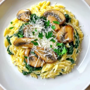 - 1 cup orzo pasta - 2 cups vegetable broth - 1 tablespoon olive oil - 1 medium onion, finely chopped - 3 cloves garlic, minced - 8 ounces mushrooms, sliced (button or cremini work well) - 3 cups fresh spinach, chopped - 1 cup heavy cream (or coconut cream for a dairy-free option) - 1/2 cup grated Parmesan cheese (or nutritional yeast for a vegan option) - Salt and pepper to taste - 1 teaspoon dried thyme - 1/4 teaspoon nutmeg (optional) - Fresh parsley, chopped for garnish To make creamy mushroom spinach orzo, gather these simple ingredients. The orzo pasta will be the base of your dish, giving it a hearty texture. Vegetable broth adds depth of flavor, while olive oil brings richness. The onion and garlic create a fragrant base. Sliced mushrooms add a savory element, and fresh spinach gives color and nutrition. Heavy cream or coconut cream creates that luscious creaminess. Parmesan cheese, or nutritional yeast for a vegan option, enhances the flavor. Seasoning is key. Salt and pepper will bring out the best in your dish. Dried thyme adds a lovely herbaceous note, while nutmeg can give a warm, subtle spice. Fresh parsley at the end brightens the dish and adds a pop of color. With these ingredients, you can create a comforting and delicious meal that feels gourmet. Whether you are a beginner or a seasoned cook, this recipe is easy to follow and satisfying to eat. 1. First, grab a medium saucepan. Pour in 2 cups of vegetable broth. 2. Heat it on medium until it comes to a gentle simmer. 3. Add 1 cup of orzo pasta to the broth. 4. Cook the orzo according to the package instructions. Aim for al dente, about 8-10 minutes. 5. Once done, drain the orzo and set it aside. 1. Now, take a large skillet and heat 1 tablespoon of olive oil over medium heat. 2. Add 1 finely chopped onion. Sauté it for 3-4 minutes until it's translucent. 3. Next, stir in 3 cloves of minced garlic. 4. Then, add 8 ounces of sliced mushrooms. Cook them until browned and tender, about 5-7 minutes. 1. Toss in 3 cups of chopped spinach. Cook it until wilted, around 2-3 minutes. 2. Pour in 1 cup of heavy cream, stirring until everything combines. 3. Let it simmer for a few minutes until it thickens slightly. 4. Now, stir in the cooked orzo. Follow with 1/2 cup of grated Parmesan cheese. 5. Mix well until the cheese melts and blends into the dish. 6. Season with salt, pepper, 1 teaspoon of dried thyme, and a pinch of nutmeg if you like. 7. Taste and adjust the seasoning as needed. 8. Remove from heat and garnish with fresh chopped parsley before serving. To get the right creaminess, adjust the cream based on your taste. If you want a lighter dish, use less cream. For a richer flavor, add more cream. You can also swap heavy cream with coconut cream for a dairy-free option. This gives you a nice, creamy texture without the dairy. Spices can really boost the taste of your dish. I recommend adding garlic powder, smoked paprika, or a pinch of cayenne for heat. They will bring new life to your creamy mushroom spinach orzo. For garnishes, consider adding a squeeze of lemon juice or a sprinkle of lemon zest. Fresh herbs like basil or chives also add a nice touch. Using the right tools can make cooking easier. A medium saucepan is great for simmering the vegetable broth and cooking the orzo. A large skillet is ideal for sautéing the onions, garlic, and mushrooms. You’ll also need a good wooden spoon to mix everything well. A sharp knife will help you chop the vegetables quickly. {{image_2}} To make a vegan version of creamy mushroom spinach orzo, you can swap out a few key ingredients. Instead of heavy cream, use coconut cream. It adds a rich taste without dairy. For cheese, try nutritional yeast. It gives a similar cheesy flavor and is plant-based. Use vegetable broth for the base to keep it vegan. You can still enjoy all the creaminess without using animal products. Want to boost the protein in your dish? Try adding cooked chicken, shrimp, or tofu. These options mix well with the creamy sauce and add great texture. For a simpler choice, add canned beans like chickpeas or white beans. They are easy to use and pack a protein punch. Just stir them in when you add the orzo to the skillet. Incorporate seasonal veggies for extra flavor and nutrition. Think about adding asparagus in spring or butternut squash in fall. You can also use zucchini or bell peppers. These vegetables cook quickly and blend well with the creamy sauce. Chopping them into bite-sized pieces helps them cook evenly. Feel free to get creative with whatever is fresh at your local market! To store leftover creamy mushroom spinach orzo, wait for it to cool. Place the orzo in an airtight container. It will stay fresh in the fridge for up to four days. For longer storage, freeze it in a freezer-safe container. It can last up to three months in the freezer. Make sure to label the container with the date. This way, you know when to use it. When reheating, add a splash of broth or water. This helps restore moisture and keeps the orzo creamy. Heat it slowly on the stove over low heat. Stir often to prevent sticking. You can also reheat it in the microwave. Use a microwave-safe bowl and cover it with a damp paper towel. Heat in short intervals, stirring in between. Creamy mushroom spinach orzo tastes best within the first few days. If kept in the fridge, eat it within four days for the best flavor. In the freezer, it stays good for about three months. After that, the texture and taste may change. Always check for off smells or changes in color before eating leftovers. Yes, you can use other pasta types. Some good options are: - Arborio rice: This will give a creamy texture, similar to risotto. Cook it for about 15-20 minutes. - Basmati rice: A fragrant option that cooks in 10-12 minutes. - Fusilli or penne: These shapes hold sauce well. They need about 10-12 minutes to cook. Each pasta has its unique taste and texture, but all can work here. You can make this dish gluten-free easily. Here are some pasta options: - Gluten-free orzo: Look for brands that offer this shape. - Brown rice pasta: It cooks in about 8-10 minutes and has a nice bite. - Chickpea pasta: A protein-rich choice, cooks in about 7-9 minutes. These alternatives will still give you a creamy dish while being gluten-free. If you want to replace heavy cream, there are several choices: - Coconut cream: This gives a rich flavor. Use the same amount as the recipe calls for. - Cashew cream: Blend soaked cashews with water for a smooth texture. Use 1 cup. - Silken tofu: Blend it until creamy. You can use 1 cup for a dairy-free option. These substitutes keep the dish creamy while catering to different dietary needs. This blog post shared a simple orzo dish with tasty spices and fresh veggies. You learned how to prepare the orzo, sauté your base, and mix everything for a creamy, rich meal. Don't forget to explore different options, like vegan swaps or adding protein. This dish is versatile and fits many diets. Enjoy your cooking and make delicious meals that suit your taste! Remember, cooking should be fun and rewarding.