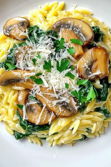 - 1 cup orzo pasta - 2 cups vegetable broth - 1 tablespoon olive oil - 1 medium onion, finely chopped - 3 cloves garlic, minced - 8 ounces mushrooms, sliced (button or cremini work well) - 3 cups fresh spinach, chopped - 1 cup heavy cream (or coconut cream for a dairy-free option) - ½ cup grated Parmesan cheese (or nutritional yeast for a vegan option) - Salt and pepper to taste - 1 teaspoon dried thyme - ¼ teaspoon nutmeg (optional) - Fresh parsley, chopped for garnish To make creamy mushroom spinach orzo, gather these simple ingredients. The orzo pasta will be the base of your dish, giving it a hearty texture. Vegetable broth adds depth of flavor, while olive oil brings richness. The onion and garlic create a fragrant base. Sliced mushrooms add a savory element, and fresh spinach gives color and nutrition. Heavy cream or coconut cream creates that luscious creaminess. Parmesan cheese, or nutritional yeast for a vegan option, enhances the flavor. Seasoning is key. Salt and pepper will bring out the best in your dish. Dried thyme adds a lovely herbaceous note, while nutmeg can give a warm, subtle spice. Fresh parsley at the end brightens the dish and adds a pop of color. With these ingredients, you can create a comforting and delicious meal that feels gourmet. Whether you are a beginner or a seasoned cook, this recipe is easy to follow and satisfying to eat. 1. First, grab a medium saucepan. Pour in 2 cups of vegetable broth. 2. Heat it on medium until it comes to a gentle simmer. 3. Add 1 cup of orzo pasta to the broth. 4. Cook the orzo according to the package instructions. Aim for al dente, about 8-10 minutes. 5. Once done, drain the orzo and set it aside. 1. Now, take a large skillet and heat 1 tablespoon of olive oil over medium heat. 2. Add 1 finely chopped onion. Sauté it for 3-4 minutes until it's translucent. 3. Next, stir in 3 cloves of minced garlic. 4. Then, add 8 ounces of sliced mushrooms. Cook them until browned and tender, about 5-7 minutes. 1. Toss in 3 cups of chopped spinach. Cook it until wilted, around 2-3 minutes. 2. Pour in 1 cup of heavy cream, stirring until everything combines. 3. Let it simmer for a few minutes until it thickens slightly. 4. Now, stir in the cooked orzo. Follow with ½ cup of grated Parmesan cheese. 5. Mix well until the cheese melts and blends into the dish. 6. Season with salt, pepper, 1 teaspoon of dried thyme, and a pinch of nutmeg if you like. 7. Taste and adjust the seasoning as needed. 8. Remove from heat and garnish with fresh chopped parsley before serving. To get the right creaminess, adjust the cream based on your taste. If you want a lighter dish, use less cream. For a richer flavor, add more cream. You can also swap heavy cream with coconut cream for a dairy-free option. This gives you a nice, creamy texture without the dairy. Spices can really boost the taste of your dish. I recommend adding garlic powder, smoked paprika, or a pinch of cayenne for heat. They will bring new life to your creamy mushroom spinach orzo. For garnishes, consider adding a squeeze of lemon juice or a sprinkle of lemon zest. Fresh herbs like basil or chives also add a nice touch. Using the right tools can make cooking easier. A medium saucepan is great for simmering the vegetable broth and cooking the orzo. A large skillet is ideal for sautéing the onions, garlic, and mushrooms. You’ll also need a good wooden spoon to mix everything well. A sharp knife will help you chop the vegetables quickly. {{image_2}} To make a vegan version of creamy mushroom spinach orzo, you can swap out a few key ingredients. Instead of heavy cream, use coconut cream. It adds a rich taste without dairy. For cheese, try nutritional yeast. It gives a similar cheesy flavor and is plant-based. Use vegetable broth for the base to keep it vegan. You can still enjoy all the creaminess without using animal products. Want to boost the protein in your dish? Try adding cooked chicken, shrimp, or tofu. These options mix well with the creamy sauce and add great texture. For a simpler choice, add canned beans like chickpeas or white beans. They are easy to use and pack a protein punch. Just stir them in when you add the orzo to the skillet. Incorporate seasonal veggies for extra flavor and nutrition. Think about adding asparagus in spring or butternut squash in fall. You can also use zucchini or bell peppers. These vegetables cook quickly and blend well with the creamy sauce. Chopping them into bite-sized pieces helps them cook evenly. Feel free to get creative with whatever is fresh at your local market! To store leftover creamy mushroom spinach orzo, wait for it to cool. Place the orzo in an airtight container. It will stay fresh in the fridge for up to four days. For longer storage, freeze it in a freezer-safe container. It can last up to three months in the freezer. Make sure to label the container with the date. This way, you know when to use it. When reheating, add a splash of broth or water. This helps restore moisture and keeps the orzo creamy. Heat it slowly on the stove over low heat. Stir often to prevent sticking. You can also reheat it in the microwave. Use a microwave-safe bowl and cover it with a damp paper towel. Heat in short intervals, stirring in between. Creamy mushroom spinach orzo tastes best within the first few days. If kept in the fridge, eat it within four days for the best flavor. In the freezer, it stays good for about three months. After that, the texture and taste may change. Always check for off smells or changes in color before eating leftovers. Yes, you can use other pasta types. Some good options are: - Arborio rice: This will give a creamy texture, similar to risotto. Cook it for about 15-20 minutes. - Basmati rice: A fragrant option that cooks in 10-12 minutes. - Fusilli or penne: These shapes hold sauce well. They need about 10-12 minutes to cook. Each pasta has its unique taste and texture, but all can work here. You can make this dish gluten-free easily. Here are some pasta options: - Gluten-free orzo: Look for brands that offer this shape. - Brown rice pasta: It cooks in about 8-10 minutes and has a nice bite. - Chickpea pasta: A protein-rich choice, cooks in about 7-9 minutes. These alternatives will still give you a creamy dish while being gluten-free. If you want to replace heavy cream, there are several choices: - Coconut cream: This gives a rich flavor. Use the same amount as the recipe calls for. - Cashew cream: Blend soaked cashews with water for a smooth texture. Use 1 cup. - Silken tofu: Blend it until creamy. You can use 1 cup for a dairy-free option. These substitutes keep the dish creamy while catering to different dietary needs. This blog post shared a simple orzo dish with tasty spices and fresh veggies. You learned how to prepare the orzo, sauté your base, and mix everything for a creamy, rich meal. Don't forget to explore different options, like vegan swaps or adding protein. This dish is versatile and fits many diets. Enjoy your cooking and make delicious meals that suit your taste! Remember, cooking should be fun and rewarding.