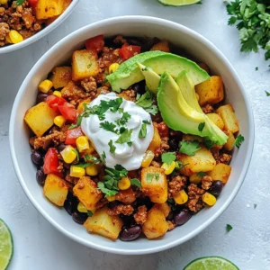 - 1 lb ground beef - 2 medium potatoes, diced - 1 cup corn (fresh, frozen, or canned) - 1 can black beans, drained and rinsed - 1 small onion, diced - 2 cloves garlic, minced - 1 tablespoon chili powder - 1 teaspoon cumin - ½ teaspoon smoked paprika - Salt and pepper to taste - ¼ cup beef broth or water - 1 cup shredded cheese (cheddar or Mexican blend) - Fresh cilantro, chopped (for garnish) - Sour cream or Greek yogurt (for serving) - 1 avocado, sliced (for serving) - Lime wedges (for serving) Gather these ingredients before you start cooking. The ground beef gives this dish its heartiness. The diced potatoes add a nice texture. Corn and black beans bring color and nutrition. Onion and garlic add great flavor. The spices, like chili powder and cumin, give a warm kick. Don’t forget the cheese to melt on top. The fresh cilantro, avocado, and lime will brighten the dish. This mix of ingredients makes for a tasty and satisfying meal that everyone will love. {{ingredient_image_1}} 1. Start with a large skillet over medium heat. 2. Add the diced potatoes to the skillet. Sauté them for about 5 minutes. You want them to begin softening. 3. Next, add the diced onion and minced garlic. Cook for another 3-4 minutes until the onion turns translucent. 1. Now, push the potato mix to one side of the skillet. 2. On the other side, add the ground beef. Cook it until it turns brown. Break it apart as it cooks. 3. After browning, drain any excess fat. Sprinkle chili powder, cumin, smoked paprika, salt, and pepper over the beef. This adds great flavor. 1. Stir in the corn and black beans. Mix everything well. 2. Pour in the beef broth or water. This helps the potatoes cook through. 3. Let it cook for an additional 5-7 minutes. The potatoes should be tender, and flavors will meld together. 1. If you like cheese, sprinkle it on top. Cover the skillet to melt the cheese for about 2 minutes. 2. To serve, spoon the beef and potato mix into bowls. 3. Top with avocado slices, a dollop of sour cream or Greek yogurt, and fresh cilantro. Add lime wedges on the side for extra zest. To boost flavor, use a mix of spices. I recommend: - 1 tablespoon chili powder - 1 teaspoon cumin - ½ teaspoon smoked paprika - Salt and pepper to taste These spices create a warm, rich taste. You can also add fresh herbs like cilantro for freshness. When cooking, sauté the garlic and onion first. This step builds a strong base of flavor in your dish. Serve your taco bowls in colorful bowls. Bright colors make the meal more inviting. Arrange your toppings creatively to catch the eye. For example, place avocado slices in a fan shape and add a dollop of sour cream on top. Squeeze fresh lime over everything for a burst of flavor just before serving. You can personalize your taco bowl with optional toppings. Add jalapeños for heat, or salsa for extra zest. For gluten-free and low-carb options, skip the potatoes and serve the beef mix over a bed of greens. This change keeps all the taste while meeting your needs. Enjoy making each bowl unique! Pro Tips Use Fresh Ingredients: Fresh ingredients enhance the flavor of your taco bowls. Opt for fresh corn if it’s in season for a sweeter taste. Customize Your Spice Level: Adjust the amount of chili powder to suit your taste. For a spicier kick, consider adding diced jalapeños or a dash of hot sauce. Make It Vegetarian: Substitute the ground beef with plant-based ground meat or additional beans to make this dish vegetarian-friendly. Serve with a Twist: Try serving the taco bowls with tortilla chips on the side for added crunch and texture. {{image_2}} You can swap ground beef for ground turkey or chicken. These meats are leaner but still tasty. They work well with the same spices and flavors. If you want a vegetarian option, try lentils or mushrooms. Both add a hearty texture. Lentils are rich in protein and fiber. Mushrooms give a nice umami flavor. Both options keep the bowl filling and satisfying. Feel free to mix in your favorite veggies. Seasonal ingredients can change the taste and nutrition. Think bell peppers, zucchini, or even sweet potatoes. They boost flavor and color. You can also add greens like spinach or kale. These greens are healthy and cook down nicely. They blend well with the potatoes and beef, adding more depth to the dish. Want to spice things up? Add hot sauce to your mix. It brings an exciting kick to every bite. You can also play with flavors. Southwest spices like chipotle or taco seasoning add a smoky touch. For a classic Mexican twist, keep chili powder and cumin. Each option gives your taco bowl a new identity. Experimenting with spices will keep your meals fun and fresh. To keep your Ground Beef Potato Taco Bowls fresh, first let them cool. Place any leftovers in an airtight container. This helps keep moisture in and air out. Store them in the refrigerator. They will last for 3 to 4 days. If you want to save them for later, freezing is a great option. Use freezer-safe bags or containers. They can last for 2 to 3 months in the freezer. Just remember to label them with the date! When it’s time to eat your leftovers, you have a few good options. You can use the microwave for a quick heat-up. Just place your bowl in the microwave and cover it. Heat it in short bursts, stirring in between. This helps keep the food from drying out. If you prefer the oven, preheat it to 350°F. Spread the taco bowl in a baking dish and cover it with foil. Heat for about 15 to 20 minutes. This method helps maintain the flavors. In the fridge, your taco bowls stay good for about 3 to 4 days. If you freeze them, they last longer, up to 2 to 3 months. Pay attention to signs of spoilage. Look for off smells or changes in color. If you see any weird spots or if it smells bad, it's best to throw it away. Keeping an eye on your food ensures a safe and tasty meal every time! Yes, you can make these taco bowls ahead of time. Cook the beef and potatoes, then store them in an airtight container. Keep the toppings separate. This way, the bowls stay fresh and tasty. Just reheat the mixture in a skillet or microwave before serving. Cheddar or a Mexican blend cheese works best. Both melt nicely and add flavor. You can also try pepper jack for a spicy kick. Choose the cheese that you love most! Absolutely! You can swap black beans for pinto or kidney beans. Chickpeas also work well for added texture and protein. Feel free to mix and match according to your taste. To make it vegetarian, replace the ground beef with lentils or mushrooms. For a vegan option, use plant-based meat and skip the cheese and sour cream. You can add avocado and extra veggies to keep it hearty and delicious. These taco bowls pair well with a side salad or tortilla chips. You can also serve them with fresh salsa or guacamole for added flavor. Lime wedges make a great garnish too! Enjoy your meal with your favorite drinks. This blog post guides you through making a delicious Ground Beef Potato Taco Bowl. You learned about key ingredients, step-by-step instructions, and tips to enhance flavor. You can customize the bowl with various proteins and veggies to match your taste. In conclusion, enjoy this dish tailored to your preferences. It’s simple, fun, and packed with flavor. Try it out and make it your own!