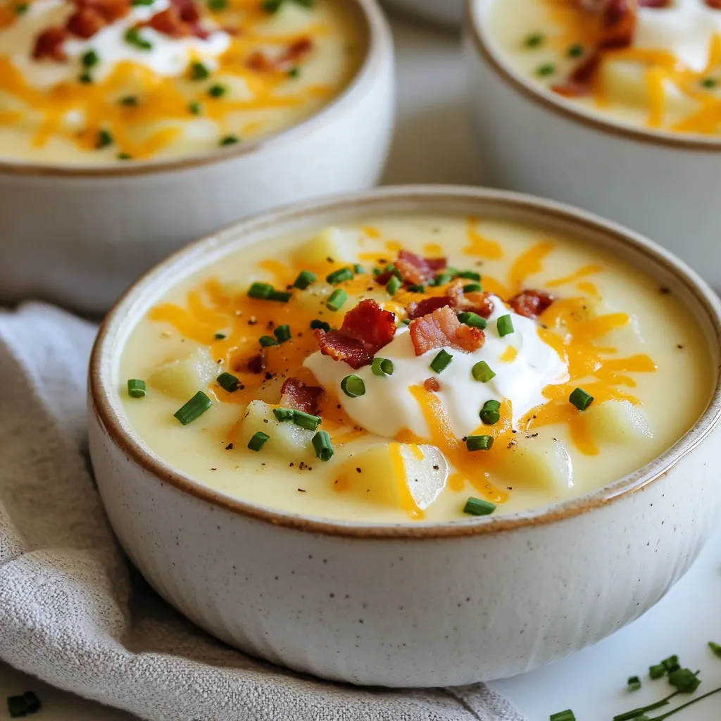 To make a hearty and creamy loaded baked potato soup, gather these ingredients: - 4 large russet potatoes, diced - 1 medium onion, chopped - 3 cloves garlic, minced - 4 cups vegetable broth - 1 cup heavy cream - 1 cup shredded cheddar cheese (plus extra for topping) - ½ cup sour cream - 4 slices of crispy turkey bacon, crumbled - 1 teaspoon smoked paprika - Salt and pepper to taste - Fresh chives, chopped (for garnish) These ingredients come together to create a comforting bowl of soup full of flavor. You can add or swap ingredients to make this soup your own. Here are some ideas: - Use green onions instead of chives for a different taste. - Swap heavy cream for coconut milk for a lighter option. - Add a pinch of cayenne pepper for a spicy kick. - Use different cheese, like gouda or pepper jack, for a unique flavor. Feel free to play around with these options. Your soup can reflect your tastes. If you need to make changes, here are some easy substitutions: - For a dairy-free version, use almond milk instead of heavy cream. - If you don’t have russet potatoes, Yukon gold potatoes work well too. - Use vegetable broth or chicken broth based on your preference. - For a vegetarian option, skip the turkey bacon or use a plant-based alternative. These swaps keep the soup delicious while matching your needs. {{ingredient_image_1}} To start, gather all your ingredients. You will need: - 4 large russet potatoes, diced - 1 medium onion, chopped - 3 cloves garlic, minced - 4 cups vegetable broth - 1 cup heavy cream - 1 cup shredded cheddar cheese (plus extra for topping) - ½ cup sour cream - 4 slices of crispy turkey bacon, crumbled (or use a plant-based alternative) - 1 teaspoon smoked paprika - Salt and pepper to taste - Fresh chives, chopped (for garnish) Begin by washing and peeling the potatoes. Dice them into small pieces. Chop the onion and mince the garlic. These steps help the flavors blend well in the soup. In a large pot, bring the vegetable broth to a gentle simmer over medium heat. This should take about 2-3 minutes. Add the diced potatoes, chopped onion, and minced garlic to the pot. Cook for about 15-20 minutes, or until the potatoes are soft. Stir occasionally. Once the potatoes are tender, you are ready for the next step. Use an immersion blender to puree the soup until smooth. If you do not have one, transfer the soup in batches to a blender. Blend until it reaches a creamy texture. Be careful not to fill the blender too full; hot soup can splash. After blending, return the soup to the pot. Now, stir in the heavy cream, shredded cheddar cheese, sour cream, and smoked paprika. Mix well until the cheese melts and the soup becomes creamy. If you like a chunkier soup, add back some diced potatoes. Season with salt and pepper to taste. Your loaded baked potato soup is now ready to serve! To take your loaded baked potato soup to the next level, focus on seasoning. Start with salt and pepper, but don’t stop there. Add smoked paprika for a warm, smoky flavor. You can also use fresh herbs like thyme or rosemary to brighten the soup. If you love heat, a pinch of cayenne pepper or a dash of hot sauce works wonders. For a richer taste, try using chicken broth instead of vegetable broth. First, choose beautiful bowls to serve your soup. Ladle the creamy soup into each bowl with care. Top it with extra shredded cheddar cheese; it melts beautifully on the warm soup. Add crumbled turkey bacon for a savory crunch. A dollop of sour cream adds creaminess and a pop of flavor. Finish with a sprinkle of fresh chives for a touch of color and taste. One common mistake is not cooking the potatoes long enough. Make sure they are very tender before blending. Another error is over-blending, which can make the soup too smooth. If you want some chunks, blend only part of the soup. Lastly, don’t forget to taste as you go. Adjust the seasoning before serving to ensure the best flavor. Pro Tips Choose the Right Potatoes: Russet potatoes are ideal for this soup due to their starchy texture, which creates a creamy consistency when blended. For Extra Flavor: Consider roasting the garlic before adding it to the soup for a deeper, sweeter flavor that enhances the overall taste. Adjust the Thickness: If you prefer a thicker soup, reduce the amount of broth or add more potatoes. For a thinner consistency, simply add more broth or cream. Garnish Creatively: Experiment with different toppings like crispy onions, diced jalapeños, or fresh herbs to add texture and flavor to your soup. {{image_2}} You can make this soup vegetarian by simply omitting the turkey bacon. To make it vegan, swap the heavy cream and sour cream for plant-based alternatives. Use almond milk or coconut cream for a rich texture. Nutritional yeast can add a cheesy flavor without dairy. To heat things up, add chopped jalapeños or a dash of hot sauce. For a smoky twist, increase the smoked paprika or include smoked cheese. You can also add spices like cumin or chili powder for an extra kick. Get creative with your toppings! Use crispy onion strings for crunch. Try roasted garlic or sautéed mushrooms for added depth. Fresh herbs like parsley or cilantro can brighten the dish. Top with a swirl of olive oil for a finishing touch. Each topping can change the soup's flavor and make it your own. To keep your leftover loaded baked potato soup fresh, cool it down first. Use an airtight container to store it in the fridge. The soup will stay good for about three to four days. If you want to keep it longer, consider freezing it. When you are ready to enjoy the soup again, pour it into a pot. Heat it over medium-low heat, stirring often. This helps it warm evenly. If the soup seems too thick, add a splash of broth or water. You can also microwave it in a bowl. Heat in short bursts, stirring in between. To freeze your loaded baked potato soup, first let it cool completely. Then, pour it into freezer-safe bags or containers. Leave some space at the top, as the soup will expand. It will stay fresh for about three months. When you want to eat it, thaw it overnight in the fridge before reheating. Yes, you can make Loaded Baked Potato Soup ahead of time. Just store it in the fridge. When you’re ready to eat, warm it on the stove. This soup tastes great even after a day. The flavors get better as it sits. The best toppings for Loaded Baked Potato Soup include: - Crumbled turkey bacon - Shredded cheddar cheese - Chopped fresh chives - Sour cream These toppings add flavor and texture. Feel free to mix and match to fit your taste. If your soup is too thin, try these methods: - Add a bit more potato. Cook and blend it in. - Stir in some extra cheese. This adds creaminess. - Use a cornstarch slurry. Mix cornstarch with water, then add it to the pot. These tips will help you reach the right thickness. Yes, you can make Loaded Baked Potato Soup without cream. Swap heavy cream for: - Coconut milk for a dairy-free option - Almond milk for a lighter version - Extra vegetable broth for a more broth-based soup These alternatives keep the soup tasty while meeting dietary needs. Loaded baked potato soup is rich, creamy, and easy to make. We covered the main ingredients, optional items for customization, and helpful substitutes. Step-by-step instructions guide you to the perfect soup. I shared tips to boost flavor, ideas for presentation, and common mistakes to avoid. You can also explore fun variations and learn how to store leftovers properly. This soup is flexible and delicious, making it a great dish for any time. Enjoy creating your version, and remember, the best soup is the one you love!