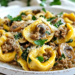 - 1 pound ground beef - 8 ounces button mushrooms, sliced - 9 ounces cheese tortellini (fresh or frozen) The main ingredients form the heart of the dish. Ground beef adds rich flavor and protein. Button mushrooms give a nice texture and earthy taste. Cheese tortellini brings a creamy, cheesy element that melts in your mouth. - 1 teaspoon Italian seasoning - 2 cups beef broth - 1 cup heavy cream Seasonings and broth enhance the dish's depth. Italian seasoning adds herbs and zest to the beef. Beef broth creates a savory base for the sauce. Heavy cream makes the dish creamy and luxurious. - 1 cup fresh spinach, chopped - 1/2 cup grated Parmesan cheese - Olive oil for sautéing Additional ingredients boost flavor and nutrition. Fresh spinach adds color and vitamins. Grated Parmesan cheese gives a salty, nutty finish. Olive oil helps to sauté the onions and garlic for a tasty start. {{ingredient_image_1}} 1. Sautéing onion and garlic: First, heat a tablespoon of olive oil in a large skillet over medium heat. Add the finely chopped onion and minced garlic. Sauté them for about 3-4 minutes. You want them to become fragrant and soft. 2. Cooking ground beef: Next, add 1 pound of ground beef to the skillet. Use a spoon to break it up as it cooks. Keep cooking until it turns brown, which should take around 5-7 minutes. If there is extra fat, drain it off before moving on. 1. Incorporating mushrooms and seasonings: Now, stir in 8 ounces of sliced button mushrooms. Add 1 teaspoon of Italian seasoning, 1/2 teaspoon of salt, and 1/4 teaspoon of black pepper. Cook this mixture for another 3-4 minutes. The mushrooms will start to soften, and the flavors will blend nicely. 2. Pouring in beef broth: Pour in 2 cups of beef broth and bring the mix to a simmer. This adds depth and richness to your dish. 1. Techniques for cooking tortellini: Add 9 ounces of cheese tortellini to the skillet, following the package instructions. If using fresh tortellini, it usually cooks in about 3-5 minutes. If frozen, it may take longer. Keep an eye on it! 2. Simmering with cream and spinach: After the tortellini is cooked, lower the heat and stir in 1 cup of heavy cream. Let it simmer for 2-3 minutes to thicken up a bit. Then, add in 1 cup of chopped fresh spinach and stir until it wilts, which should take about 1-2 minutes. Your Beef Mushroom Tortellini Skillet is almost ready to serve! How to prevent overcooking tortellini To avoid overcooking tortellini, cook it for just a few minutes. If using fresh tortellini, check it after three minutes. If using frozen, follow the package instructions closely. Drain it right away to stop the cooking process. This keeps the pasta tender and perfect. Sautéing mushrooms for optimal flavor Start with a hot skillet and use enough olive oil. Slice your mushrooms thinly to help them cook evenly. Sauté them for about four minutes until they turn golden brown. This step adds rich flavor and depth to your dish. Adding spices for extra depth Spices bring life to your dish. Add a pinch of crushed red pepper for heat. You can also try a dash of smoked paprika for a nice twist. Don’t forget to taste as you go. Adjust the flavors to fit your liking. Options for cheese varieties While Parmesan is great, feel free to experiment. Try using Pecorino Romano for a sharper taste. You can also mix in some mozzarella for extra creaminess. Each type of cheese will change the flavor, so have fun with it! Pro Tips Brown the Beef Well: Make sure to cook the ground beef until it's nicely browned. This enhances the flavor of the dish significantly. Fresh vs. Frozen Tortellini: If using frozen tortellini, allow for extra cooking time. Always check the package instructions for best results. Thicken the Sauce: For a thicker sauce, let the mixture simmer a little longer after adding the cream. This will improve the overall texture. Season to Taste: Adjust the seasoning after adding the cream and spinach to ensure the flavors are balanced and to your liking. {{image_2}} You can switch up the protein in this dish. Ground turkey or chicken works well. Both meats cook fast and blend nicely with the flavors. If you want a vegetarian option, use lentils or mushrooms instead of meat. They add great taste and texture. You can choose between fresh or frozen tortellini. Fresh tortellini cooks quicker and has a delicate texture. Frozen tortellini is convenient and lasts longer. If you need gluten-free options, look for gluten-free tortellini made from rice or corn. They taste great and fit right into the dish. Adding extra vegetables can boost nutrition and flavor. Bell peppers add sweetness and color. Zucchini is mild and absorbs flavors well. You can swap in seasonal vegetables, too. Think of spinach in spring or squash in fall. These choices make your meal even more enjoyable. Store your Beef Mushroom Tortellini Skillet in the fridge. Use an airtight container to keep it fresh. Let the dish cool before sealing. This helps prevent moisture build-up. It will last for 3 to 4 days. For best taste, eat it within this time. To reheat on the stove, warm it over low heat. Stir often to avoid sticking. Add a splash of beef broth if it seems dry. For microwave reheating, use a microwave-safe bowl. Heat in short bursts, stirring in between. This keeps the dish from overheating. You can freeze this dish for future meals. Allow it to cool completely before freezing. Use freezer-safe containers or bags. It can last up to 3 months in the freezer. When ready to eat, thaw it overnight in the fridge. Reheat on the stove or microwave after thawing. Enjoy a tasty meal anytime! It takes about 10 minutes to prep and 30 minutes to cook. So, you need a total of 40 minutes. This timing includes chopping, cooking, and simmering. You can easily fit this meal into a busy weeknight. Yes, you can make this dish ahead of time. You can cook it, let it cool, and store it in the fridge. It stays fresh for up to three days. For meal prep, just reheat it on the stove. Add a splash of broth if it seems dry. You can use coconut milk or almond milk for a dairy-free option. These will change the taste a bit, but they still work well. You can also use Greek yogurt for a thicker texture. Just mix it in slowly to avoid curdling. This blog post covered how to make a delicious Beef Mushroom Tortellini Skillet. We talked about the main ingredients like ground beef, mushrooms, and tortellini, along with the seasonings and broth that add flavor. I shared steps for cooking, tips to improve taste, and variations to fit your needs. In the end, this dish is easy and adaptable. You can make it your own with different veggies or proteins. Enjoy cooking and savoring this satisfying meal!