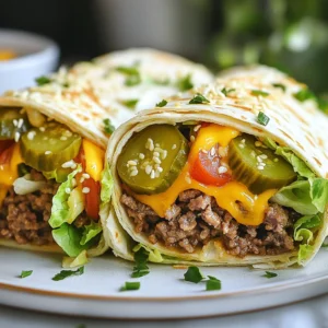 - 1 lb ground beef - 2 tablespoons onion powder - 2 tablespoons garlic powder - 1 tablespoon smoked paprika - Salt and pepper to taste - 4 large flour tortillas - 1 cup shredded lettuce - 1 cup diced tomatoes - 1 cup pickles, diced - ½ cup cheddar cheese, shredded - ½ cup Thousand Island dressing (or homemade) - Sesame seeds for garnish The ground beef is the star of this dish. It brings a meaty taste that fills you up. The spices, like onion powder and garlic powder, add depth. Smoked paprika gives a nice smoky flavor. Salt and pepper enhance all the other tastes. The Thousand Island dressing ties everything together with creaminess and a hint of tang. Fresh veggies like lettuce, tomatoes, and pickles give crunch and freshness. The cheddar cheese adds a nice, melty touch. Finally, sesame seeds on top add a bit of nuttiness and look great. Each wrap is a balanced meal. The ground beef provides protein, while the veggies offer fiber and vitamins. The cheese adds calcium, and the dressing brings healthy fats. On average, each wrap contains about 400 calories. You get around 25 grams of protein, 30 grams of carbs, and 20 grams of fat. For a lighter option, you can reduce the cheese or dressing. Adjusting the portions makes it easy to fit your diet. {{ingredient_image_1}} First, take a skillet and heat it over medium heat. Add the ground beef. Break the meat apart with a spatula as it cooks. Sprinkle in onion powder, garlic powder, smoked paprika, salt, and pepper. Stir well to mix the spices into the meat. Cook until the beef is browned. This should take about 7 to 10 minutes. If there is excess fat, drain it off. This gives you a better wrap. Next, you need to warm the flour tortillas. You can use a separate pan or a microwave. If using a microwave, heat them for about 15 to 20 seconds. This makes them soft and easy to handle. Warm tortillas will fold better without tearing. Now, it’s time to assemble your wraps. Take a warm tortilla and lay it flat on your plate. In the center of the tortilla, add some cooked beef. Then, layer in shredded lettuce, diced tomatoes, and pickles. Don’t forget the cheddar cheese! Finally, drizzle a good amount of Thousand Island dressing over the top. This is where the flavor comes alive. If you want a crispy texture, you can toast the wraps. Place the assembled wraps seam-side down in a greased skillet. Cook over medium heat for about 2 to 3 minutes on each side. You want them golden brown and slightly crispy. This step adds a nice crunch to your meal. To make your wraps look appealing, slice them in half diagonally. This shows off the colorful filling inside. Serve the wraps on a colorful platter. You can add extra dill pickles around the wraps. A small bowl of extra Thousand Island dressing makes for a great dip. This adds a fun touch to your meal prep! To make the beef tasty, use onion and garlic powders. They add great flavor. Smoked paprika gives a nice, smoky touch. Start with one pound of ground beef. Cook it until it is brown. Make sure to add salt and pepper as you cook. This mix will make the beef a star in your wrap. For the best Big Mac Wraps, choose large flour tortillas. They are soft and hold the filling well. You can also use whole wheat tortillas for a healthier option. Corn tortillas are great too, but they may break easier. Aim for a size that fits your filling without spilling. You can enjoy your wraps two ways: crispy or soft. To make them crispy, toast them in a skillet. Cook each side for a few minutes until golden brown. If you prefer soft wraps, skip the toasting step. Just warm the tortillas before filling. This keeps them easy to roll and chew. Pro Tips Use Fresh Ingredients: Fresh produce enhances the flavor of your wraps. Choose crisp lettuce, ripe tomatoes, and crunchy pickles for that authentic taste. Customize the Sauce: Feel free to experiment with different sauces! Try adding sriracha for a spicy kick or swapping Thousand Island for ranch dressing. Perfect the Fold: For a secure wrap, make sure to fold in the sides tightly before rolling. This prevents filling from spilling out when you eat. Make Ahead: Prepare the beef and chop the veggies in advance. Assemble the wraps just before serving for a quick and easy meal. {{image_2}} You can switch up the protein in Big Mac Wraps. Ground turkey or chicken works well. They provide a lighter option but still taste great. You can also try plant-based meat for a hearty choice. Just make sure to season it well with onion powder, garlic powder, and smoked paprika for full flavor. If you want to cut carbs, use lettuce instead of tortillas. Romaine or iceberg lettuce leaves make great wraps. Just take a leaf, add your cooked beef, and pile on the toppings. This version is fresh and crunchy, giving you that Big Mac taste without the carbs. For a vegan or vegetarian twist, replace the beef with black beans or lentils. Season them the same way to keep the flavors. You can also add extra veggies like bell peppers or mushrooms for more texture. Use a vegan dressing to finish it off, and you have a tasty vegan Big Mac Wrap! To keep your Big Mac Wraps fresh, wrap them tightly in plastic wrap. You can also use foil for extra protection. Place the wrapped wraps in an airtight container. This method helps prevent them from drying out in the fridge. Store them in the refrigerator for up to three days. If you want to keep them longer, freeze them. Just remember to remove the wrapping before microwaving. When you're ready to eat, remove the wrap from the fridge or freezer. If frozen, let it thaw in the fridge overnight. To reheat, you can use the microwave. Heat on medium for about 30-45 seconds. For a crispy finish, place the wrap in a skillet over medium heat. Cook each side for about 2 minutes until warm and crispy. Enjoy your Big Mac Wraps within three days for the best taste. They are most flavorful when fresh. If you have leftovers, try to eat them the next day. The longer they sit, the softer the ingredients become, which can affect the texture. No, Big Mac Wraps are not on the McDonald's menu. They are a fun twist on the classic Big Mac. You can make them at home with simple ingredients. This gives you control over taste and freshness. Big Mac Wraps likely come from fans of the Big Mac. They wanted a portable version. This wrap combines classic flavors into a new format. It’s a creative way to enjoy a beloved meal. To make wraps healthier, use lean ground beef or turkey. You can add more veggies like spinach or bell peppers. Use whole wheat tortillas for added fiber. You can also reduce the cheese or dressing for fewer calories. Yes, you can use many dressings or toppings. Try ranch, barbecue sauce, or a spicy aioli. You can also add avocado or jalapeños for extra flavor. Mix and match toppings to suit your taste. To make more wraps, simply double or triple the ingredients. Use a larger skillet for cooking the beef. Make sure to have enough tortillas and toppings ready. Adjust cooking times if needed, but keep an eye on the beef. In this blog post, we explored how to make delicious Big Mac Wraps. We covered the essential ingredients, step-by-step instructions, and tips for perfecting your dish. You learned about variations, storage methods, and answered FAQs. Remember, your wraps can be unique! Feel free to adjust the recipe for your taste. Enjoy experimenting with flavors and make these wraps your own!