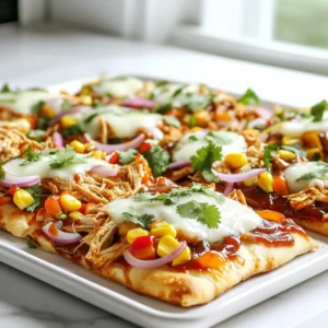 - Chicken and BBQ Sauce: You need 1 pound of boneless, skinless chicken breasts. Use your favorite BBQ sauce, about 1 cup. This sauce makes the chicken juicy and flavorful. - Flatbreads or Naan: Grab 4 flatbreads or naan. They serve as the base for your flatbreads. - Vegetables and Cheese: For the veggies, use 1 cup of thinly sliced red onion and 1 cup of thinly sliced bell peppers. Add ½ cup of corn kernels for sweetness. Finally, include 1 ½ cups of shredded mozzarella cheese for that gooey goodness. - Fresh Herbs: Fresh cilantro or parsley adds a bright touch. It makes the dish pop. - Additional Toppings: You can add extra toppings like sliced jalapeños for heat or avocado for creaminess. These additions can customize your flatbread to your taste. Seasoning the Chicken Breasts Start by preheating your oven to 400°F (200°C). In a medium bowl, take 1 pound of boneless, skinless chicken breasts. Season them with salt, pepper, and 2 tablespoons of olive oil. Drizzle half a cup of your favorite BBQ sauce over the chicken. Toss it well to coat every piece. Baking the Chicken on Sheet Pan Now, place the seasoned chicken on a sheet pan. Bake it in the oven for about 20-25 minutes. Use a meat thermometer to check that it reaches 165°F (75°C). This means it is fully cooked and safe to eat. Mixing the Veggies with BBQ Sauce While the chicken bakes, prepare your veggies. In a separate bowl, combine 1 cup of thinly sliced red onion, 1 cup of thinly sliced bell peppers, and ½ cup of corn kernels. Pour the remaining BBQ sauce over this mix. Toss everything together until the veggies are well coated. Layering Ingredients Once the chicken is baked, remove it from the oven and let it cool for a couple of minutes. Shred the chicken using two forks. On the same sheet pan, lay out 4 flatbreads or naan. Evenly distribute the shredded chicken over each flatbread. Next, sprinkle the veggie mixture on top. Final Baking Process Now, it’s time for the cheese! Evenly top each flatbread with 1 ½ cups of shredded mozzarella cheese. Return the sheet pan to the oven and bake for another 10-15 minutes. Wait until the cheese is bubbly and golden. When done, take it out and let it cool for a few minutes. Garnish with fresh cilantro or parsley before slicing into wedges. Enjoy! To ensure your chicken cooks perfectly, set your oven to 400°F (200°C). Bake the chicken for 20-25 minutes. Use a meat thermometer to check the internal temperature. It should reach 165°F (75°C). This step keeps your chicken juicy and safe to eat. Shredding chicken can be messy, but I have a simple trick. After baking, let the chicken cool for a few minutes. Then, use two forks to shred it. Hold one fork in the chicken and pull with the other. This method makes shredding easy and quick. You can also use your hands if you prefer. Just remember to wash your hands first! For the best cheese texture, sprinkle the shredded mozzarella evenly over the flatbreads. When you bake them again for 10-15 minutes, the cheese will melt perfectly. To get a golden color, you can broil the flatbreads for the last minute. Just watch closely to avoid burning. This will give you that nice, bubbly cheese everyone loves! {{image_2}} You can change the protein in this recipe. Try using ground turkey or shredded pork. These options work well with BBQ sauce. You can also swap the BBQ sauce. Use teriyaki sauce for a sweet twist or buffalo sauce for a spicy kick. Both options add a unique flavor to your flatbreads. Feel free to mix up the vegetables. Use seasonal veggies like zucchini or spinach. These add great color and taste. You can also add diced tomatoes or jalapeños for extra flavor. Think about using sweet corn for crunch or black beans for protein. The more colors, the more fun your flatbreads will look and taste. You have choices for flatbreads. Store-bought naan is quick and easy. If you want to try making your own, it can be a fun project! Homemade flatbreads can be soft and chewy. This adds a special touch to your meal. Choose what fits your time and mood best! For the best taste, let your flatbreads cool before storing. Place them in an airtight container. This keeps the flatbreads fresh and prevents them from getting soggy. You can safely store the flatbreads in the fridge for up to three days. If you want a quick meal, simply take them out and enjoy. Freezing flatbreads is a great way to save them for later. First, let them cool completely. Then, wrap each flatbread in plastic wrap. Place the wrapped flatbreads in a freezer bag or a freezer-safe container. This helps to keep them from freezer burn. They will stay good for about two to three months. When you want to eat them, just thaw them in the fridge overnight. To keep your flatbreads tasty, reheat them the right way. Preheat your oven to 350°F (175°C). Place the flatbreads on a baking sheet. Heat them for about 10 minutes. This helps keep the cheese melty and the bread crispy. You can also use a microwave, but this may make the flatbreads a bit soggy. For best results, the oven is my top choice! Enjoy your meal again! Yes, you can use leftover chicken. It's a great way to save time and reduce waste. Make sure the chicken is shredded or diced. This helps it mix well with the other toppings. - Tips for Using Leftovers: - Use rotisserie chicken for a quick option. - Add leftover chicken to the BBQ sauce before layering. - Adjust the amount of sauce based on your chicken's flavor. The best way to know is by checking the internal temperature. Chicken should reach 165°F (75°C). Use a meat thermometer for accurate readings. - Importance of Internal Temperature: - Cooking to the right temperature keeps the chicken safe to eat. - Overcooking can make chicken dry and tough. Yes, you can make it gluten-free easily. Look for gluten-free flatbreads or naan. Many brands offer tasty options. - Options for Gluten-Free Flatbreads: - Check local stores for pre-made gluten-free options. - You can also make flatbreads using gluten-free flour at home. This blog post showed how to make tasty chicken flatbreads with BBQ sauce. We covered the main ingredients, including chicken, flatbreads, veggies, and cheese. I shared step-by-step instructions for baking and assembling. You now have tips for perfect cooking times and shredding chicken. Don't forget the variations and storage tips to keep your flatbreads fresh. With these insights, you can enjoy a delicious and easy meal anytime. Embrace your creativity and enjoy cooking!