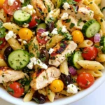 To make a tasty Mediterranean chicken pasta salad, you need these key ingredients: - 2 cups penne pasta - 1 lb boneless, skinless chicken breast, grilled and cubed - 1 cup cherry tomatoes, halved - 1 cup cucumber, diced - ½ cup Kalamata olives, pitted and sliced - ½ cup feta cheese, crumbled - ¼ cup red onion, finely chopped - ¼ cup fresh parsley, chopped - ¼ cup olive oil - 2 tablespoons lemon juice - 1 teaspoon dried oregano - Salt and pepper to taste These ingredients blend together to create a fresh and vibrant dish. The penne pasta gives it a nice bite, while the chicken adds protein. The vegetables bring color and crunch, making every bite exciting. You can enhance your salad with these optional add-ins: - Grilled bell peppers for sweetness - Artichoke hearts for a tangy twist - Avocado for creaminess - Roasted garlic for depth of flavor These additions can elevate your salad and make it even more delicious. Feel free to mix and match to suit your taste. When selecting ingredients, aim for the best quality: - Choose fresh, firm tomatoes and cucumbers. Look for vibrant colors. - Opt for organic chicken for better flavor and nutrition. - Use good-quality olive oil. It adds richness to your salad. - Select Kalamata olives that are plump and flavorful. High-quality ingredients make a big difference in taste. Take your time to choose the best, and your Mediterranean chicken pasta salad will shine. {{ingredient_image_1}} Start by bringing a large pot of salted water to a boil. This step is key for flavor. Add 2 cups of penne pasta to the boiling water. Cook it according to package instructions until it is al dente. Once done, drain the pasta and rinse it under cold water. This cools it down and stops the cooking process. Set the pasta aside in a large bowl. Next, take 1 pound of boneless, skinless chicken breast. Season it with salt and pepper. Drizzle a bit of olive oil over the chicken to add flavor. Grill the chicken over medium heat for about 6 to 7 minutes on each side. You want it fully cooked and juicy. After grilling, let the chicken rest for a few minutes. Then, cube it into bite-sized pieces. In a large mixing bowl, add 1 cup of halved cherry tomatoes, 1 cup of diced cucumber, and ½ cup of pitted, sliced Kalamata olives. Add ¼ cup of finely chopped red onion and ¼ cup of fresh parsley. Mix these fresh veggies together. In a separate bowl, whisk together ¼ cup of olive oil, 2 tablespoons of lemon juice, 1 teaspoon of dried oregano, and some salt and pepper. This dressing will tie all the flavors together. Now, combine the cooled pasta and cubed chicken into the bowl with the mixed vegetables. Pour the dressing over everything. Toss gently to combine all the flavors. Be careful not to break the pasta or chicken pieces apart too much. Finally, fold in ½ cup of crumbled feta cheese. Cover the salad with plastic wrap or a lid. Place it in the refrigerator for at least 30 minutes. This chilling time helps the flavors meld together, making each bite delicious. Serve this fresh and vibrant Mediterranean Chicken Pasta Salad in a large bowl or in individual portions. Enjoy! To grill chicken well, start with good cuts. I recommend boneless, skinless chicken breast. First, season the chicken with salt, pepper, and olive oil. This adds great flavor. Preheat your grill to medium heat. Grill the chicken for 6-7 minutes on each side. You want it cooked through but still juicy. Let the chicken rest for a few minutes before cubing it. This helps keep the juices inside. For the best pasta, use penne. Bring a big pot of water to a boil. Add salt to the water; this enhances the pasta's taste. Cook the penne according to the package instructions until it is al dente. This means it should be firm but not hard. After cooking, drain the pasta and rinse it under cold water. This stops the cooking process and cools it quickly. To boost flavor, think about adding fresh herbs. Parsley and oregano work well in this salad. Fresh lemon juice adds a bright note, making it taste fresh. You can also try a splash of balsamic vinegar for depth. Don’t forget the feta cheese; it adds creaminess and tang. If you like it spicy, add a pinch of red pepper flakes. Mix everything gently so you keep the textures nice. Pro Tips Perfectly Cooked Pasta: Make sure to cook the pasta just until al dente. This ensures it holds its shape and texture when mixed with the other ingredients. Flavorful Chicken: Marinating the chicken in olive oil, lemon juice, and herbs for at least 30 minutes before grilling can enhance its flavor remarkably. Fresh Ingredients: Use fresh vegetables and herbs for the best flavor and nutrition. Ingredients like ripe tomatoes and crisp cucumbers make a significant difference. Chill for Flavor: Allowing the salad to chill in the refrigerator for at least 30 minutes helps the flavors meld together beautifully, making each bite more delicious. {{image_2}} To make a vegetarian version, swap chicken for chickpeas or tofu. Both add protein and texture. You can also use extra veggies like bell peppers or zucchini. These additions keep the salad fresh and bright. Don't forget to add more herbs like basil or mint for a pop of flavor. For an Italian twist, add artichokes and sundried tomatoes. These ingredients offer rich, bold flavors. You can use jarred artichokes for convenience, and chop them into bite-sized pieces. Sundried tomatoes can add sweetness and depth. Just slice them thin and mix them in with the other veggies for a vibrant look. If you need gluten-free options, use gluten-free penne or other pasta. Many brands offer great alternatives made from rice or chickpeas. Cook them just like regular pasta, but check the package for timing. This way, everyone can enjoy the tasty Mediterranean flavors without worry. To keep your Mediterranean chicken pasta salad fresh, place it in an airtight container. This helps to lock in flavor and moisture. Make sure to press out any extra air before sealing. If you don’t have an airtight container, use plastic wrap over a bowl. You can also divide it into smaller portions for easy access. For best taste, enjoy this salad cold. If you prefer it warm, heat only the chicken in a skillet. Avoid microwaving the salad, as it can make the pasta mushy. If you serve it cold, give it a quick toss with a splash of olive oil and lemon juice. This revives the flavors and keeps it bright. Stored properly, your salad can last up to three days in the fridge. However, for the best taste and texture, aim to eat it within two days. After that, the vegetables may lose their crunch and the pasta can become soggy. Always check for any off smells or changes in texture before eating. Yes, you can use other pasta shapes. Bowtie, fusilli, or rotini work well. Choose any pasta you enjoy. Just remember to adjust the cooking time if needed. If you don’t have feta, you can use goat cheese or ricotta. For a dairy-free choice, try nutritional yeast or a vegan cheese. Each will add a unique taste. You can prepare the salad a day in advance. Mix all ingredients, except the dressing and feta. Store in the fridge. Add the dressing and feta just before serving for freshness. Yes, this salad is great for meal prep. It holds up well in the fridge. Just pack it in containers, and it makes a healthy lunch or dinner option. To make it gluten-free, swap penne for gluten-free pasta. For a low-carb option, use zucchini noodles. Adjust ingredients based on allergies or personal preferences for a tailored dish. This blog post covered everything you need for a great Mediterranean Chicken Pasta Salad. We explored essential and optional ingredients, and I shared tips for choosing the best ones. I provided step-by-step cooking instructions and helpful tricks for grilling chicken and cooking pasta perfectly. You learned fun variations and important storage tips to keep your salad fresh. Remember, make it your own by adjusting flavors and ingredients. Enjoy crafting this delicious salad that fits your taste!
