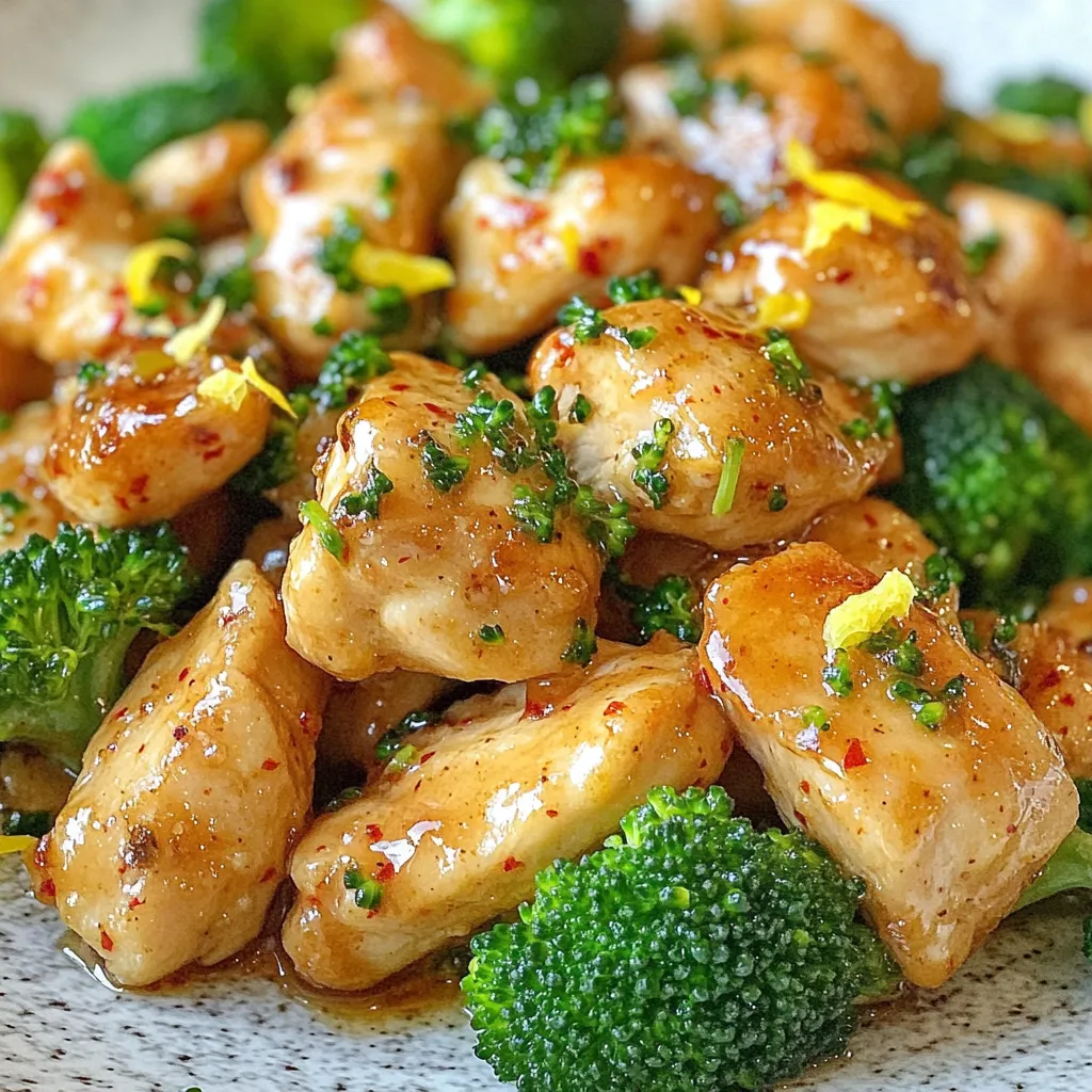 - 2 boneless, skinless chicken breasts - 2 cups broccoli florets - 4 tablespoons unsalted butter - 4 cloves garlic, minced The main ingredients create the heart of this dish. Chicken gives you protein, while broccoli offers crunch and color. Garlic adds a rich flavor, and butter brings it all together. - 1 teaspoon Italian seasoning - 1 teaspoon paprika - Salt and pepper to taste - 1 lemon, zested and juiced Seasonings enhance the taste. Italian seasoning adds herbs, while paprika provides a hint of warmth. Salt and pepper balance the flavors. Lemon brightens the dish, making it fresh and lively. - Fresh parsley, chopped for garnish Garnish is not just for looks. Fresh parsley adds a pop of green. It also gives a fresh taste. This small touch can elevate your dish. {{ingredient_image_1}} - Cutting chicken and seasoning: First, cut the chicken breasts into small, bite-sized pieces. This helps them cook evenly. Next, season the chicken with salt, pepper, paprika, and Italian seasoning. This mix brings out great flavor. - Preparing broccoli: Rinse the broccoli florets under cold water. Make sure they are clean and fresh. Cut any larger pieces to match the size of the chicken. This helps them cook at the same rate. - Sautéing chicken: Heat 2 tablespoons of butter in a large skillet over medium heat. Once the butter melts, add the seasoned chicken pieces. Cook for about 6 to 8 minutes. Make sure the chicken turns golden brown and is cooked through. Remove the chicken and set it aside. - Cooking garlic and broccoli: In the same skillet, add the remaining 2 tablespoons of butter. When it melts, add the minced garlic and sauté it for 1 minute. You want it to smell great, but don’t burn it! Next, toss in the broccoli florets and cook for about 4 to 5 minutes. They should be bright green and tender. - Combining ingredients: Return the cooked chicken to the skillet with the broccoli. Squeeze in lemon juice and add the zest. Mix everything well. This step helps combine the flavors and makes the dish pop. - Adjusting seasoning: Taste the dish and see if it needs any more salt, pepper, or seasoning. Adjust it to your liking. - Garnishing and serving: Once everything is cooked and seasoned, remove the skillet from heat. Sprinkle fresh chopped parsley on top for a nice touch. Serve this dish warm and enjoy a flavorful meal! - Start with fresh, boneless chicken breasts for the best flavor. - Cut the chicken into bite-sized pieces for even cooking. - Season the chicken with salt, pepper, paprika, and Italian seasoning. This blend adds great flavor. - Let the chicken sit for a few minutes after seasoning. This helps the spices stick. - Use fresh broccoli florets for a vibrant look and taste. - Cook the broccoli just until it is tender but still bright green. - Sauté the broccoli for about 4-5 minutes. This timing keeps it crunchy. - Add a splash of water to steam the broccoli if needed. This will help it cook evenly. - Consider adding fresh herbs like thyme or basil for extra aroma. - A pinch of red pepper flakes can add a nice kick. - You can toss in cherry tomatoes for added color and sweetness. - Try adding chopped nuts for crunch and texture. Almonds or pine nuts work well. Pro Tips Perfectly Cooked Chicken: Ensure that the chicken is cut into uniform pieces to promote even cooking. Use a meat thermometer to check for doneness; the internal temperature should reach 165°F (75°C). Garlic Handling: To avoid burning the garlic, keep the heat at medium and watch it closely. Garlic burns quickly, which can turn your dish bitter. Broccoli Brightness: For vibrant green broccoli, consider blanching it briefly before adding it to the skillet. This helps preserve its color and nutrients. Flavor Boost: Enhance the dish by adding red pepper flakes for a spicy kick or a splash of soy sauce for an umami boost when sautéing the broccoli. {{image_2}} You can change the chicken for shrimp or tofu. Shrimp cooks quickly and adds a sweet taste. Just sauté it until pink. Tofu can give a nice texture. Use firm tofu for better results. Simply cube it and cook until golden. If you want a leaner option, turkey works well. Ground turkey or turkey breast can fit nicely into this dish. Feel free to swap in different veggies for fun. Bell peppers, snap peas, or carrots can add color and crunch. You can even use cauliflower for a low-carb choice. Think about seasonal veggies too. Asparagus in spring or squash in fall can make this dish fresh and exciting. If you need gluten-free options, just check your seasonings. Most spices are safe, but read labels. You can also use gluten-free soy sauce for more flavor. For low-carb options, skip the butter and use olive oil. You can replace the broccoli with zucchini or other low-carb veggies to keep it light and tasty. To store leftovers, place the chicken and broccoli in an airtight container. Use glass or plastic containers that seal well. Make sure to cool the dish to room temperature before sealing. This helps keep the flavors fresh and tasty. To freeze, let the dish cool completely. Transfer it to a freezer-safe bag or container. Be sure to remove as much air as possible. This keeps ice crystals from forming. When you are ready to eat, thaw it in the fridge overnight. Reheat in a skillet over low heat. Stir gently to heat evenly. For freshness, store leftovers in the fridge for up to three days. If frozen, use within three months for best quality. Signs of spoilage include off smells, changes in color, or a slimy texture. If you see any of these, it’s best to toss it out. You can serve this dish with many sides. Here are some great options: - Rice, white or brown - Quinoa for a nutty flavor - Mashed potatoes for comfort - Pasta to soak up the sauce - Crusty bread to mop up the garlic butter Pairing a salad can also be nice. A light green salad adds freshness. A simple vinaigrette works well. Yes, you can prep this dish in advance. Start by cutting the chicken and broccoli. You can season the chicken ahead too. Store the chicken and broccoli in the fridge. Use an airtight container to keep them fresh. Reheat them in a skillet before serving. Add a little butter or oil to keep it moist. This recipe works well for meal prep. Cook a larger batch and divide it into portions. Use clear containers so you can see what's inside. This makes it easy to grab a meal during the week. Just heat and enjoy. Yes, you can make this dish dairy-free. Try using olive oil instead of butter. It gives a nice flavor. For creaminess without dairy, consider using coconut cream. It adds richness and works well with garlic. This blog post covered key ingredients, cooking steps, and helpful tips for making Garlic Butter Chicken Broccoli. You learned about the main ingredients, seasonings, and even variations for different diets. Remember, you can adapt the recipe to fit your taste. Store your leftovers well, and enjoy meals for days. With a bit of creativity, you can make this dish your own. Happy cooking!