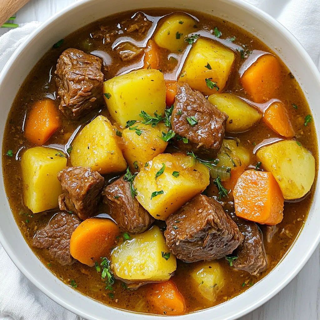 - 2 lbs beef chuck, cut into 1-inch cubes - 4 medium carrots, sliced - 3 potatoes, diced - 1 large onion, chopped - 3 cloves garlic, minced - 4 cups beef broth - 2 tablespoons tomato paste - 2 teaspoons dried thyme - 1 teaspoon rosemary - 1 teaspoon paprika - Salt and pepper to taste - 2 tablespoons olive oil The main ingredients create a rich and hearty beef stew. Beef chuck gives the stew its depth and flavor. The carrots and potatoes add sweetness and texture. Onion and garlic bring a strong aroma to the dish. Seasonings like thyme and rosemary add warmth and earthiness. The beef broth and tomato paste form a savory base. - 2 tablespoons cornstarch (optional, for thickening) - Fresh parsley, chopped (for garnish) - 1 cup frozen peas Optional ingredients can enhance your stew. Cornstarch helps thicken the gravy, giving it a nice body. Fresh parsley adds a pop of color and brightness. Peas introduce a sweet crunch, making the stew more interesting. You can mix and match these to suit your taste. {{ingredient_image_1}} To start, set your Instant Pot to the 'Sauté' function. Add two tablespoons of olive oil. Once the oil is hot, add the beef chuck cubes in batches. This helps them brown nicely. Make sure to brown each side for the best flavor. After browning, take the beef out and set it aside on a plate. This step builds a rich base for your stew. Now, it’s time to cook the veggies. Add the chopped onion to the pot. Cook until it becomes soft and clear, about three to four minutes. Next, add the minced garlic. Stir for about a minute until it smells great. Adding the onions and garlic at this stage brings out their flavors. It creates a nice, tasty base for your stew. Next, return the browned beef to the pot. Add the sliced carrots and diced potatoes. Sprinkle in the dried thyme, rosemary, paprika, and a pinch of salt and pepper. Stir everything well to coat with the seasonings. Then, mix in two tablespoons of tomato paste. This helps to deepen the flavor of the stew. Pour in four cups of beef broth. It’s important to scrape the bottom of the pot with a wooden spoon. This removes any bits stuck there. These bits add flavor, but you want to avoid the burn notice. Close the lid of the Instant Pot and set it to 'Manual' or 'Pressure Cook' on high for 35 minutes. Make sure the pressure valve is set to sealing. Once cooking is done, let the pressure release naturally for ten minutes. After that, do a quick release for any remaining pressure. This method keeps the stew tender. Now, stir in one cup of frozen peas for a pop of color and texture. If you want a thicker stew, mix two tablespoons of cornstarch with a little cold water. Stir this into the stew and let it simmer on 'Sauté' for a few minutes. Before serving, taste the stew. Adjust the seasoning if needed. Ladle the stew into bowls and sprinkle fresh chopped parsley on top for a nice look. This adds a fresh touch that makes your cozy stew even better. To boost the flavor of your stew, try adding more herbs. Fresh herbs like thyme and rosemary bring brightness. You can also use bay leaves for depth. If you want a little heat, add red pepper flakes. For browning beef, make sure the pot is hot. Sear the beef in batches to avoid steaming. This helps develop a rich, deep flavor. Don't rush this step; it’s key for a tasty stew. If you want to use different cuts of meat, adjust the cooking time. For tender cuts, like sirloin, 25 minutes is enough. Tougher cuts, like brisket, may need 45 minutes for best results. You can also adjust for tenderness. If you like your beef fall-apart tender, add 10 more minutes. For firmer chunks, stick to the original time. To avoid the burn notice, always scrape the bottom of the pot. This removes stuck bits that can burn. Add enough liquid, like broth, to keep it safe. Keep the pressure valve set to sealing for cooking. This ensures the pot builds pressure correctly. Also, don’t fill the pot too full; leave some space for steam to build. Pro Tips Brown the Beef Well: Searing the beef cubes until nicely browned adds depth of flavor to your stew, creating a rich and savory base. Use Fresh Herbs: If available, fresh thyme and rosemary can elevate the flavor profile of your stew significantly compared to dried herbs. Customize Your Veggies: Feel free to add other vegetables like mushrooms or bell peppers for more texture and flavor variety in your stew. Adjust Thickness: If you prefer a thicker stew, remember that adding the cornstarch slurry towards the end allows for better control over the texture. {{image_2}} You can switch out the beef in this stew. Chicken works well if you want a lighter dish. Just cut it into bite-sized pieces. Cook it the same way as the beef. Pork is another great choice. Use pork shoulder for a rich flavor. For a vegetarian option, try mushrooms or lentils. They add a hearty texture without meat. Beans like kidney or black beans can also boost protein. Seasonal veggies can change the stew's taste. Use butternut squash or sweet potatoes in the fall. In spring, add green beans or asparagus. You can also use frozen mixed vegetables when fresh ones are not available. Adding legumes like chickpeas or lentils adds protein and fiber. They make the stew filling and nutritious. Want to spice things up? Add red pepper flakes or cayenne for heat. You can also mix in some smoked paprika for a deeper flavor. If you want an Italian twist, add basil and oregano. For a Mexican flair, try cumin and chili powder. These variations keep the stew exciting and cater to your taste. To store leftover beef stew, let it cool first. Then, transfer it to an airtight container. This keeps your stew fresh and safe to eat. Use glass or plastic containers with tight seals. These are the best for preventing spills and odors. Store in the fridge for up to three days. To freeze beef stew, use freezer-safe containers or heavy-duty freezer bags. Make sure the stew is cool before packing it away. Leave some space at the top of the container. This allows room for expansion as the stew freezes. Beef stew can last for up to three months in the freezer. When ready to eat, thaw it in the fridge overnight. You can also use the microwave for faster thawing. For reheating, the stovetop is best. It warms the stew evenly and keeps the texture nice. Heat on low and stir often to avoid sticking. If you use a microwave, place the stew in a microwave-safe bowl. Cover it with a damp paper towel. Heat it in short bursts, stirring in between to ensure even warming. Enjoy your cozy stew just like new! Yes, you can use frozen beef, but it changes the cooking process. When you cook frozen beef, it needs longer time to reach safe temperatures. To avoid this, I suggest thawing the beef first. You can thaw beef overnight in the fridge or use the microwave on defrost. Thawed beef cooks evenly and makes your stew more flavorful. To thicken your beef stew, you have a few options. One way is to mix cornstarch with cold water, creating a slurry. Stir this into the stew while it simmers. Another method is to mash some of the potatoes in the stew. They will add creaminess and help it thicken naturally. You can also let the stew simmer longer without the lid to reduce the liquid. Instant Pot Beef Stew pairs well with many sides. Here are some great options: - Crusty bread or dinner rolls for dipping - Rice or quinoa for extra texture - A fresh green salad to balance the meal - Mashed potatoes for a comforting touch Yes, you can make this stew in advance. Cook it and let it cool before storing. Place it in an airtight container and store it in the fridge for up to three days. You can also freeze the stew for longer storage. Just make sure to leave some space in the container for expansion. Instant Pot Beef Stew lasts in the fridge for about three to four days. Make sure it cools down before you store it. Always use airtight containers to keep it fresh. If you’re unsure, check for any off smells or changes in texture before eating leftovers. In this post, I covered how to make Instant Pot Beef Stew. You learned about key ingredients like beef, vegetables, and seasonings. I shared steps to prepare the beef, cook vegetables, and pressure cook the stew. We explored tips to enhance flavor and variations, like using different proteins and vegetables. Finally, I provided storage tips to keep your stew fresh. Whether you enjoy this dish now or later, hungry bellies will love it!