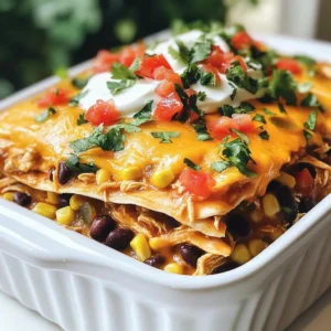 - 2 cups cooked chicken, shredded - 1 can (15 oz) black beans, drained and rinsed - 1 cup corn kernels (fresh, frozen, or canned) - 1 can (10 oz) diced tomatoes with green chilies - 1 cup cooked rice (white or brown) - 1 teaspoon taco seasoning - 1 cup shredded cheddar cheese - 1 cup salsa - 6 whole wheat tortillas - 1/2 cup sour cream - 1/4 cup chopped cilantro (optional for garnish) This casserole bursts with flavor and is easy to make. The shredded chicken gives it a hearty base. Black beans add protein and fiber, while corn brings a sweet crunch. Diced tomatoes with chilies give it a nice kick. You can use any rice you prefer, white or brown. Taco seasoning ties all the flavors together perfectly. Cheddar cheese makes this dish creamy and rich. Salsa adds more depth and moisture. Whole wheat tortillas hold everything together. Sour cream on top cools the dish down and adds creaminess. Chopped cilantro brightens up the flavors, making it fresh and vibrant. - Additional vegetables (bell peppers, onions) - Different cheese varieties (Monterey Jack, Pepper Jack) - Spices for extra flavor You can make this dish your own by adding more veggies. Bell peppers and onions add color and taste. Different cheeses like Monterey Jack or Pepper Jack can change the flavor. Adding spices like cumin or paprika can also enhance the dish. - Mixing bowl - Casserole dish - Measuring cups and spoons - Oven Having the right equipment makes cooking easier. A mixing bowl is needed to combine all the yummy ingredients. A casserole dish holds everything together while it bakes. Measuring cups and spoons help you get the right amounts. Finally, your oven is essential for cooking this delicious meal. {{ingredient_image_1}} 1. Preheat your oven to 350°F (175°C). This step warms the oven for baking. 2. In a large mixing bowl, combine: - 2 cups cooked chicken, shredded - 1 can (15 oz) black beans, drained and rinsed - 1 cup corn kernels (fresh, frozen, or canned) - 1 can (10 oz) diced tomatoes with green chilies - 1 cup cooked rice (white or brown) - 1 teaspoon taco seasoning - 1 cup shredded cheddar cheese (reserve half for later) Mix until everything is well combined. 3. Season the mixture with salt and pepper to taste. This adds flavor to your dish. 1. In a 9x13 inch casserole dish, spread a thin layer of salsa on the bottom. This layer prevents sticking. 2. Lay three whole wheat tortillas over the salsa. Let them overlap a bit. 3. Spoon half of the chicken and bean mixture evenly over the tortillas. 4. Add another layer by placing three more tortillas on top of the filling. 5. Spread the remaining chicken and bean mixture over the second layer of tortillas. 6. Top with more salsa and sprinkle the remaining shredded cheddar cheese over everything. 1. Cover the casserole with aluminum foil. This keeps moisture inside while baking. 2. Bake in the preheated oven for 25 minutes. This helps cook the layers. 3. Remove the foil and bake for an additional 10-15 minutes. You want the cheese to become bubbly and golden. 4. Allow the casserole to cool for a few minutes before serving. This makes it easier to cut and serve. 5. Drizzle sour cream over each portion. You can also garnish with chopped cilantro if you like. - How to shred chicken efficiently: Use two forks to pull apart the cooked chicken. This method works well to create fine shreds quickly. You can also use a stand mixer with a paddle attachment for an even faster option. - Importance of seasoning to taste: Always taste your mixture before baking. You may want to add more salt, pepper, or taco seasoning. Each ingredient brings its own flavor, so adjust to your liking. - Alternate methods for layering: You can layer the tortillas in a circular pattern if you prefer a different look. This method adds a fun twist and makes cutting easier. - Best sides to complement the casserole: Serve with a simple green salad, guacamole, or tortilla chips. These sides add freshness and crunch to your meal. - Presentation tips for garnishing: Drizzle sour cream over each serving for a creamy touch. Sprinkle chopped cilantro on top for color and added flavor. - Precooking rice instructions: Rinse the rice before cooking to remove excess starch. This helps the rice stay fluffy. Cook according to the package instructions, usually about 15-20 minutes. - Options for using leftover chicken: If you have leftover chicken, simply shred it and use it in this recipe. This saves time and reduces waste, making your meal even more convenient. Pro Tips Use Rotisserie Chicken: Save time by using store-bought rotisserie chicken; it's already cooked and seasoned, making prep a breeze. Layer Wisely: For even cooking and flavor distribution, ensure that you layer the tortillas and filling evenly throughout the casserole. Customize Your Ingredients: Feel free to add other vegetables like bell peppers or zucchini for extra nutrition and flavor. Make Ahead: Prepare the casserole a day in advance and store it in the refrigerator. Just bake it when you're ready to serve! {{image_2}} You can easily switch up some ingredients in this casserole. - Using ground turkey or beef instead of chicken: This swap gives you a different flavor. Ground turkey is leaner, while ground beef adds richness. - Substituting quinoa for rice: Quinoa is a great option. It adds protein and fiber, making your meal even more filling. - Gluten-free tortilla options: If you need gluten-free, use corn tortillas. They hold up well and taste great. Adding new spices or ingredients can change the taste of your casserole. - Adding spices like cumin or paprika: A teaspoon of cumin adds warmth. Paprika gives a smoky taste, making each bite exciting. - Incorporating different salsa varieties: Try mango salsa for sweetness or a spicy salsa for heat. Each type brings its own flair. You can modify this recipe to fit different diets. - Make it vegetarian by omitting chicken: Replace chicken with extra beans or veggies. This change keeps the dish hearty and satisfying. - Low-carb options available: Use cauliflower rice instead of regular rice. This will cut carbs but still keep it filling and tasty. To store your leftover chicken burrito casserole, let it cool first. Then, place it in an airtight container. This helps keep the flavors fresh. In the fridge, your casserole will last for about 3 to 4 days. If you want to enjoy it later, make sure to check for any signs of spoilage before eating. Freezing the casserole is a great way to save it for later. First, cut the casserole into portions. Wrap each piece tightly in plastic wrap, then place them in a freezer-safe bag. This helps prevent freezer burn. When you’re ready to eat, remove the wrapping and reheat it in the oven at 350°F (175°C) for about 30 minutes. You can also heat it in the microwave if you're in a hurry. Meal prep makes busy days easier. You can prepare the chicken burrito casserole in advance. Just follow the recipe, but don’t bake it right away. Instead, cover it and store it in the fridge for up to 24 hours. Portioning it out into containers allows for quick meals. You can grab a serving whenever you're hungry. This way, you enjoy delicious homemade food all week long. You can use several proteins in place of chicken. Ground turkey or beef works well. For a meatless option, try black beans or lentils. These alternatives will keep the meal hearty and flavorful. You can also use shredded pork or tofu for a different twist. Each option adds its own taste to the casserole. Yes, you can prepare this casserole a day before. Follow the recipe but stop before baking. Cover the dish with foil and put it in the fridge. When you are ready to bake, just add a few extra minutes to the cooking time. This way, the flavors will blend and make it even better. To store leftovers, let the casserole cool down first. Then, place it in an airtight container. It will last in the fridge for about 3 to 4 days. If you want to keep it longer, consider freezing it. Use a freezer-safe container and label it with the date. Frozen casserole can last for up to 3 months. When ready to eat, thaw it overnight in the fridge and reheat in the oven. This casserole is easy to make with simple ingredients like chicken, beans, and cheese. I shared tips for prep, cooking time, and serving to help you succeed. You can change up ingredients or add different flavors to fit your taste. Use my storage tips to keep leftovers fresh. Enjoy creating a tasty meal that’s family-friendly and customizable. Get cooking and have fun experimenting with your own variations!
