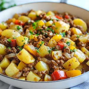 - 1 lb ground beef - 3 medium potatoes, diced - 1 medium onion, chopped - 2 cloves garlic, minced - 1 cup bell pepper, diced (any color) - 1 cup beef broth - 1 teaspoon paprika - 1 teaspoon Italian seasoning - ½ teaspoon salt - ½ teaspoon black pepper When I whip up a Ground Beef Potato Skillet, I like to gather fresh, simple ingredients. Ground beef is my star here. It brings rich flavor and protein. Potatoes add heartiness and comfort, while onions give sweetness and depth. I also toss in garlic and bell pepper. They add layers of taste and a pop of color. Beef broth is key for moisture. It helps the potatoes cook and makes everything juicy. For spices, I use paprika and Italian seasoning. They bring warmth and zest. A sprinkle of salt and pepper rounds out the dish. Together, these ingredients create a meal that warms the soul. {{ingredient_image_1}} 1. First, heat the olive oil in a large skillet over medium heat. 2. Add the chopped onion and garlic. Sauté until the onion turns clear, about 3-5 minutes. 3. Next, add the ground beef. Break it up with a spatula. Cook until it is brown, about 5-7 minutes. 4. If you see any extra grease, drain it off. This keeps the dish light. 1. Now, stir in the diced potatoes and bell pepper. 2. Cook for an extra 5 minutes. Stir often until the veggies start to soften. 3. Season the mix with paprika, Italian seasoning, salt, and black pepper. 4. Make sure to stir well. This helps all the flavors blend together. 1. Pour in the beef broth. Make sure the potatoes are mostly covered. 2. Bring everything to a simmer. Cover the skillet and cook for about 15-20 minutes. 3. Check the potatoes. They should be tender. Stir now and then to keep them from sticking. 4. Once the potatoes are soft, remove the lid. Let any extra liquid cook off for about 2-3 minutes. 5. Taste the dish. Adjust the seasoning if needed. 6. Serve it hot! Add fresh parsley on top for a nice touch. To achieve perfect browning of the beef, start with a hot skillet. Heat the olive oil until it shimmers. This step is key. Add the ground beef and let it sit without stirring for a minute. This helps form a nice crust. After that, break it apart with a spatula, and stir it occasionally. Cook it for about 5 to 7 minutes, until it turns a rich brown. When dicing potatoes, keep them uniform for even cooking. First, peel the potatoes. Then, cut them in half lengthwise. Next, slice each half into even pieces. Aim for about half-inch cubes. This size helps them cook through in the same time as the beef. To add depth to your dish, consider extra spices. A pinch of cumin or chili powder can spice things up. You may also enjoy a dash of cayenne for heat or herbs like thyme for a fresh touch. These additions can make your skillet meal pop. Simmering time is important. Allow the potatoes to cook in the beef broth for 15 to 20 minutes. This step helps meld the flavors and ensures the potatoes get tender. Stir occasionally to keep everything cooking evenly and to prevent sticking. For garnishing options, fresh parsley adds a nice touch. Chop it finely and sprinkle it over the dish just before serving. This adds color and freshness. You can also try crumbled cheese like feta for an extra layer of flavor. When serving, dish out the skillet meal into bowls. This makes it feel special. Pair it with a simple green salad or crusty bread to round out the meal. Enjoy the comfort of this hearty dish with your loved ones! Pro Tips Use Starchy Potatoes: For the best texture, opt for starchy potatoes like Russets or Yukon Golds. They become fluffy and absorb the flavors beautifully. Flavor Boost: Enhance the dish by adding a splash of Worcestershire sauce or soy sauce along with the beef broth for a deeper umami flavor. Vegetable Variations: Feel free to mix in other vegetables such as carrots, peas, or corn for added color and nutrition. Leftover Magic: This dish makes fantastic leftovers! Store in an airtight container in the fridge and reheat well for a quick meal. {{image_2}} You can switch ground beef for ground turkey or chicken. Both options offer a lighter taste. This swap works well if you're watching your fat intake. Also, try sweet potatoes instead of regular potatoes. Sweet potatoes add a nice sweetness and extra nutrients. They pair beautifully with the spices in the dish. If you want a meat-free meal, lentils or plant-based meat can replace ground beef. Lentils cook quickly and absorb flavors well. They provide protein and fiber, making your meal filling. Plant-based meats mimic the texture of beef, giving a satisfying bite. To give your skillet a Mexican flair, add taco seasoning. It brings warmth and spice to the dish. Top it with cheese, salsa, or avocado for extra flavor. For a Mediterranean twist, sprinkle feta cheese on top. This adds a creamy and salty touch that contrasts well with the potatoes. You can also toss in some olives or sun-dried tomatoes for added depth. To store leftovers, let the dish cool first. Use an airtight container to keep it fresh. Glass or plastic containers work well for this. Make sure to label the container with the date. This way, you know when to eat it. For freezing, use freezer-safe bags or containers. Remove as much air as possible to avoid freezer burn. This meal freezes well for up to three months. When you're ready to eat, thaw it in the fridge overnight. Reheat in a skillet over low heat, stirring often until hot. In the fridge, this meal lasts about three to four days. If you freeze it, expect the taste to stay good for about three months. Always check for any signs of spoilage before eating. Cooking ground beef in a skillet takes about 5 to 7 minutes. Start by heating olive oil in your skillet. Then, add the chopped onion and garlic. Sauté them for about 3 to 5 minutes until they are soft. Next, add the ground beef. Break it apart with a spatula as it cooks. Make sure it turns brown and is fully cooked. This step is key for great flavor. Yes, you can make the ground beef potato skillet ahead of time. Cook the dish as normal, then let it cool. Store it in an airtight container in the fridge for up to three days. When you're ready to eat, simply reheat it on the stove. Add a splash of beef broth if it looks dry. This makes it easy and quick for busy days. You can serve many things with a ground beef potato skillet. Here are some ideas: - Fresh salad for a light side. - Green beans or steamed broccoli for a healthy touch. - Crusty bread for soaking up the juices. - Sour cream or Greek yogurt for a creamy contrast. These sides will complement the dish and make your meal more filling. You learned how to make a delicious ground beef potato skillet. We covered key ingredients like beef, potatoes, and spices. Proper cooking techniques ensure great flavor and texture. Variations allow you to customize the dish to your taste. Remember to store leftovers correctly to enjoy later. This recipe is easy, fun, and perfect for any meal. Get ready to impress your friends and family with this tasty skillet dish!