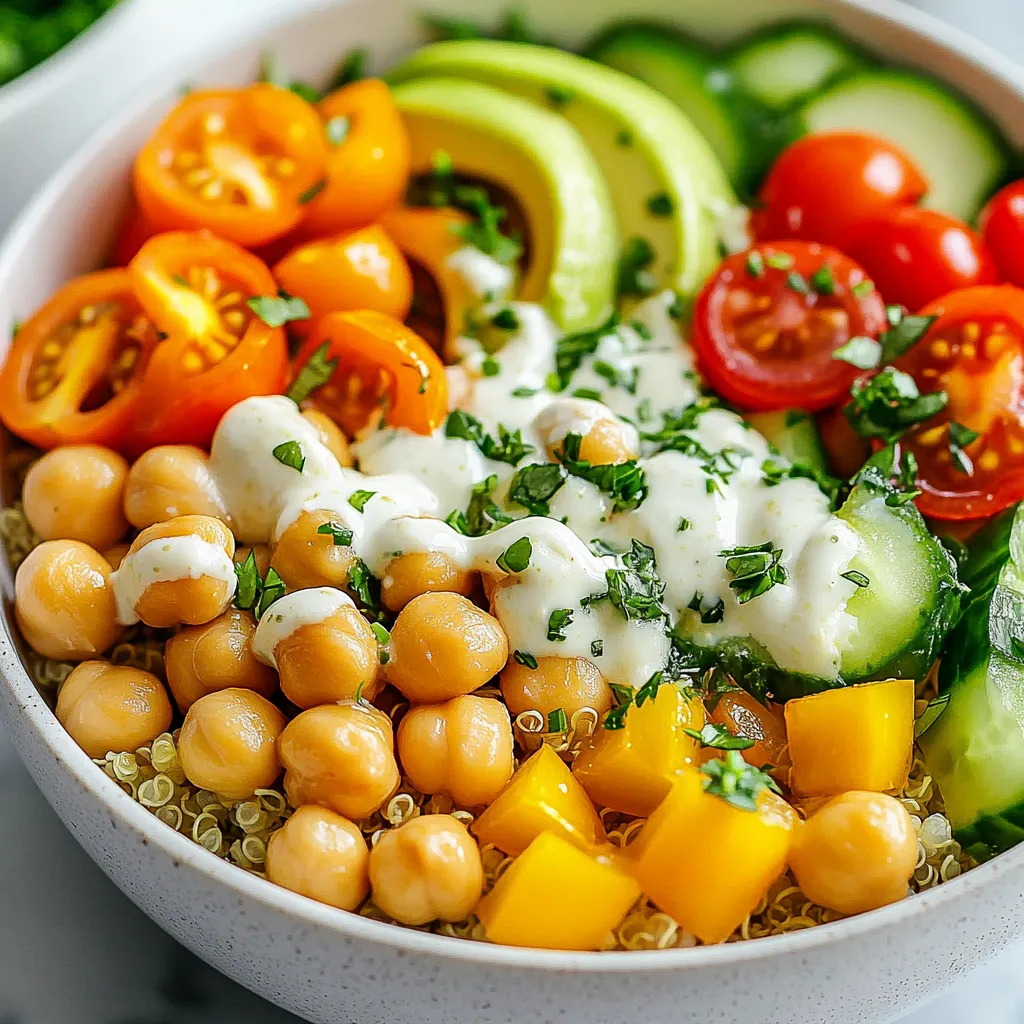 - 1 cup cooked quinoa - 1 can (15 oz) chickpeas, drained and rinsed - 1 cup edamame, shelled - 1 bell pepper, diced (any color) - 1 cup cherry tomatoes, halved - 1 avocado, diced - ½ cup cucumber, chopped - ½ cup Greek yogurt (for dressing) - 2 tablespoons tahini - 1 tablespoon lemon juice - 1 teaspoon garlic powder - Salt and pepper to taste - Fresh parsley or cilantro for garnish Each serving of this bowl packs about 20 grams of protein. The protein comes from quinoa, chickpeas, and edamame. A balanced bowl has around 400 calories. Each ingredient adds unique health benefits. Quinoa is a complete protein. Chickpeas provide fiber, and edamame offers essential amino acids. Fresh veggies bring vitamins and minerals, making this bowl a healthy choice. You can add fresh herbs like parsley or cilantro for taste. Toppings like seeds or nuts add crunch. Consider pumpkin seeds or walnuts for added texture and nutrition. They boost healthy fat content and make the dish more filling. {{ingredient_image_1}} First, take your cooked quinoa. Place it in a large bowl. This quinoa is the heart of your meal. It adds fiber and protein. Using cooked quinoa is key. It makes the bowl filling and satisfying. Next, add chickpeas and edamame. Spread them evenly over the quinoa. These ingredients boost protein and texture. Chickpeas offer crunch, while edamame adds creaminess. Together, they make the bowl hearty. Now, it’s time to add veggies. Diced bell pepper, halved cherry tomatoes, diced avocado, and chopped cucumber should go on top. Use bright colors for a fun look. Arrange them artfully. This adds flavor and makes your bowl pop. In a small bowl, mix Greek yogurt, tahini, lemon juice, garlic powder, salt, and pepper. Stir until smooth. Taste the dressing and adjust the seasoning. You want it to be bright and zesty. This dressing ties the whole bowl together. Drizzle the dressing over your bowl. Use a spoon to make it pretty. Let it flow over the veggies. This adds flavor in every bite. Serve the bowls right away for the best taste. Finally, finish with fresh herbs. Sprinkle parsley or cilantro on top. This gives your bowl a fresh touch. You can also pack it for meal prep. These bowls are perfect for lunch all week. Preparing your ingredients in advance makes lunch easy. Cook a large batch of quinoa. Store it in the fridge for up to five days. Rinse and drain chickpeas ahead. This saves time when you are ready to eat. Portion your lunch bowls into containers. This makes grabbing a meal quick. Use clear containers for easy viewing. You will see what you have and avoid waste. Spices and seasonings can change your lunch bowl's taste. Try adding cumin for warmth. You can also mix in smoked paprika for a hint of smokiness. Fresh herbs like cilantro or parsley brighten the dish. Mix and match your veggies too. Swap bell peppers for zucchini. Add roasted sweet potatoes for a twist. The more colorful your bowl, the more fun it is to eat! To keep your lunch bowls fresh, choose the right containers. Use airtight glass containers. They help to lock in flavor and keep out moisture. Store cut veggies separately from dressing. This keeps them crisp and crunchy. For the best taste, eat within three days. Look for signs of spoilage, like an off smell or discoloration. Pro Tips Perfect Quinoa: To achieve fluffy quinoa, rinse it under cold water before cooking to remove any bitterness from the saponins. Chickpea Magic: For crispier chickpeas, roast them in the oven for 20-30 minutes at 400°F (200°C) after draining and rinsing. Veggie Variations: Feel free to mix and match your favorite vegetables or use seasonal produce for a fresh twist. Meal Prep Tips: Store the dressing separately from the bowls to keep the ingredients fresh and prevent sogginess. {{image_2}} For a protein boost, you can try other legumes. Lentils, black beans, and kidney beans pack a punch too. Each of these beans adds unique flavors and textures. You can mix and match to keep it interesting. If you want a quinoa substitute, consider farro or brown rice. Both options provide a chewy texture and are packed with nutrients. You can make simple vegan dressings to suit your taste. Try using olive oil and balsamic vinegar for a zesty kick. Another great option is a tahini-based dressing. For flavor enhancements, add fresh herbs, like basil or dill. A dash of mustard or a sprinkle of nutritional yeast can elevate your dressings too. Experimenting with spices like cumin or smoked paprika adds depth. You can adjust your ingredients based on what’s in season. In summer, use fresh corn or zucchini. In fall, swap in roasted sweet potatoes or apples. Local produce not only tastes better, but it also supports your community. Always check your local farmer's market for fresh options. This way, your bowl stays vibrant and exciting throughout the year. To keep your lunch bowls fresh, use airtight containers. Glass or BPA-free plastic works well. I recommend dividing the ingredients. Store proteins and veggies separately to keep them crisp. Add a paper towel to absorb moisture. This helps prevent sogginess in your veggies. To safely reheat the bowls, use the microwave. Heat in short bursts of 30 seconds. Stir between heating to ensure even warmth. If you prefer, you can use a stovetop. Just warm over low heat until hot. Serve with a drizzle of extra dressing for added flavor after reheating. You can store these bowls in the fridge for up to four days. Look for signs of spoilage. If the veggies become slimy or off-smelling, it’s time to toss them. Freshness is key for great taste and nutrition. The best high-protein vegetarian foods include: - Chickpeas - Lentils - Quinoa - Edamame - Tofu - Greek yogurt Chickpeas and lentils are great legumes. They pack protein and fiber. Quinoa is a grain that contains all nine essential amino acids. Edamame offers a fun, crunchy bite. Tofu is excellent for soaking up flavors. Greek yogurt adds creaminess and protein to any dish. You can easily personalize your lunch bowl. Here are some ideas: - Swap chickpeas for black beans or lentils. - Use brown rice instead of quinoa. - Add your favorite veggies, like spinach or roasted beets. - Experiment with different dressings, like a spicy sriracha mix. Mixing flavors and colors makes it exciting. Try new ingredients based on your taste. You can also adjust the protein levels by adding nuts or seeds. Yes, you can make this recipe vegan! Here are some substitutions: - Replace Greek yogurt with dairy-free yogurt. - Use tahini or a nut-based cream instead. - Ensure your dressing is free of any dairy. These swaps will keep the dish creamy and tasty. You can enjoy all the flavors while sticking to a vegan diet. Absolutely! These lunch bowls are great for meal prep. Here are some tips: - Prepare ingredients in advance and store them separately. - Layer the ingredients in containers to keep them fresh. - Use airtight containers to maintain crispness. These bowls can last in the fridge for up to four days. Pack them for work or school, and you'll have a healthy meal ready to go! In this article, we explored how to create delicious vegetarian high-protein lunch bowls. We covered key ingredients, from quinoa and chickpeas to fresh veggies and dressings. Each component offers unique health benefits, boosting nutrient intake. I shared step-by-step instructions and useful tips for meal prep and flavor enhancement. Remember to experiment with variations and keep your bowls fresh. These lunch bowls are not just healthy—they fit any lifestyle. Enjoy crafting your perfect lunch bowl and make it your own.