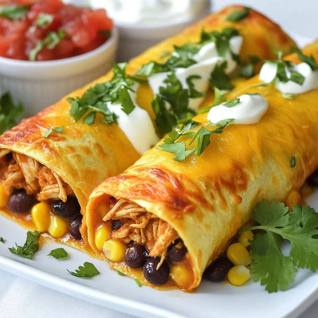 To make baked chicken chimichangas, gather these simple ingredients: - 2 cups cooked chicken, shredded - 1 cup black beans, rinsed and drained - 1 cup corn kernels (fresh or frozen) - 1 cup shredded cheese (cheddar or a Mexican blend) - 1 small onion, diced - 2 cloves garlic, minced - 1 teaspoon cumin - 1 teaspoon chili powder - 1 teaspoon smoked paprika - 1 tablespoon olive oil - Salt and pepper to taste - 6 large flour tortillas - Cooking spray or olive oil for brushing You can add these tasty toppings to your chimichangas: - Sour cream - Guacamole - Salsa - Chopped cilantro To make this dish, you will need these kitchen tools: - Large skillet - Baking sheet - Parchment paper - Spoon for filling - Brush for oil or cooking spray - Knife and cutting board With these ingredients and tools, you will create a delicious meal. Each bite of these chimichangas brings joy. {{ingredient_image_1}} First, set your oven to 400°F (200°C). This step is key for crispy chimichangas. While the oven heats up, line a baking sheet with parchment paper. This helps prevent sticking and makes cleanup easy. In a large skillet, add one tablespoon of olive oil. Heat it over medium heat. Next, add the diced onion. Cook it for about 3-4 minutes until it turns clear. This softens the onion and brings out its sweet flavor. After that, add two minced garlic cloves. Cook for one more minute. This will make your kitchen smell amazing! Now, stir in the shredded chicken, rinsed black beans, corn kernels, cumin, chili powder, smoked paprika, salt, and pepper. Mix well and let it cook for 5 minutes. This step blends all the flavors. The filling should be warm and tasty. Remove the skillet from heat and mix in half of the shredded cheese. Let it melt slightly into the filling. Grab a large flour tortilla. Spoon about œ cup of the tasty filling into the center. Itâs important not to overfill, or they wonât roll well. Fold the sides over the filling. Then, roll it up tightly like a burrito. Make sure the seam is on the bottom. Repeat this with the rest of the tortillas and filling. Place the chimichangas seam-side down on your prepared baking sheet. Lightly spray the tops with cooking spray or brush them with olive oil. This helps them get golden and crispy. Bake in the preheated oven for 20-25 minutes. Flip them halfway through for even browning. They should look golden and crispy when done! Let them cool slightly before serving. Enjoy with your favorite toppings! Use cooked chicken for your chimichangas. You can use rotisserie chicken for quick prep. Shred the chicken into small pieces for easy mixing. This helps the flavors blend well. Season the chicken with cumin, chili powder, and smoked paprika for a tasty kick. To fold your chimichangas, lay a tortilla flat. Spoon about half a cup of filling in the center. Fold the sides over the filling first. Then, roll it up tightly from the bottom. Make sure it is sealed well. This keeps the filling inside while cooking. For even cooking, place chimichangas seam-side down on your baking sheet. Lightly spray the tops with cooking spray or brush with olive oil. This helps them to crisp up nicely in the oven. Bake at 400°F for 20-25 minutes. Flip them halfway through to ensure they turn golden brown. Pro Tips Use Leftover Chicken: This recipe is a great way to use up leftover rotisserie chicken or any cooked chicken you have on hand. Customize Your Fillings: Feel free to add other ingredients like bell peppers, spinach, or different types of beans to suit your taste. Ensure Crispiness: To achieve the best crispiness, make sure to spray or brush the chimichangas well with oil before baking. Rest Before Serving: Let the chimichangas rest for a few minutes after baking; this helps them hold their shape and makes them easier to eat. {{image_2}} If you want a vegetarian twist, swap the chicken for more black beans and veggies. Use bell peppers, zucchini, or spinach for great taste and color. SautĂ© the vegetables with onion and garlic for extra flavor. This option keeps the dish hearty and satisfying without meat. You can still use the same spices for a tasty kick. Cheese plays a big role in chimichangas. While cheddar is great, try different blends. A Mexican cheese blend has flavors that melt well. You can also mix in pepper jack for a spicy kick. Creamy cheeses like queso blanco add richness too. Experiment with your favorites for a unique taste in every bite. If you love heat, add jalapeños to your filling. Diced fresh jalapeños can spice up the chicken mixture. For a milder option, use pickled jalapeños. You can also sprinkle some crushed red pepper into the filling for extra warmth. These additions elevate your chimichangas and bring out bold flavors. To keep leftover chimichangas fresh, store them in an airtight container. Place parchment paper between layers to avoid sticking. They will stay tasty for about 3 to 4 days in the fridge. Make sure they cool down before sealing the container. This helps keep the crunch intact. To reheat, I recommend using the oven. Preheat it to 350°F (175°C). Place chimichangas on a baking sheet. Bake for about 10 to 15 minutes until heated through. This method keeps them crispy. Avoid the microwave; it can make them soggy. You can freeze chimichangas for quick meals later. After they cool, wrap each one in plastic wrap, then foil. This keeps them fresh for up to 2 months. When ready to eat, bake them from frozen. Just add 5 to 10 extra minutes to the baking time. Enjoy a delicious meal anytime! Yes, you can make chimichangas in advance. Prepare the filling and fill the tortillas. Then roll them up and place them in the fridge. They will stay fresh for up to 24 hours. When youâre ready, bake them straight from the fridge. This saves time during busy weeknights. To reheat chimichangas, use the oven for the best results. Preheat your oven to 350°F (175°C). Place the chimichangas on a baking sheet and cover with foil. Heat for about 15-20 minutes. This keeps them crispy and warm without drying them out. You can also use an air fryer for a quick option. Yes, you can use corn tortillas. They will add a nice flavor. However, corn tortillas can break more easily. To avoid this, warm them up in a skillet before filling. This makes them more flexible and easier to roll. Chimichangas go great with many sides. Here are some tasty options: - Mexican rice - Refried beans - Fresh salad - Guacamole - Corn on the cob These sides add balance and flavor to your meal. Enjoy your chimichangas with your favorite sides! Youâve learned how to make delicious chimichangas from start to finish. We covered the key ingredients, tools, and step-by-step instructions. I shared tips to ensure perfect cooking and crispiness. You now know variations for different tastes and how to store extras. Remember, experimenting with flavors keeps every meal exciting. Enjoy your chimichangas and impress your friends and family with this tasty treat!