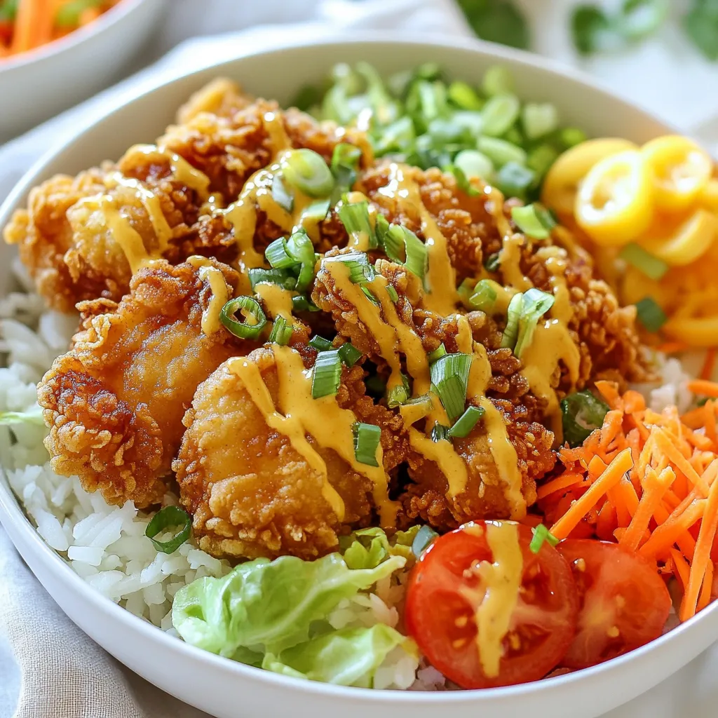 - 1 lb boneless, skinless chicken thighs - 1 cup buttermilk (or dairy-free alternative) - 1 cup all-purpose flour - ½ cup cornstarch - 1 teaspoon garlic powder - 1 teaspoon onion powder - ½ teaspoon cayenne pepper (adjust to taste) - Salt and black pepper to taste - ½ cup mayonnaise - 2 tablespoon sweet chili sauce - 1 teaspoon Sriracha sauce (adjust for heat) - 1 teaspoon lime juice - 1 cup cooked jasmine or basmati rice - 1 cup shredded iceberg lettuce - ½ cup shredded carrots - ½ cup cherry tomatoes, halved - ¼ cup sliced green onions To make a Crispy Bang Bang Chicken Bowl, you need fresh and tasty ingredients. The chicken thighs provide great flavor. Soaking them in buttermilk makes them juicy. If you need a dairy-free version, choose a dairy-free milk like almond or oat. The coating is key for that crispy crunch. Flour and cornstarch blend together to create a perfect texture. The seasoning adds flavor. Garlic and onion powders bring depth. Cayenne gives a mild heat. Adjust it to your liking. The Bang Bang sauce adds a creamy and spicy touch. Mayonnaise is the base. Sweet chili sauce gives it sweetness. Sriracha adds heat, and lime juice gives brightness. Mix these to create the perfect sauce. Don’t forget the base and veggies! Cooked jasmine or basmati rice makes a great foundation. Shredded iceberg lettuce adds crunch. Shredded carrots and halved cherry tomatoes add color and nutrients. Green onions finish the bowl with a fresh kick. Gather these ingredients, and you'll be ready for a fun cooking adventure! {{ingredient_image_1}} - Marinate the Chicken: Start by soaking the chicken thighs in buttermilk. This is best done for at least 1 hour or overnight. The buttermilk makes the chicken tender and juicy. - Prepare the Coating: In a bowl, mix the flour, cornstarch, garlic powder, onion powder, cayenne pepper, salt, and black pepper. This mix gives the chicken a nice crunch. - Heat the Oil: In a deep skillet, add about 1 inch of vegetable oil. Heat it over medium-high heat until it shimmers. This means it’s ready for frying. - Coat the Chicken: Take the marinated chicken out of the buttermilk. Let any extra buttermilk drip off. Now, dredge each piece in your flour mixture. Make sure each piece is fully coated and shake off the extra flour. - Fry the Chicken: Carefully place the coated chicken in the hot oil. Fry for 5-7 minutes on each side until golden brown and cooked through. Use batches if needed. Place the fried chicken on a paper towel-lined plate to drain excess oil. - Make the Bang Bang Sauce: In a small bowl, mix the mayonnaise, sweet chili sauce, Sriracha, and lime juice. Stir well until it’s smooth. This sauce adds a tasty kick to your dish. - Assemble the Bowl: In each serving bowl, start with a scoop of rice. Then, add the crispy chicken pieces. Next, layer on the shredded lettuce, carrots, halved cherry tomatoes, and green onions. - Drizzle Sauce: Finish your bowl by drizzling the Bang Bang sauce generously over the top. Enjoy your vibrant and tasty meal! Soak the chicken thighs in buttermilk for at least one hour. For more flavor, soak overnight. This makes the chicken tender and juicy. If you want a dairy-free option, use almond milk or coconut milk mixed with a bit of lemon juice. This gives a similar tangy taste. Check the oil temperature before frying. Heat it until it shimmers, about 350°F (175°C). Use a thermometer for accuracy. Fry the chicken in small batches. This helps them cook evenly and stay crispy. Avoid crowding the pan, as this lowers the oil temperature. For garnishing, use sliced green onions and sesame seeds. They add color and crunch. Serve each bowl with a lime wedge on the side. A fresh squeeze of lime brightens the flavors. Keep the bowls colorful and fresh by layering veggies neatly. Pro Tips Marination Matters: Allowing the chicken to marinate in buttermilk overnight enhances tenderness and flavor, making for a juicier bite. Perfect Oil Temperature: Ensure your oil is hot enough (around 350°F) before frying to achieve a crispy coating and avoid greasy chicken. Batch Frying: Fry the chicken in small batches to maintain the oil temperature, which ensures even cooking and crispiness. Customize the Sauce: Adjust the spiciness of the Bang Bang sauce by modifying the amount of Sriracha, or substitute with your favorite hot sauce for a unique twist. {{image_2}} You can enjoy a healthier version of the Crispy Bang Bang Chicken Bowl. One great option is to bake the chicken instead of frying it. This cuts down on oil and keeps the chicken juicy. For a baked version: - Preheat your oven to 400°F (200°C). - Place the coated chicken on a baking sheet lined with parchment paper. - Bake for about 25-30 minutes, flipping halfway through, until golden and crispy. You can also offer gluten-free choices. Simply swap all-purpose flour with gluten-free flour or almond flour. This way, everyone can enjoy the meal without worry. You can customize the Bang Bang sauce to match your taste. If you like more heat, add extra Sriracha or chili sauce. For a sweeter sauce, increase the sweet chili sauce. Mixing in different veggies adds flair to your bowl. Try bell peppers, cucumbers, or snap peas for a crunch. You can also use herbs like cilantro or basil for fresh flavor. If you want a change from chicken, shrimp works well. Just adjust cooking time to avoid overcooking. For a plant-based option, use tofu. Firm tofu absorbs flavors nicely and adds a nice texture. You can also make a vegetarian bowl with all the veggies and rice. It’s a great way to enjoy the same flavors without meat. To keep your Crispy Bang Bang Chicken Bowl fresh, store leftovers properly. Place the chicken and rice in separate airtight containers. This helps keep the chicken crispy and the rice fluffy. Refrigerate them within two hours of cooking. For best results, use the fridge's colder sections. If you want to freeze leftovers, let them cool first. Wrap chicken pieces tightly in plastic wrap, then in foil. Store rice in a separate container. This keeps moisture out. Label containers with the date to track freshness. The best way to reheat crispy chicken is in an oven or air fryer. Preheat your oven to 375°F. Place the chicken on a baking sheet. Heat for about 10-15 minutes until crisp. If using an air fryer, set it to 375°F and heat for 5-8 minutes. Avoid using the microwave, as it can make the chicken soggy. To keep the rice moist, add a splash of water before reheating. Cover the dish with a damp paper towel and microwave for 1-2 minutes. When stored properly, the Crispy Bang Bang Chicken Bowl lasts 3-4 days in the fridge. If frozen, it can last up to 3 months. Always check for signs of spoilage. Look for off smells, changes in color, or a slimy texture. If you notice any of these, it's best to discard the dish. A Bang Bang Chicken Bowl is a tasty dish featuring crispy chicken, rice, and fresh veggies. It combines flavors from Asian cuisine, especially Thai and American. The name "Bang Bang" comes from the spicy sauce that adds a kick to the chicken. This dish is great for a quick meal that feels special. Yes, you can make the Bang Bang sauce ahead of time. Just mix mayonnaise, sweet chili sauce, Sriracha, and lime juice in a bowl. Store it in the fridge for up to three days. This way, you save time when preparing your meal. Just remember to give the sauce a good stir before using it. For this recipe, jasmine or basmati rice works best. Both types are fluffy and have a nice aroma. You can cook the rice in water or broth for extra flavor. Follow the package instructions for the best results. If you want to save time, you can use pre-cooked rice. You can easily adjust the heat level of the sauce. To make it milder, reduce the amount of Sriracha. For more heat, add extra Sriracha or a pinch of cayenne pepper. Taste the sauce as you mix it to get the right balance for your preference. This blog post showed you how to make a tasty Bang Bang Chicken Bowl. We covered the ingredients, preparation steps, cooking methods, tips for success, and options for variations. With easy steps and fun ideas, you can enjoy this dish any way you like. Remember, cooking is about trying new things. So, grab your ingredients, have fun, and make a meal you’ll love! Enjoy the process and share your creations with others.